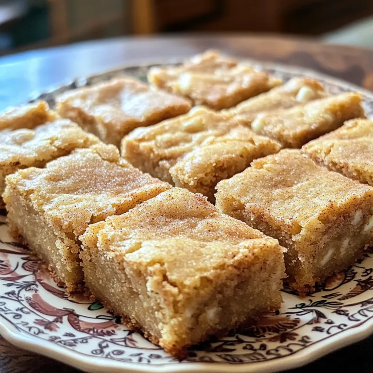 - 1 cup unsalted butter, melted - 1 cup brown sugar, packed - 1/2 cup granulated sugar - 2 large eggs - 2 teaspoons vanilla extract The main ingredients for Snickerdoodle Blondies create a rich, soft base. I love using unsalted butter because it gives the best flavor. The mix of brown sugar and granulated sugar adds sweetness and depth. Eggs help bind everything together, while vanilla extract brings a warm aroma. - 2 cups all-purpose flour - 1 tablespoon cornstarch - 1 teaspoon baking powder - 1/2 teaspoon baking soda - 1/2 teaspoon salt - 1 tablespoon ground cinnamon For the dry mix, all-purpose flour is key to a chewy texture. Cornstarch makes them soft and fluffy. Baking powder and baking soda help them rise. A touch of salt balances the sweetness, and ground cinnamon gives that classic snickerdoodle flavor. - 1/2 cup white chocolate chips - Cinnamon sugar topping If you want to add a twist, white chocolate chips are a great choice. They melt beautifully and add sweetness. You can also sprinkle cinnamon sugar on top before baking for extra flavor. This topping gives a lovely crunch and enhances that snickerdoodle taste. 1. Preheat your oven to 350°F (175°C). This helps the blondies bake evenly. 2. Grease a 9x13-inch baking pan or line it with parchment paper. This makes for easy removal. 3. In a large bowl, mix together the melted butter, brown sugar, and granulated sugar. Whisk until smooth and creamy. 4. Add the eggs, one by one. Mix well after each egg. Then, stir in the vanilla extract for extra flavor. 1. In a separate bowl, whisk together the flour, cornstarch, baking powder, baking soda, salt, and ground cinnamon. Mixing these well helps distribute the leaveners. 2. Gradually add the dry mix to the wet ingredients. Stir gently until just combined. If you want, fold in white chocolate chips for a sweet twist. 1. Spread the blondie batter evenly in your prepared pan. You want it nice and flat. 2. For a snickerdoodle touch, sprinkle a light dusting of cinnamon sugar on top. Mix 1 tablespoon of sugar with 1 teaspoon of cinnamon for this. 3. Bake in the oven for 20-25 minutes. Check for doneness by inserting a toothpick in the center. It should come out with a few moist crumbs, not wet batter. 4. Let the blondies cool in the pan for about 10 minutes. After that, transfer them to a wire rack to cool completely. Once cool, cut into squares and enjoy! - Using room temperature ingredients: Start with butter and eggs at room temp. This helps mix evenly. Warm butter blends well with sugar, giving a smooth batter. - How to avoid overmixing: Mix just until the flour vanishes. Overmixing makes blondies tough. Stir gently for a soft, chewy treat. - Optimal cooling time: Let blondies cool in the pan for about 10 minutes. Then move them to a wire rack. This makes sure they set well. - Presentation tips with cinnamon sugar and ice cream: Serve blondie squares on a nice plate. Sprinkle with cinnamon sugar for flair. Add a scoop of vanilla ice cream on the side for extra delight. - What to do if blondies are too dry or underbaked: If too dry, check next time for baking time. If underbaked, bake a few more minutes. Use a toothpick to test; it should come out with moist crumbs, not wet batter. {{image_2}} You can change the flavor of your snickerdoodle blondies easily. One fun way is to add nuts. Chopped pecans or walnuts add a nice crunch. You can also mix in chocolate chips for a sweet twist. Dark, milk, or even butterscotch chips work well. Try swapping spices, too. Nutmeg adds warmth and depth. It pairs nicely with cinnamon for a cozy taste. If you need gluten-free blondies, swap the all-purpose flour for a gluten-free blend. Most blends work well in this recipe. You can also make dairy-free blondies. Use coconut oil or a dairy-free butter substitute. For eggs, try flaxseed or applesauce. These options keep the blondies soft and delicious. Snickerdoodle blondies can fit any season. In fall, add pumpkin spice for a warm flavor. This spice mix gives a cozy vibe. For winter, try peppermint. Adding crushed candy canes gives a fun holiday twist. It adds both color and a refreshing crunch. Enjoy these variations and make your blondies unique! Store your blondies at room temperature in an airtight container. They stay fresh for about three days. If you want them to last longer, you can put them in the fridge. Just make sure to wrap them well. This keeps them moist and tasty. To freeze leftovers, let the blondies cool completely. Cut them into squares first. Wrap each square tightly in plastic wrap. Then, place them in a freezer bag. They can last for up to three months in the freezer. When you're ready to eat them, just take a square out and let it thaw at room temperature. You can also microwave them for a few seconds if you want them warm. Snickerdoodle blondies stay fresh for about three days at room temperature. In the fridge, they can last up to a week. If frozen, they will keep their taste and texture for about three months. Always check for any signs of spoilage before eating. Yes, you can use substitutes for both types of sugar. For brown sugar, try coconut sugar or maple sugar. They give a nice flavor and similar texture. For granulated sugar, you can use regular cane sugar or a sugar substitute like erythritol. Each will change the taste slightly, but they work well. If you want a vegan option, you have choices. You can use flaxseed meal mixed with water. Mix 1 tablespoon of flaxseed meal with 3 tablespoons of water. Let it sit for five minutes. Another option is unsweetened applesauce. Use 1/4 cup of applesauce for each egg. This keeps the blondies moist. To check if your blondies are done, look at the edges. They should be light golden brown. The center will look set, not wet. You can also gently press down in the middle. It should spring back slightly. If it does, your blondies are ready! You now have all the tools to make perfect snickerdoodle blondies. From essential ingredients to baking tips, every step helps create that warm, sweet treat. Remember, use room temperature ingredients and avoid overmixing for the best texture. Don't hesitate to get creative with add-ins and seasonal variations. Whether you're storing leftovers or adapting the recipe for dietary needs, these blondies can fit any occasion. Enjoy every bite and share your delicious creations!