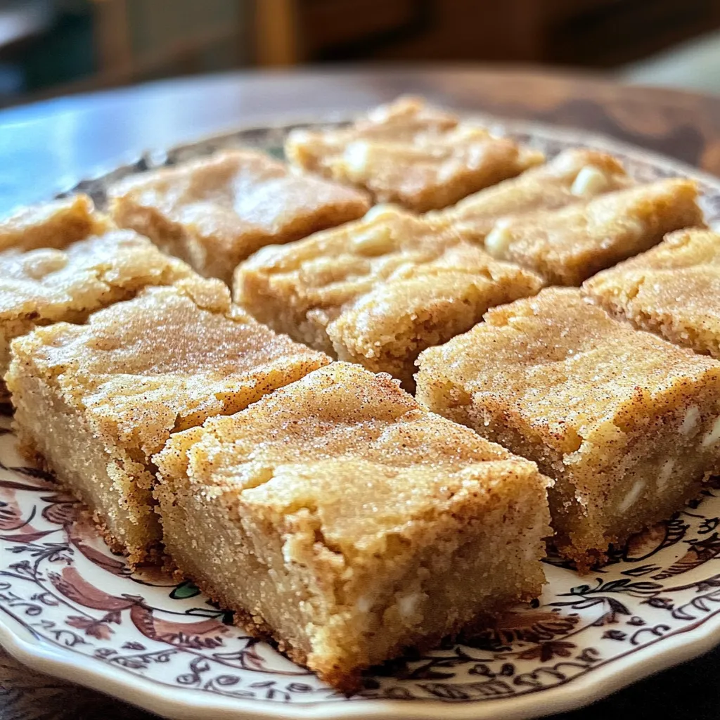 - 1 cup unsalted butter, melted - 1 cup brown sugar, packed - 1/2 cup granulated sugar - 2 large eggs - 2 teaspoons vanilla extract The main ingredients for Snickerdoodle Blondies create a rich, soft base. I love using unsalted butter because it gives the best flavor. The mix of brown sugar and granulated sugar adds sweetness and depth. Eggs help bind everything together, while vanilla extract brings a warm aroma. - 2 cups all-purpose flour - 1 tablespoon cornstarch - 1 teaspoon baking powder - 1/2 teaspoon baking soda - 1/2 teaspoon salt - 1 tablespoon ground cinnamon For the dry mix, all-purpose flour is key to a chewy texture. Cornstarch makes them soft and fluffy. Baking powder and baking soda help them rise. A touch of salt balances the sweetness, and ground cinnamon gives that classic snickerdoodle flavor. - 1/2 cup white chocolate chips - Cinnamon sugar topping If you want to add a twist, white chocolate chips are a great choice. They melt beautifully and add sweetness. You can also sprinkle cinnamon sugar on top before baking for extra flavor. This topping gives a lovely crunch and enhances that snickerdoodle taste. 1. Preheat your oven to 350°F (175°C). This helps the blondies bake evenly. 2. Grease a 9x13-inch baking pan or line it with parchment paper. This makes for easy removal. 3. In a large bowl, mix together the melted butter, brown sugar, and granulated sugar. Whisk until smooth and creamy. 4. Add the eggs, one by one. Mix well after each egg. Then, stir in the vanilla extract for extra flavor. 1. In a separate bowl, whisk together the flour, cornstarch, baking powder, baking soda, salt, and ground cinnamon. Mixing these well helps distribute the leaveners. 2. Gradually add the dry mix to the wet ingredients. Stir gently until just combined. If you want, fold in white chocolate chips for a sweet twist. 1. Spread the blondie batter evenly in your prepared pan. You want it nice and flat. 2. For a snickerdoodle touch, sprinkle a light dusting of cinnamon sugar on top. Mix 1 tablespoon of sugar with 1 teaspoon of cinnamon for this. 3. Bake in the oven for 20-25 minutes. Check for doneness by inserting a toothpick in the center. It should come out with a few moist crumbs, not wet batter. 4. Let the blondies cool in the pan for about 10 minutes. After that, transfer them to a wire rack to cool completely. Once cool, cut into squares and enjoy! - Using room temperature ingredients: Start with butter and eggs at room temp. This helps mix evenly. Warm butter blends well with sugar, giving a smooth batter. - How to avoid overmixing: Mix just until the flour vanishes. Overmixing makes blondies tough. Stir gently for a soft, chewy treat. - Optimal cooling time: Let blondies cool in the pan for about 10 minutes. Then move them to a wire rack. This makes sure they set well. - Presentation tips with cinnamon sugar and ice cream: Serve blondie squares on a nice plate. Sprinkle with cinnamon sugar for flair. Add a scoop of vanilla ice cream on the side for extra delight. - What to do if blondies are too dry or underbaked: If too dry, check next time for baking time. If underbaked, bake a few more minutes. Use a toothpick to test; it should come out with moist crumbs, not wet batter. {{image_2}} You can change the flavor of your snickerdoodle blondies easily. One fun way is to add nuts. Chopped pecans or walnuts add a nice crunch. You can also mix in chocolate chips for a sweet twist. Dark, milk, or even butterscotch chips work well. Try swapping spices, too. Nutmeg adds warmth and depth. It pairs nicely with cinnamon for a cozy taste. If you need gluten-free blondies, swap the all-purpose flour for a gluten-free blend. Most blends work well in this recipe. You can also make dairy-free blondies. Use coconut oil or a dairy-free butter substitute. For eggs, try flaxseed or applesauce. These options keep the blondies soft and delicious. Snickerdoodle blondies can fit any season. In fall, add pumpkin spice for a warm flavor. This spice mix gives a cozy vibe. For winter, try peppermint. Adding crushed candy canes gives a fun holiday twist. It adds both color and a refreshing crunch. Enjoy these variations and make your blondies unique! Store your blondies at room temperature in an airtight container. They stay fresh for about three days. If you want them to last longer, you can put them in the fridge. Just make sure to wrap them well. This keeps them moist and tasty. To freeze leftovers, let the blondies cool completely. Cut them into squares first. Wrap each square tightly in plastic wrap. Then, place them in a freezer bag. They can last for up to three months in the freezer. When you're ready to eat them, just take a square out and let it thaw at room temperature. You can also microwave them for a few seconds if you want them warm. Snickerdoodle blondies stay fresh for about three days at room temperature. In the fridge, they can last up to a week. If frozen, they will keep their taste and texture for about three months. Always check for any signs of spoilage before eating. Yes, you can use substitutes for both types of sugar. For brown sugar, try coconut sugar or maple sugar. They give a nice flavor and similar texture. For granulated sugar, you can use regular cane sugar or a sugar substitute like erythritol. Each will change the taste slightly, but they work well. If you want a vegan option, you have choices. You can use flaxseed meal mixed with water. Mix 1 tablespoon of flaxseed meal with 3 tablespoons of water. Let it sit for five minutes. Another option is unsweetened applesauce. Use 1/4 cup of applesauce for each egg. This keeps the blondies moist. To check if your blondies are done, look at the edges. They should be light golden brown. The center will look set, not wet. You can also gently press down in the middle. It should spring back slightly. If it does, your blondies are ready! You now have all the tools to make perfect snickerdoodle blondies. From essential ingredients to baking tips, every step helps create that warm, sweet treat. Remember, use room temperature ingredients and avoid overmixing for the best texture. Don't hesitate to get creative with add-ins and seasonal variations. Whether you're storing leftovers or adapting the recipe for dietary needs, these blondies can fit any occasion. Enjoy every bite and share your delicious creations!