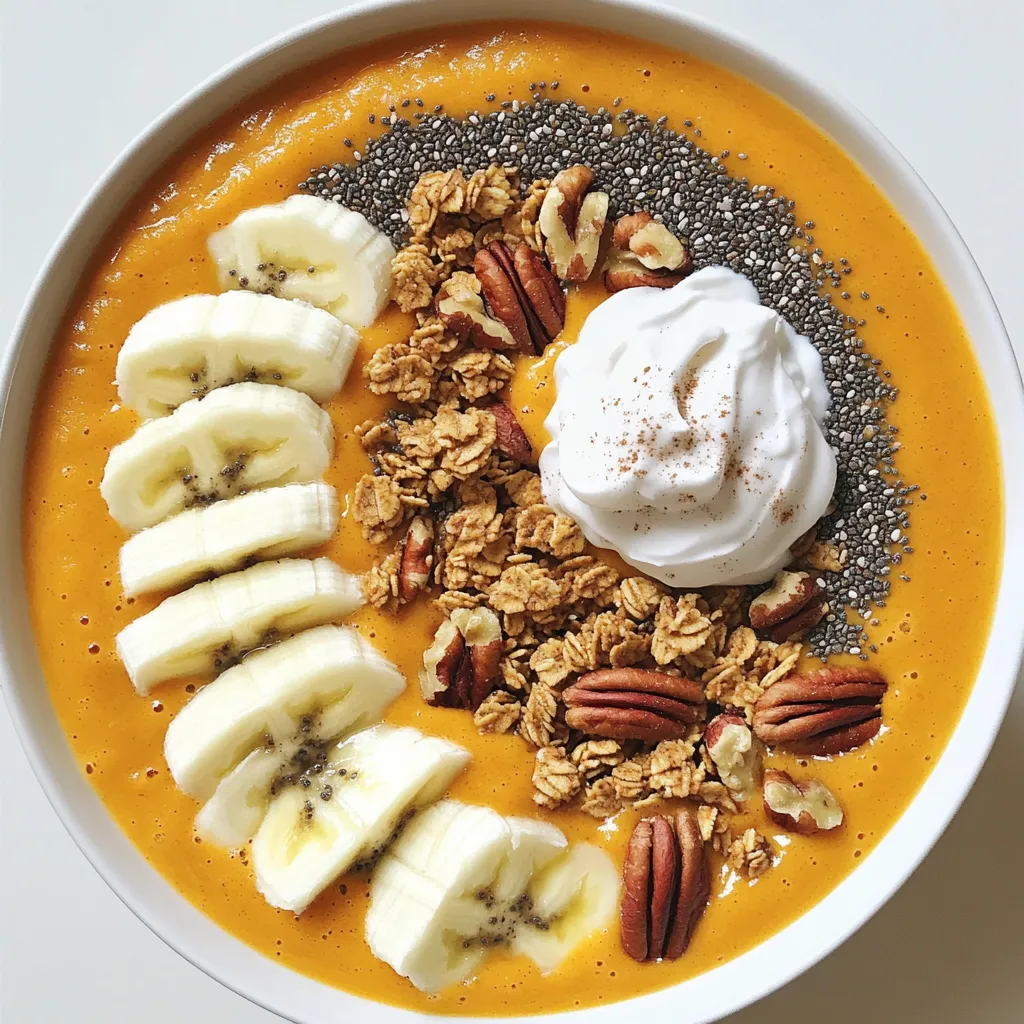 To make the Cozy Pumpkin Pie Smoothie Bowl, you will need a few simple ingredients. Each one adds to the creamy, warm flavors that remind us of fall. Here’s what you need: - 1 cup pumpkin puree (canned or freshly made) - 1 frozen banana - 1/2 cup Greek yogurt (or a dairy-free alternative) - 1/2 cup almond milk (or any milk you like) - 1 teaspoon vanilla extract - 1 teaspoon pumpkin pie spice - 1 tablespoon maple syrup (or honey) For toppings, you can choose from: - Granola - Sliced bananas - Chia seeds - Toasted pecans - A sprinkle of cinnamon - Coconut whipped cream (if you want) These ingredients come together to create a delightful blend. Pumpkin puree gives a rich base. The frozen banana adds creaminess and sweetness. Greek yogurt makes it thick, while almond milk keeps it smooth. Vanilla extract and pumpkin pie spice bring warmth and flavor. Finally, maple syrup adds a hint of sweetness. Feel free to mix and match the toppings! They add texture and extra flavor. Enjoy your cozy creation! To start, gather all your ingredients. You will need pumpkin puree, a frozen banana, Greek yogurt, almond milk, vanilla extract, pumpkin pie spice, and maple syrup. Place them all in a blender. Next, blend on high until the mixture is creamy and smooth. It should have no lumps. If it seems too thick, add a bit more almond milk. Blend again until you reach the perfect consistency. Once your smoothie base is ready, pour it into a bowl. Use a spatula to scrape the sides of the blender. This ensures you get every tasty bit. Now, let’s make it pretty! Start by adding a layer of granola in the center of the bowl. This adds crunch and texture. Next, arrange the sliced bananas, chia seeds, and toasted pecans around the granola. Be creative! You can make it look like a work of art. For some extra magic, sprinkle a bit of cinnamon on top. If you like, add a dollop of coconut whipped cream in the middle. Serve your smoothie bowl right away. Grab a spoon and dig in! This bowl is not just pretty; it’s a tasty treat too. For the best experience, enjoy it fresh and share it with friends. They will love this cozy fall delight. To get a smooth and creamy mix, start with a powerful blender. This tool helps blend everything evenly. Cut your banana into smaller pieces; this makes it easier to blend. If your smoothie is too thick, add a bit more almond milk. Blend again until it reaches your desired creaminess. If it’s too thin, you can add a little more pumpkin puree or Greek yogurt. This will help thicken your bowl. You can boost the taste of your smoothie bowl in many ways. Instead of Greek yogurt, try a coconut yogurt for a tropical twist. You can also swap almond milk for oat or soy milk. For sweetness, maple syrup works great, but honey or agave are good choices too. If you want a kick, add some ginger or nutmeg. These spices will add warmth and depth. The way you present your smoothie bowl can make it even more fun to eat. Start with a base layer of granola in the center; this adds crunch. Arrange sliced bananas, chia seeds, and toasted pecans around the granola in a circular pattern. For a pop of color, sprinkle cinnamon on top. If you use coconut whipped cream, place it in the middle for a nice touch. This makes your bowl look inviting and delicious! {{image_2}} If you want a dairy-free or vegan bowl, just swap the Greek yogurt. Use a thick dairy-free yogurt. Coconut yogurt works great and adds a nice flavor. For the milk, almond milk is a good choice. You can also try oat milk or soy milk. Each option gives a different taste and texture. You can add other fruits to your smoothie bowl. Try using mango or apple for a fresh twist. Frozen berries can add a burst of flavor too. For nuts or seeds, consider walnuts or sunflower seeds. They add crunch and extra nutrients. You can mix and match for fun textures and tastes. Want to spice things up? Add a pinch of cayenne pepper for heat. You can also mix in some cocoa powder for a chocolate flavor. This makes the smoothie bowl rich and delightful. Consider adding a dash of nutmeg for warmth. Each twist gives you a new way to enjoy your cozy pumpkin pie smoothie bowl! You can store your cozy pumpkin pie smoothie bowl in the fridge for up to three days. Keep it in an airtight container to keep it fresh. Before serving, give it a good stir. If it looks a bit thick, add a splash of almond milk to loosen it up. To freeze your smoothie bowl, pour it into a freezer-safe container. Leave some space at the top, as it will expand when frozen. It can last up to a month in the freezer. When you're ready to enjoy it, take it out and let it thaw in the fridge overnight. For a quick thaw, you can leave it on the counter for about 30 minutes. Blend it again if it needs a smoother texture. Yes, you can use fresh pumpkin. Fresh pumpkin gives a bright, pure flavor. However, it requires more prep time. You need to cook and puree the pumpkin. Canned pumpkin is easier and quicker. It is also consistent in texture and flavor. If you want to save time, stick with canned pumpkin. If you love fresh ingredients, use fresh pumpkin. To make your smoothie bowl thicker, use less liquid. Try adding more frozen banana or yogurt. You can also use less almond milk. Blend the ingredients less to keep them thick. If you want an even creamier texture, add avocado. It blends well and adds healthy fats. Play around with these tips to find your perfect thickness. If you want a different sweetener, try honey or agave syrup. Both give a nice sweetness. You can also use coconut sugar for a caramel flavor. If you prefer no sugar, try ripe dates. Just blend them in with the other ingredients. Each sweetener changes the flavor a bit, so choose what you like best. This cozy pumpkin pie smoothie bowl blends easy steps and tasty ingredients. You start with pumpkin, banana, and yogurt, mixing them until smooth. Next, pour the mix into a bowl and add your favorite toppings. Remember to adjust thickness and try different flavors for variety. You can store leftovers in the fridge or freeze them for later. Overall, this recipe is great for any season. Enjoy it for breakfast or a snack. You can customize it to match your taste. I hope you feel inspired to make this smoothie bowl a regular treat!