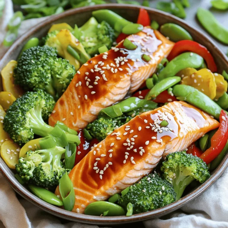 To make your sheet-pan teriyaki salmon bowls, gather these ingredients: - 4 salmon fillets (about 6 oz each) - 1 cup broccoli florets - 1 red bell pepper, sliced - 1 cup snap peas - 2 tablespoons olive oil - Salt and pepper to taste This savory teriyaki sauce gives flavor to your salmon. You will need: - 1/3 cup low-sodium soy sauce - 2 tablespoons honey or maple syrup - 1 tablespoon rice vinegar - 1 teaspoon grated fresh ginger - 2 cloves garlic, minced - 1 tablespoon cornstarch mixed with 1 tablespoon water (slurry) Garnishes add a nice touch to your dish. Consider using: - 1 teaspoon sesame seeds (for garnish) - 1 green onion, sliced (for garnish) Gather these ingredients, and you’re on your way to a tasty meal. Each element works together to create a dish that is both simple and delicious. To make the teriyaki sauce, start by gathering your ingredients. You need low-sodium soy sauce, honey or maple syrup, rice vinegar, grated ginger, and minced garlic. In a small saucepan, mix the soy sauce, honey, rice vinegar, ginger, and garlic. Heat it over medium heat. Watch closely until it bubbles gently. This takes about 3-5 minutes. Then, mix cornstarch with water to make a slurry. Add this to the pan. Stir for 1-2 minutes until the sauce thickens. Remove it from heat and let it cool a bit. Now, get your salmon fillets ready. Place them on one side of your lined sheet pan. Brush each fillet with the teriyaki sauce you just made. Next, prepare your veggies. In a bowl, toss broccoli florets, sliced red bell pepper, and snap peas with olive oil, salt, and pepper. Make sure they are coated well. Spread the veggies on the other side of the sheet pan. Preheat your oven to 400°F (200°C). Once it’s hot, put the sheet pan inside. Bake for 12-15 minutes. The salmon should flake easily with a fork, and the veggies should be tender but still crisp. After baking, drizzle any leftover teriyaki sauce over the salmon and veggies. To serve, divide the salmon and vegetables into bowls. Top with sesame seeds and sliced green onion for a fresh touch. Enjoy your delicious meal! When you pick salmon, look for bright, pink color. The flesh should be firm. Avoid fish that smells too strong or has dark spots. Fresh salmon has a clean scent. If possible, buy salmon with skin on. The skin helps keep the fish moist while cooking. To roast veggies well, cut them into even pieces. This way, they cook evenly. Toss them with olive oil, salt, and pepper before baking. Broccoli, bell peppers, and snap peas are great choices. Spread them out on the sheet pan. Don’t overcrowd them; this helps them turn crispy. Bake at 400°F for 12-15 minutes. Check for tenderness but keep them crisp. You can change the teriyaki sauce to fit your taste. Instead of honey, try maple syrup for a different sweetness. Add a splash of citrus juice for brightness. If you want more heat, mix in some sriracha or chili flakes. You can also add sesame oil for a nutty flavor. These simple changes can make your sauce unique. {{image_2}} If you want to switch up the protein, you have great choices. Chicken works well in this dish. Use boneless thighs or breasts. Just cut them into similar sizes to the salmon. Marinate them in the teriyaki sauce for extra flavor. Tofu is another fantastic option. Choose firm tofu and press it to remove water. Cut it into cubes and marinate like the salmon. The sauce will soak in nicely. Feel free to change the veggies based on what you like. Carrots add a nice crunch. Just slice them thinly to cook evenly. Zucchini is also a great choice. Cut it into half-moons for a fun shape. You can even use asparagus or cauliflower. Pick what’s in season or what you have on hand. This recipe is all about making it yours. Switching up the sauce can bring new life to your meal. A sweet chili sauce adds a nice kick. It gives a spicy and sweet flavor that is hard to resist. Peanut sauce is another option. It adds a creamy, nutty taste that pairs well with veggies. Or try a lemon-garlic sauce for a fresh twist. Mix lemon juice, garlic, and olive oil for a bright flavor. These options keep the dish exciting and fun. To store your leftovers, let the salmon and veggies cool first. Place them in an airtight container. This step keeps the food fresh longer. You can keep them in the fridge for up to three days. If you want to enjoy them later, consider freezing. When you’re ready to eat, you can reheat in several ways. The best method is to use the oven. Preheat it to 350°F (175°C). Place the salmon and veggies on a baking sheet. Cover them with foil to keep moisture in. Heat for about 10 minutes. You can also use the microwave for a quicker option. Use a microwave-safe dish and cover it. Heat in short bursts, stirring in between, until warm. If you want to freeze your meal, it's easy! Wrap each portion tightly with plastic wrap. Then, place them in a freezer-safe bag. This way, you can keep them for up to three months. When you’re ready to eat, thaw in the fridge overnight. Then, reheat as mentioned above. This process helps you enjoy your teriyaki salmon bowls anytime! You can serve these bowls with rice or quinoa. Both add a nice touch. You can also add sliced cucumbers for crunch. A fresh salad on the side works well too. Feel free to mix in some avocado for creaminess. These options make a great meal together. Yes, you can easily make this dish gluten-free. Use gluten-free soy sauce instead of regular soy sauce. This small swap keeps the flavor while making it safe. Honey or maple syrup is gluten-free, so no worries there. Double-check the labels on all ingredients to ensure they are gluten-free. You can tell the salmon is done when it flakes easily with a fork. Look for a bright, opaque color. The internal temperature should reach 145°F (63°C). If you do not have a thermometer, check the thickest part of the salmon. It should no longer look raw or translucent. You now have all the tools to make delicious salmon bowls. We covered key ingredients, easy steps, and tips for perfect results. I shared ideas for variations and how to store your meals. Experiment with different proteins and sauces to find your favorite mix. Cooking should be fun and tasty. Enjoy creating your own teriyaki bowls and share the good times with friends and family!