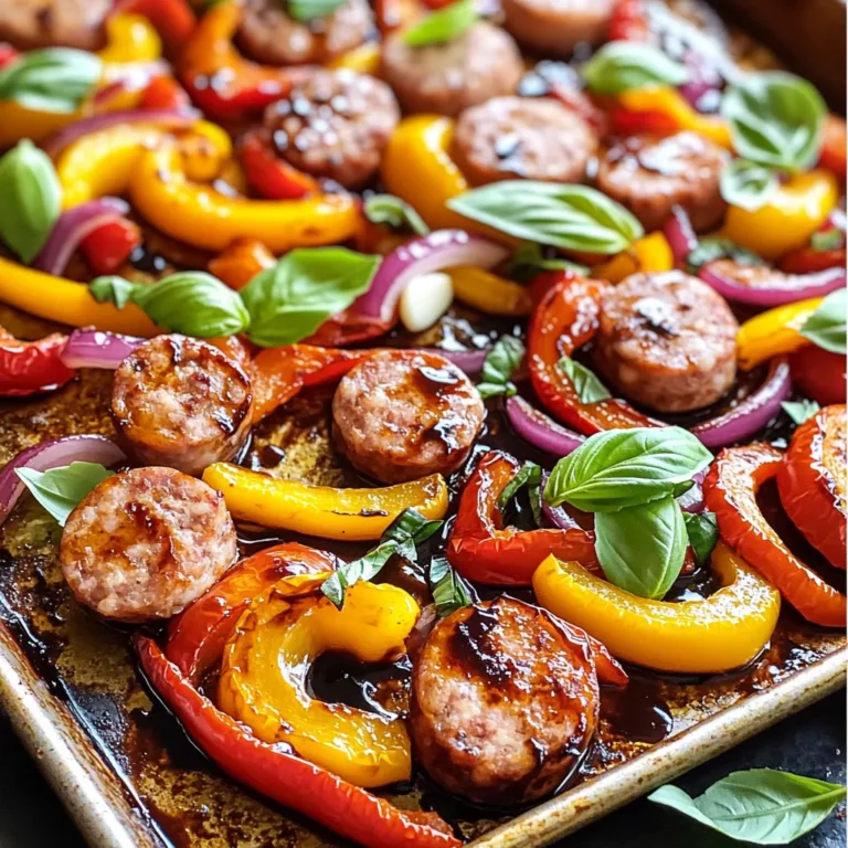 To make Sheet Pan Balsamic Sausage & Peppers, you will need: - 1 pound Italian chicken sausage, sliced - 2 bell peppers (one red, one yellow), sliced - 1 large red onion, sliced - 3 cloves garlic, minced - 1/4 cup balsamic vinegar - 2 tablespoons olive oil - 1 teaspoon dried oregano - 1 teaspoon thyme - Salt and pepper to taste - Fresh basil, for garnish You can swap some ingredients to fit your taste. Use turkey sausage if you want a leaner option. Any color of bell pepper works well. Try using yellow or green bell peppers. If you don't have fresh garlic, garlic powder can work in a pinch. For herbs, fresh thyme can replace dried thyme. Fresh herbs add bright flavors, while dried herbs are more concentrated. If you use fresh oregano or thyme, you will need more than the dried version. I recommend using three times as much fresh herb. Fresh basil makes a great garnish. It adds color and flavor to the dish. First, gather all your ingredients. You will need: - 1 pound Italian chicken sausage, sliced - 2 bell peppers (one red, one yellow), sliced - 1 large red onion, sliced - 3 cloves garlic, minced - 1/4 cup balsamic vinegar - 2 tablespoons olive oil - 1 teaspoon dried oregano - 1 teaspoon thyme - Salt and pepper to taste - Fresh basil, for garnish Next, preheat your oven to 400°F (200°C). This step is key for even cooking. In a large mixing bowl, add the sliced sausage, bell peppers, red onion, and minced garlic. They will add great flavor and texture. In a smaller bowl, whisk together the balsamic vinegar, olive oil, oregano, thyme, salt, and pepper. This mix will coat your sausage and veggies nicely. Pour this mixture over the sausage and veggies. Toss everything until it is well coated. Now, spread the mixture evenly on a large sheet pan. Make sure it is in a single layer. This helps with even roasting. Place the sheet pan in your preheated oven. Roast for 25 to 30 minutes. Stir halfway through to ensure even cooking. The sausage should be cooked through, and the veggies should be tender and caramelized. The smell will be amazing as they cook! To check if the sausage is done, cut a piece in half. It should have no pink inside. The veggies should be soft and slightly brown. Once everything is cooked, remove the pan from the oven. Let it sit for a few minutes. Before serving, garnish with fresh basil for a pop of color and flavor. Enjoy your delicious Sheet Pan Balsamic Sausage & Peppers! For this dish, roasting is the best method. It allows the sausage and veggies to caramelize. I recommend using a large sheet pan. This gives enough space for the ingredients to roast well. Make sure to spread them in a single layer. This helps everything cook evenly. Stir halfway through cooking for the best results. Balsamic vinegar adds a deep, rich taste. You can boost flavor by adding a pinch of red pepper flakes for heat. Try using fresh herbs like basil or parsley. Fresh herbs bring brightness to the dish. A sprinkle of Parmesan cheese before serving adds a nice touch. For a sweeter flavor, add a bit of honey to the balsamic mix. Serve the dish straight from the sheet pan for a rustic look. Transfer it to a large platter for a more formal setting. Drizzling extra balsamic glaze on top makes it shine. Pair this dish with crusty bread or a light salad for balance. This meal is not only tasty, but it's also colorful and inviting. {{image_2}} You can switch up the sausage to fit your taste. Try turkey sausage for a leaner dish. Or, use pork sausage for a richer flavor. Spicy sausage adds a nice kick, while sweet Italian sausage gives a different twist. Each option brings its unique taste to the meal. If you prefer a meatless option, go for plant-based sausage. Many brands offer great flavors that mimic traditional sausage. You can also use marinated tofu or tempeh for a hearty texture. Chickpeas are a fun choice too; they soak up the balsamic well and add protein. Feel free to mix in your favorite veggies. Zucchini, mushrooms, and asparagus work great. Carrots add sweetness, while broccoli gives a nice crunch. You can also add cherry tomatoes for a burst of flavor. Just make sure to cut them so they cook evenly with the sausage. To keep your leftovers fresh, let the dish cool. Then, transfer it to an airtight container. Place it in the fridge. It will stay good for about three days. Make sure to seal it tightly to avoid any odors. When you are ready to eat, you can reheat the dish easily. Use a microwave for quick heating. Heat in one-minute intervals until warm. You can also reheat it in the oven. Set the oven to 350°F (175°C) and warm for about 10-15 minutes. This keeps the flavors nice. If you want to save some for later, freezing is a great option. First, cool the dish completely. Then, place portions in freezer-safe bags. Squeeze out as much air as you can before sealing. This way, the dish can last for up to three months. When you’re ready to eat, defrost it overnight in the fridge. Then reheat as needed. Yes, you can prepare this dish in advance. You can slice the sausage and veggies the night before. Just store them in the fridge until you're ready to cook. This makes dinner prep quick and easy. When you’re ready, toss everything with the balsamic mix and roast. It will taste great even after a night in the fridge. You have many tasty options for sides. Here are some ideas: - Rice or Quinoa: Both soak up the delicious juices. - Crusty Bread: Perfect for mopping up sauce. - Salad: A light green salad adds freshness. - Pasta: Toss some pasta with olive oil and herbs. These sides balance well with the dish's rich flavors. To check if the sausage is done, use a meat thermometer. The internal temperature should reach 165°F (74°C). If you don’t have a thermometer, cut a piece in half. The meat should be no longer pink inside. The juices should run clear. Don't forget to check the veggies too; they should be tender and caramelized. In this post, we explored the key steps to make Sheet Pan Balsamic Sausage & Peppers. We covered essential ingredients, cooking methods, and helpful tips to boost flavor. I shared ways to adjust ingredients for your taste and storage tips for leftovers. Remember, cooking should be fun and flexible. Use this guide to enjoy a tasty meal whether with meat or veggies. Enjoy your cooking and stay creative in the kitchen!