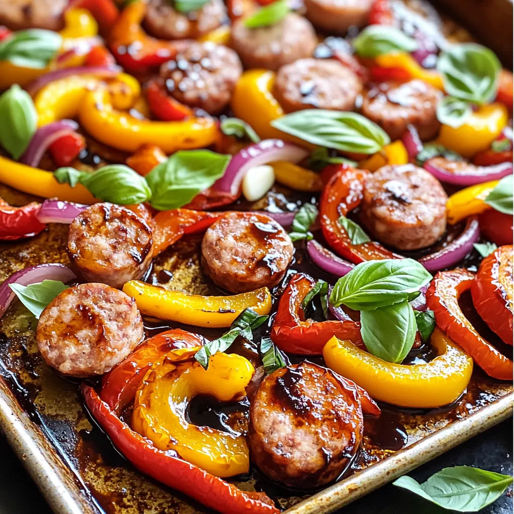 To make Sheet Pan Balsamic Sausage & Peppers, you will need: - 1 pound Italian chicken sausage, sliced - 2 bell peppers (one red, one yellow), sliced - 1 large red onion, sliced - 3 cloves garlic, minced - 1/4 cup balsamic vinegar - 2 tablespoons olive oil - 1 teaspoon dried oregano - 1 teaspoon thyme - Salt and pepper to taste - Fresh basil, for garnish You can swap some ingredients to fit your taste. Use turkey sausage if you want a leaner option. Any color of bell pepper works well. Try using yellow or green bell peppers. If you don't have fresh garlic, garlic powder can work in a pinch. For herbs, fresh thyme can replace dried thyme. Fresh herbs add bright flavors, while dried herbs are more concentrated. If you use fresh oregano or thyme, you will need more than the dried version. I recommend using three times as much fresh herb. Fresh basil makes a great garnish. It adds color and flavor to the dish. First, gather all your ingredients. You will need: - 1 pound Italian chicken sausage, sliced - 2 bell peppers (one red, one yellow), sliced - 1 large red onion, sliced - 3 cloves garlic, minced - 1/4 cup balsamic vinegar - 2 tablespoons olive oil - 1 teaspoon dried oregano - 1 teaspoon thyme - Salt and pepper to taste - Fresh basil, for garnish Next, preheat your oven to 400°F (200°C). This step is key for even cooking. In a large mixing bowl, add the sliced sausage, bell peppers, red onion, and minced garlic. They will add great flavor and texture. In a smaller bowl, whisk together the balsamic vinegar, olive oil, oregano, thyme, salt, and pepper. This mix will coat your sausage and veggies nicely. Pour this mixture over the sausage and veggies. Toss everything until it is well coated. Now, spread the mixture evenly on a large sheet pan. Make sure it is in a single layer. This helps with even roasting. Place the sheet pan in your preheated oven. Roast for 25 to 30 minutes. Stir halfway through to ensure even cooking. The sausage should be cooked through, and the veggies should be tender and caramelized. The smell will be amazing as they cook! To check if the sausage is done, cut a piece in half. It should have no pink inside. The veggies should be soft and slightly brown. Once everything is cooked, remove the pan from the oven. Let it sit for a few minutes. Before serving, garnish with fresh basil for a pop of color and flavor. Enjoy your delicious Sheet Pan Balsamic Sausage & Peppers! For this dish, roasting is the best method. It allows the sausage and veggies to caramelize. I recommend using a large sheet pan. This gives enough space for the ingredients to roast well. Make sure to spread them in a single layer. This helps everything cook evenly. Stir halfway through cooking for the best results. Balsamic vinegar adds a deep, rich taste. You can boost flavor by adding a pinch of red pepper flakes for heat. Try using fresh herbs like basil or parsley. Fresh herbs bring brightness to the dish. A sprinkle of Parmesan cheese before serving adds a nice touch. For a sweeter flavor, add a bit of honey to the balsamic mix. Serve the dish straight from the sheet pan for a rustic look. Transfer it to a large platter for a more formal setting. Drizzling extra balsamic glaze on top makes it shine. Pair this dish with crusty bread or a light salad for balance. This meal is not only tasty, but it's also colorful and inviting. {{image_2}} You can switch up the sausage to fit your taste. Try turkey sausage for a leaner dish. Or, use pork sausage for a richer flavor. Spicy sausage adds a nice kick, while sweet Italian sausage gives a different twist. Each option brings its unique taste to the meal. If you prefer a meatless option, go for plant-based sausage. Many brands offer great flavors that mimic traditional sausage. You can also use marinated tofu or tempeh for a hearty texture. Chickpeas are a fun choice too; they soak up the balsamic well and add protein. Feel free to mix in your favorite veggies. Zucchini, mushrooms, and asparagus work great. Carrots add sweetness, while broccoli gives a nice crunch. You can also add cherry tomatoes for a burst of flavor. Just make sure to cut them so they cook evenly with the sausage. To keep your leftovers fresh, let the dish cool. Then, transfer it to an airtight container. Place it in the fridge. It will stay good for about three days. Make sure to seal it tightly to avoid any odors. When you are ready to eat, you can reheat the dish easily. Use a microwave for quick heating. Heat in one-minute intervals until warm. You can also reheat it in the oven. Set the oven to 350°F (175°C) and warm for about 10-15 minutes. This keeps the flavors nice. If you want to save some for later, freezing is a great option. First, cool the dish completely. Then, place portions in freezer-safe bags. Squeeze out as much air as you can before sealing. This way, the dish can last for up to three months. When you’re ready to eat, defrost it overnight in the fridge. Then reheat as needed. Yes, you can prepare this dish in advance. You can slice the sausage and veggies the night before. Just store them in the fridge until you're ready to cook. This makes dinner prep quick and easy. When you’re ready, toss everything with the balsamic mix and roast. It will taste great even after a night in the fridge. You have many tasty options for sides. Here are some ideas: - Rice or Quinoa: Both soak up the delicious juices. - Crusty Bread: Perfect for mopping up sauce. - Salad: A light green salad adds freshness. - Pasta: Toss some pasta with olive oil and herbs. These sides balance well with the dish's rich flavors. To check if the sausage is done, use a meat thermometer. The internal temperature should reach 165°F (74°C). If you don’t have a thermometer, cut a piece in half. The meat should be no longer pink inside. The juices should run clear. Don't forget to check the veggies too; they should be tender and caramelized. In this post, we explored the key steps to make Sheet Pan Balsamic Sausage & Peppers. We covered essential ingredients, cooking methods, and helpful tips to boost flavor. I shared ways to adjust ingredients for your taste and storage tips for leftovers. Remember, cooking should be fun and flexible. Use this guide to enjoy a tasty meal whether with meat or veggies. Enjoy your cooking and stay creative in the kitchen!