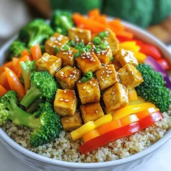 - 1 block (14 oz) firm tofu, drained and pressed - 3 tablespoons honey (or agave syrup for a vegan option) - 3 tablespoons soy sauce - 1 tablespoon sesame oil The main ingredients form the heart of the dish. Firm tofu is the base. It adds protein and absorbs flavors well. Honey or agave syrup brings sweetness and richness. Soy sauce adds a salty, umami touch. Sesame oil enhances the overall flavor with its nutty scent. - 1 cup cooked quinoa (or rice) - 1 cup broccoli florets - 1 carrot, julienned - 1 red bell pepper, sliced Next, we add vegetables. Quinoa or rice serves as a filling base. Broccoli adds crunch and nutrients. Carrots bring color and sweetness. Red bell pepper adds a nice bite and vibrant hue. These vegetables make the bowl balanced and nutritious. - 2 green onions, chopped - Sesame seeds, for garnish Finally, we have garnishes. Chopped green onions add freshness and a mild onion taste. Sesame seeds give a slight crunch and nutty flavor. These simple touches elevate the dish's look and taste. They make your Air Fryer Honey Garlic Tofu Bowls even more appealing! To start, you need to cut the tofu and press it. First, drain the block of firm tofu. Then, wrap it in a clean kitchen towel. Place something heavy on top, like a cast-iron skillet. Let it sit for about 15 minutes. This removes extra moisture, which helps the tofu crisp up. Next, cut the pressed tofu into bite-sized cubes. Try to make them even for cooking. Place the cubes in a bowl. Now, it's time to marinate. In another bowl, whisk together honey, soy sauce, minced garlic, and sesame oil. Pour this mixture over the tofu. Gently toss it to coat every piece. Let the tofu marinate for at least 15 minutes. This step adds great flavor! Once your tofu is marinated, it's time to cook. Start by coating the tofu with cornstarch. Sprinkle the cornstarch over the marinated tofu. Toss gently to ensure an even coat. This will give it a crispy texture when cooked. Now, preheat your air fryer to 375°F (190°C). Place the tofu cubes in a single layer in the basket. Cook for 15-20 minutes. Shake the basket halfway through to ensure even cooking. The tofu should turn golden brown and crispy. While the tofu cooks, focus on the veggies. Steam or sauté broccoli, carrots, and bell pepper in a non-stick pan. Use medium heat for about 5-7 minutes. You want them tender, but not mushy. With everything cooked, it's time to assemble your bowls. Start by dividing the cooked quinoa or rice among bowls. Then, layer the sautéed veggies on top. Don’t forget the crispy tofu! For garnish, sprinkle chopped green onions and sesame seeds over the top. This adds a nice crunch and flavor. You can arrange the ingredients in a colorful rainbow pattern for a fun look. Enjoy your vibrant and delicious Air Fryer Honey Garlic Tofu Bowls! To get the best tofu, cornstarch is a must. It gives the tofu a nice, crispy crust. First, cut the tofu into small cubes. Then, after marinating, sprinkle the cornstarch over it. Toss the tofu gently to coat it evenly. This step ensures that every piece gets crispy in the air fryer. For air frying, set the temperature to 375°F (190°C). This heat works perfectly for getting that golden color. Cook the tofu for 15 to 20 minutes. Don’t forget to shake the basket halfway through. This helps the tofu cook evenly and get crispy on all sides. You can customize the marinade to match your taste. Want it spicier? Add some red pepper flakes. Prefer a citrusy twist? Squeeze in some lime juice. If you want a vegan option, you can swap honey for agave syrup. It gives a similar sweetness without using honey. Other sweeteners, like maple syrup, can also work well. When it comes to sides, consider adding a fresh salad or steamed greens. These can add a nice crunch and balance the bowl. You can also serve it with a side of pickled vegetables for extra flavor. For meal prep, you can store each component separately. This keeps the tofu crispy and the veggies fresh. Pack your quinoa, tofu, and vegetables in different containers. When you're ready to eat, just assemble your bowl. This way, you’ll have a fresh meal ready to go! {{image_2}} If you want to make this dish vegan, you can swap honey for agave syrup. Agave syrup gives a similar sweetness without using animal products. For protein, try chickpeas or tempeh instead of tofu. Both options add great flavor and texture. When it comes to grains, brown rice and quinoa are excellent choices. They are healthy and filling. You can also use cauliflower rice for a low-carb option. It adds a nice crunch and keeps the meal light. You can use many vegetables in your bowls. Year-round favorites include broccoli, bell peppers, and carrots. For seasonal produce, try zucchini in summer or Brussels sprouts in fall. Adding seasonal veggies boosts freshness and flavor. Mix and match to keep your bowls exciting. Store leftovers in an airtight container. Keep them in the fridge for up to four days. You can freeze the tofu, but the texture may change. If freezing, cut the tofu into cubes first. Place them in single layers in a freezer-safe bag. Use within three months for the best taste. The best way to reheat tofu is in the air fryer. Set it to 350°F (175°C) for about five minutes. This keeps the tofu crispy. You can also use a skillet on medium heat. Add a splash of water to avoid dryness. For bowls, reheat quinoa and veggies in the microwave for one to two minutes. Keep quinoa and vegetables in separate containers. This helps maintain their texture and taste. Store quinoa in the fridge for up to five days. For veggies, use them within three days for freshness. When meal prepping, pack each component in its own container. This makes it easy to mix and match throughout the week. You can marinate tofu for at least 15 minutes. This time allows the tofu to soak in the flavors. If you have more time, try marinating it for up to 2 hours. The longer it sits, the more flavor it absorbs. Just keep it in the fridge while it marinates to stay safe. Yes, you can use many sauces to change the flavor. Try teriyaki sauce for a sweet twist. You can also use spicy chili sauce for a kick. If you want a tangy taste, mix in some lime juice. Each sauce will give your tofu a unique twist. The best temperature for air frying tofu is 375°F (190°C). This heat crisps the outside while keeping the inside soft. Make sure to shake the basket halfway through cooking. This step ensures even cooking and a nice golden color on all sides. In this post, we explored a delicious tofu bowl recipe, focusing on key ingredients like firm tofu, honey or agave syrup, and tasty veggies. We covered how to prepare and cook tofu, along with tips for perfecting its texture and flavor. You can also customize your dish with grains and seasonal veggies. Finally, I shared storage tips to keep leftovers fresh. Enjoy crafting your own unique tofu bowls. They are healthy, fun, and easy to make, perfect for any meal!