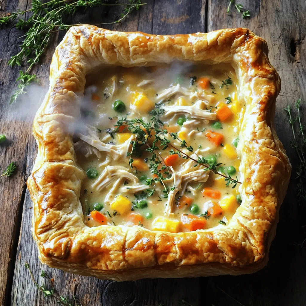 To make this tasty chicken pot pie, gather these ingredients: - 1 pound cooked chicken, shredded or diced - 1 cup frozen mixed vegetables (peas, carrots, corn) - 1 cup chicken broth - 1/2 cup heavy cream - 1 small onion, diced - 2 cloves garlic, minced - 2 tablespoons butter - 1 teaspoon dried thyme - Salt and pepper to taste - 1 package (17.3 oz) puff pastry sheets, thawed - 1 egg, beaten (for egg wash) You can swap some ingredients if needed: - Use rotisserie chicken for cooked chicken. - Fresh veggies work well instead of frozen mixed vegetables. - Swap heavy cream for milk or a dairy-free cream. - Use vegetable broth for a lighter option. - Garlic powder can replace fresh garlic if you’re in a pinch. To make your cooking easier, have these tools ready: - Large skillet for cooking the filling - Baking dish for the pot pie - Rolling pin for puff pastry - Knife for cutting the pastry - Pastry brush for the egg wash - Measuring cups and spoons for accuracy - Mixing spoon for stirring the filling These ingredients and tools will set you up for a wonderful cooking experience. Enjoy making your meal! Start by melting two tablespoons of butter in a large skillet over medium heat. Add one small diced onion and sauté until soft, which takes about five minutes. Then, add two minced garlic cloves and cook for one more minute. Next, stir in one pound of shredded chicken and one cup of frozen mixed vegetables. These can be peas, carrots, and corn. Pour in one cup of chicken broth and half a cup of heavy cream. Mix in one teaspoon of dried thyme, plus salt and pepper to taste. Cook this mixture for five to seven minutes until it gets warm and a bit thick. Take your thawed puff pastry sheets and roll them out on a lightly floured surface. Cut the pastry to fit your baking dish. You can use a round dish for a classic look or a rectangular one for easier serving. Once you have the right size, pour the warm chicken mixture into the dish. Cover it with the puff pastry and pinch the edges to seal them well. This step keeps all the goodness inside. Don't forget to cut a few slits in the top to let steam escape. Preheat your oven to 400°F (200°C). Brush the top of your pastry with a beaten egg. This gives it a golden color when it bakes. Place your dish in the oven and bake for 25 to 30 minutes. Look for the pastry to puff up and turn golden brown. Once done, let it cool for a few minutes before serving. Enjoy your delicious chicken pot pie! To get the best puff pastry, keep it cold. Warm dough does not puff well. Use a light touch when rolling it out. This keeps the layers intact. I recommend working quickly. If it gets warm, chill it in the fridge. Egg wash adds a nice shine. This gives your pot pie a golden look. Brush the puff pastry with a beaten egg before baking. It makes a big difference! A tasty filling makes the pot pie shine. Start with good chicken. Use cooked chicken that is juicy and flavorful. Add fresh herbs, like thyme. This brings out great taste. Don’t forget salt and pepper. They enhance the overall flavor. You can also add garlic for extra depth. Mix in a splash of white wine for a gourmet twist. One big mistake is overcooking the filling. Cook it just until heated through. You want it creamy, not dry. Another error is not sealing the edges. Ensure you pinch them well. This keeps the filling from bubbling out during baking. Lastly, don’t skip the slits in the pastry. These let steam escape, preventing sogginess. Treat the pot pie with care, and it will reward you! {{image_2}} You can make a tasty vegetarian pot pie. Simply swap the chicken for hearty veggies. Use mushrooms, potatoes, or even lentils for protein. You can add more frozen mixed vegetables too. For the sauce, keep the broth and cream or use vegetable broth and coconut milk. This keeps it creamy and rich. Feel free to change the protein in this recipe. Turkey works great, especially after holidays. Just shred the leftover turkey and mix it with the veggies. You can also use ground beef for a heartier dish. Brown the beef first, then add the rest of the filling. Each protein gives a new twist to the flavor. Adding herbs and spices can boost the flavor. Use fresh herbs like rosemary or parsley for brightness. You could also try adding a pinch of paprika or cayenne for warmth. If you like it zesty, a squeeze of lemon juice adds a nice touch. These small changes can make a big difference in taste. To keep your chicken pot pie fresh, let it cool first. Cover it with plastic wrap or foil. You can also place it in an airtight container. Store it in the fridge for up to three days. This way, you can enjoy leftovers without losing flavor. You can freeze your chicken pot pie for later. Before baking, wrap it tightly in plastic wrap and then in foil. Label it with the date. It will stay fresh in the freezer for up to three months. When ready to eat, thaw it overnight in the fridge. Bake it as directed. To reheat your chicken pot pie, use the oven for the best taste. Preheat your oven to 350°F (175°C). Place the pie on a baking sheet to catch any drips. Bake for about 20-25 minutes or until heated through. This keeps the crust crispy and delicious. You can also use a microwave, but the crust may get soft. If you must, heat it in 1-minute intervals until warm. Yes, you can make this dish ahead of time. Prepare the filling and store it in the fridge. You can layer it in the baking dish with the puff pastry and cover it. Just bake it when you are ready to eat. This way, you save time during busy days. Chicken pot pie pairs well with many sides. Consider these options: - Side salad with fresh greens - Mashed potatoes for extra comfort - Steamed broccoli for a healthy touch - Garlic bread to soak up the gravy These add variety and balance the meal. You will know your pot pie is ready when the pastry is golden brown and puffed. Check the filling, too. It should be bubbling around the edges. If you see steam escaping from the slits in the pastry, it is a good sign that it is done. Enjoy the warm, cozy aroma as it bakes! In this blog post, we explored easy chicken pot pie. We covered ingredients, substitutions, and tools you need. I shared clear steps for prepping, baking, and working with puff pastry. I offered tips for a flaky crust and tasty filling. You learned about variations, from vegetarian options to using different meats. Finally, I explained storage and reheating for best results. Now you’re ready to make your own delicious pot pie. Enjoy the process and the tasty results!
