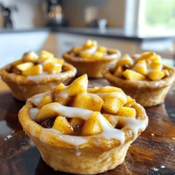 - 1 can refrigerated cinnamon roll dough - 2 medium apples, peeled and diced - 1/4 cup brown sugar - 1 teaspoon cinnamon - 1 tablespoon lemon juice - 1 tablespoon butter, melted - 1/4 cup raisins or chopped walnuts (optional) These ingredients create a warm, sweet treat. The cinnamon roll dough gives a flaky base. The apples bring a fresh taste. Brown sugar and cinnamon add sweetness and warmth. Lemon juice brightens the apple flavor. Melted butter makes everything rich. Optional raisins or walnuts add a nice crunch. - Additional spices (e.g., nutmeg, allspice) - Substitutions for sweeteners You can change the flavor with spices like nutmeg or allspice. These add depth to the filling. If you want less sugar, use honey or maple syrup. Each option gives a unique twist. Experiment to find your favorite mix! 1. Preheat the oven to 350°F (175°C). This ensures your treats bake evenly and turn golden brown. 2. Prepare the apple filling. In a bowl, mix the diced apples, brown sugar, cinnamon, lemon juice, and melted butter. If you want, add raisins or walnuts. Toss until all the apples are coated well. 1. Flatten the cinnamon roll dough. Open the can and take out each roll. Use your hands to flatten them slightly. This helps them fit into the muffin tin. 2. Form the muffin cups. Grease your muffin tin with non-stick spray or butter. Place each flattened roll into the cups. Press the dough into the bottom and up the sides to create a nice cup shape. 1. Fill the cups with the apple mixture. Spoon the apple filling into each cinnamon roll cup. Pack it in gently but firmly to get an even amount in each. 2. Bake and check for doneness. Place the muffin tin in the oven. Bake for 15-18 minutes. Watch for the cinnamon rolls to turn golden brown and for the apples to soften. 3. Cool and glaze the cups. Once done, take the muffin tin out of the oven. Let it cool for a few minutes. Use a knife to loosen the edges of each cup. Drizzle the included glaze over them while they’re still warm. Enjoy the sweet and warm flavors! To ensure even cooking and texture in your cinnamon roll apple pie cups, follow these steps: - Preheat your oven properly. Always set your oven to 350°F (175°C) before you start. This helps the dough cook evenly. - Use room temperature ingredients. Let your cinnamon roll dough sit out a bit. This makes it easier to work with. Avoid soggy bottoms by: - Pressing the dough firmly into the muffin tin. This helps create a strong base. - Baking until golden brown. Watch for that lovely golden color. It means the dough is done. For a fun twist on the glaze, try these ideas: - Add vanilla extract to the glaze for extra flavor. Just a dash can make a big difference. - Mix in some maple syrup for a sweet twist. It pairs perfectly with the apple filling. - Top with caramel sauce instead of glaze. It adds a rich sweetness that many will love. These cinnamon roll apple pie cups shine with the right sides: - Serve warm with vanilla ice cream. The cold ice cream contrasts with the warm cups. - Pair with whipped cream for a light touch. It adds creaminess that complements the apples. - Enjoy with a sprinkle of cinnamon on top. It enhances the apple flavor beautifully. {{image_2}} You can add spices to make these cups even tastier. Try using nutmeg or allspice with the cinnamon. These spices give a warm taste. You can also swap apples for other fruits. Pears or peaches work well too. Each fruit brings its own special flavor. If you need gluten-free options, look for gluten-free cinnamon roll dough. Many brands offer this now. You can also make these cups vegan. Use plant-based butter and a dairy-free glaze. These changes keep the flavor while meeting your diet. Want to make this recipe healthier? You can reduce sugar by cutting back on brown sugar. Use just two tablespoons instead of a quarter cup. You can also use less butter. Swap melted butter for applesauce. This keeps moisture while lowering fat. To keep your cinnamon roll apple pie cups fresh, you have a few options. First, let them cool completely before storing. Use an airtight container to prevent drying out. If you want to refrigerate, they will stay good for up to three days. For longer storage, freeze them in a single layer. Wrap each cup in plastic wrap before putting them in a freezer bag. This method keeps them safe for up to three months. To enjoy your cups later, choose the right method. For the best results, heat them in the oven. Preheat your oven to 350°F (175°C). Place the cups on a baking sheet and cover with foil. Heat for about 10-15 minutes. This keeps the crust crisp. If you’re in a hurry, you can use the microwave. Heat them for 20-30 seconds. Just know that the crust may not be as crisp. When stored properly, these delicious treats can last a while. In the fridge, they stay tasty for around three days. If frozen, they maintain quality for up to three months. After that, they may lose some flavor or texture. Always check for any signs of freezer burn if you freeze them for a long time. Enjoy your cinnamon roll apple pie cups while they are fresh! What can I use instead of apples? You can use pears, peaches, or berries. These fruits add a nice twist. Each brings its own flavor. You can also mix fruits for more fun! Can I make these ahead of time? Yes, you can prep the cups ahead. Just store the filling and dough separately. Assemble them before baking. This saves time on busy days. Why are my cups not rising? If the cups don’t rise, the dough may be too cold. Try warming it slightly before using. Also, check the expiration date on the dough. Fresh dough works best! What do I do if the cinnamon rolls burn? If they burn, watch your oven’s temperature. Ovens can vary in heat. Cover the cups with foil if they brown too fast. This can help them cook evenly. How many servings does this recipe make? This recipe makes eight cups. Each cup is a perfect serving size. They are great for sharing or for a small treat. What if I need to scale the recipe up or down? Adjust the number of apples and cinnamon rolls. Keep the ratio the same. This way, you can easily make more or fewer cups as needed. This blog post covered the delicious recipe for cinnamon roll cups with apples. We explored key ingredients, like cinnamon roll dough and diced apples, to create a tasty treat. You learned step-by-step how to prepare, bake, and customize these cups. Remember to try different flavors and healthy options. With proper storage, you can enjoy these cups even later. Now, get baking and enjoy your homemade treats!
