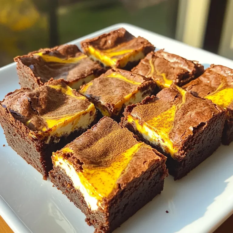 When making pumpkin cream cheese brownies, having the right ingredients is key. Here’s what you need: - 1 cup pumpkin puree - 1 cup granulated sugar - 1/2 cup brown sugar - 1/2 cup vegetable oil - 2 large eggs - 1 teaspoon vanilla extract - 1 cup all-purpose flour - 1/2 cup unsweetened cocoa powder - 1 teaspoon baking powder - 1/2 teaspoon baking soda - 1/2 teaspoon salt - 1 teaspoon cinnamon - 1/2 teaspoon nutmeg - 8 oz cream cheese, softened - 1/4 cup powdered sugar - 1/2 teaspoon vanilla extract These ingredients create a rich and moist brownie. The pumpkin puree adds a wonderful flavor and texture. The sugars sweeten the mix, while the cocoa powder gives it that deep chocolate taste. The cream cheese adds a soft, creamy layer that makes every bite special. Each spice, like cinnamon and nutmeg, brings warmth and a hint of fall. Make sure you measure everything carefully. Fresh pumpkin puree works great, but canned is fine, too. The oils and fats in this recipe keep the brownies moist and soft. With these ingredients, you can create a dessert that impresses everyone. - Prepping the Oven and Baking Pan Start by preheating your oven to 350°F (175°C). Grease an 8x8 inch baking pan or line it with parchment paper. This makes it easier to lift the brownies out later. - Mixing the Wet Ingredients In a large bowl, mix the pumpkin puree, granulated sugar, brown sugar, vegetable oil, eggs, and vanilla extract. Stir until the mixture is smooth and well combined. This helps create a rich, moist base. - Combining Dry Ingredients In another bowl, whisk together the flour, cocoa powder, baking powder, baking soda, salt, cinnamon, and nutmeg. This step ensures even distribution of the dry ingredients. - Incorporating the Dry Ingredients Gradually add the dry mix to the pumpkin mixture. Stir gently with a spatula until just combined. Be careful not to overmix; you want the brownies to stay light and fluffy. - Preparing the Cream Cheese Layer In a separate bowl, beat the softened cream cheese with powdered sugar and half a teaspoon of vanilla extract. Mix until it becomes creamy and smooth. This layer adds a delicious tang. - Creating the Marble Effect Pour half of the brownie batter into the prepared pan. Spread it evenly. Then, drop spoonfuls of the cream cheese mixture on top. Use a knife or skewer to swirl the cream cheese into the brownie batter gently. Pour the remaining batter on top and repeat the swirling. - Baking Time and Temperature Place the pan in the preheated oven. Bake for 30 to 35 minutes. Check with a toothpick; it should come out with a few moist crumbs, not wet batter. - Cooling Process After baking, let the brownies cool in the pan for about 15 minutes. This helps them set and makes them easier to handle. Lift the brownies out using the parchment paper and place them on a wire rack to cool completely. - Cutting the Brownies Once cooled, use a sharp knife to cut the brownies into squares. Enjoy the rich flavor and creamy texture! How to Avoid Overmixing To keep your brownies soft, mix until just combined. Overmixing can make them tough. Stir gently when adding dry ingredients. This helps keep air in the batter for the best texture. Choosing the Right Baking Pan Use an 8x8 inch pan for this recipe. It gives the brownies the right thickness. Greasing the pan or lining it with parchment paper makes for easy removal. This will keep your brownies intact when you cut them. Best Ways to Serve Serve these brownies warm or at room temperature. They taste great on their own or with a scoop of ice cream. You can also serve them on a nice plate for a special touch. Topping Suggestions Top with whipped cream, chocolate drizzle, or nuts. A dusting of powdered sugar adds a nice look. Fresh mint leaves can make a pretty garnish too. Adding Spices For extra flavor, add a pinch of ginger or cloves. These spices pair well with pumpkin. You can also try adding a splash of maple syrup for a sweet twist. Chocolate Variations Want more chocolate? Fold in chocolate chips to the batter. You can also swirl in some melted chocolate with the cream cheese layer. This gives you a rich, chocolatey surprise in every bite. {{image_2}} You can easily make these brownies gluten-free. Just swap the all-purpose flour for a gluten-free blend. Make sure the blend contains xanthan gum for the best texture. This way, everyone can enjoy the rich taste. To make these brownies vegan, replace eggs with flax eggs. Mix 1 tablespoon of ground flaxseed with 2.5 tablespoons of water, and let it sit for a few minutes. Also, use a plant-based cream cheese and substitute vegetable oil with coconut oil for a nice flavor. For a delightful twist, try adding chocolate chips. Fold in about half a cup of dark chocolate chips into the brownie batter. This adds a rich chocolate flavor and extra sweetness. If you love nuts, chop up some walnuts or pecans. Mix in about half a cup to the batter for added crunch. Nuts enhance the texture and add a nice depth to the flavor. You can switch pumpkin for other fruits, like mashed bananas or applesauce. This change gives a new twist to the brownies while keeping them moist and delicious. For a holiday flair, add spices like ginger or cloves. You can even decorate the brownies with festive sprinkles or a drizzle of white chocolate. This makes them perfect for any festive gathering. Best Ways to Store Brownies To keep your pumpkin cream cheese brownies fresh, store them in an airtight container. Place parchment paper between layers to avoid sticking. You can keep them at room temperature for up to three days. If you want to store them longer, use the fridge. The cool air helps keep them fresh for about a week. How to Freeze Brownies Freezing brownies is easy. First, let them cool completely. Then cut them into squares. Wrap each square in plastic wrap or foil. Place the wrapped brownies in a freezer bag. You can freeze them for up to three months. When you want to eat them, just thaw in the fridge overnight. Recommended Storage Duration When stored at room temperature, pumpkin cream cheese brownies last about three days. If stored in the fridge, they can last up to a week. For longer storage, freezing is best. Just remember, freezing may change the texture slightly, but they will still taste great. How to Warm Brownies for Optimal Taste To enjoy your brownies warm, preheat your oven to 350°F (175°C). Place the brownies on a baking sheet, and cover them with foil. Heat for about 10 minutes. This method warms them evenly without drying them out. You can also microwave a single square for about 15-20 seconds. This makes them soft and gooey, just like fresh! What can I substitute for pumpkin puree? You can use applesauce or mashed bananas. Both options add moisture and sweetness. If you want a similar taste, use butternut squash puree. How do I know when the brownies are done? The brownies are done when a toothpick comes out with a few moist crumbs. They should not be wet. Check around 30 minutes, but they may need up to 35 minutes. Can I make these brownies ahead of time? Yes, you can make them a day ahead. Just store them in an airtight container. This helps the flavors blend together nicely. Is it normal for cream cheese to melt into the brownies? Yes, that is normal! The cream cheese will melt and create a rich, creamy layer. It adds a nice swirl and flavor to each bite. These pumpkin brownies combine rich flavors and simple steps for a tasty treat. You gathered the right ingredients, mixed them well, and created a beautiful marble effect. Remember to avoid overmixing and choose the right pan for the best results. Feel free to explore variations, like gluten-free options or adding chocolate chips. Store them properly for freshness and enjoy them warm for the best flavor. Keep experimenting, and these brownies will surely impress at any gathering. Happy baking!