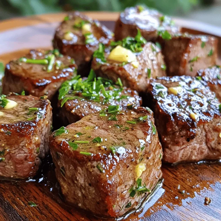 - 1 lb sirloin steak, cut into 1-inch cubes - 4 tablespoons unsalted butter - 5 cloves garlic, minced - 1 teaspoon fresh rosemary, chopped - 1 teaspoon fresh thyme leaves - Salt and pepper - Fresh parsley, chopped for garnish To make garlic butter steak bites, you need a few key ingredients. Sirloin steak is the star of this dish. It is tender and full of flavor. You want to cut it into small cubes for a quick cook. Next, you need unsalted butter. Butter adds richness and flavor. Garlic is a must in this recipe. Fresh garlic gives the best taste. For a bit of herbal magic, use fresh rosemary and thyme. These herbs add a lovely aroma and depth to the dish. Finally, don’t forget about seasoning! Salt and pepper will enhance the steak's natural taste. Fresh parsley adds a pop of color and freshness on top. Gather all these ingredients, and you’re ready to start cooking. Each one plays an important role in making this dish delicious. - Drying and seasoning the steak Start by patting the steak cubes dry with paper towels. This helps get a nice sear. Next, season the cubes with salt and pepper. Don’t be shy; flavor is key! - Preparing the herbs and garlic Mince five cloves of garlic for a strong flavor. Chop fresh rosemary and thyme leaves, about a teaspoon each. Fresh herbs add a wonderful taste to the dish. - Melting the butter in a skillet Heat two tablespoons of unsalted butter in a large skillet. Use medium-high heat for the best results. Make sure the butter is fully melted and bubbly. - Searing the steak bites Add the steak cubes to the skillet in a single layer. Cook them for 2-3 minutes on each side. You want them browned and cooked to your liking. If needed, do this in batches. - Sautéing garlic and herbs After the steak is cooked, remove it from the skillet. In the same skillet, add the remaining butter, minced garlic, rosemary, and thyme. Sauté for about one minute until fragrant. Stir often to avoid burning. - Tossing steak bites in the garlic butter mixture Return the steak bites to the skillet. Toss them in the garlic herb butter for 1-2 minutes. This allows the steak to soak up all the delicious flavors. - Garnishing and serving suggestions Remove from heat and garnish with fresh chopped parsley. Serve the garlic butter steak bites hot. Make sure each piece is coated in the garlic and herb mixture for maximum flavor. To get that nice brown crust, pat the steak dry with paper towels. This step helps the steak sear better. If the steak is wet, it will steam instead of sear. Cook the steak in batches. This way, you avoid overcrowding the pan. Each bite gets a chance to brown well. You can add spices or herbs if you want more flavor. A pinch of paprika or a dash of cayenne can spice things up. Fresh herbs like parsley or basil can also add a nice touch. Always choose the right cut of steak. Sirloin is great, but ribeye adds more fat and flavor. Pair these steak bites with sides like mashed potatoes or green beans. They also go well with dips like ranch or garlic aioli. For a nice look, arrange the steak bites on a platter. Add some fresh herbs on top for color. A sprinkle of chopped parsley makes it even more appealing. {{image_2}} You can use different cuts of steak for garlic butter steak bites. Sirloin works great, but ribeye adds more fat and flavor. Ribeye is juicy, making each bite rich and tender. Sirloin offers a leaner option, which is also tasty. If you want to switch things up, try chicken or pork. Chicken thighs can be juicy and absorb flavors well. Pork tenderloin gives a mild taste that pairs perfectly with garlic butter. To change the flavor, add a spicy twist. Mix in some red pepper flakes with your garlic butter. This will give your steak bites a nice kick. You can also make a lemon garlic butter. Swap out herbs for fresh lemon juice and zest. This adds a bright, zesty flavor that complements the richness of the butter and steak. You can cook steak bites in different ways. Try making them in the oven for a hands-off approach. Preheat your oven to 400°F (200°C) and bake the seasoned steak bites for about 10-12 minutes. This method keeps them tender and juicy. If grilling is more your style, use skewers for easy flipping. Marinate your steak bites with olive oil, garlic, and herbs for extra flavor before grilling. This adds a smoky taste that is hard to resist. To keep your garlic butter steak bites fresh, store them in the fridge. Use an airtight container to seal in flavor. Make sure to let them cool first before sealing. This helps avoid condensation inside the container. If you want to save some for later, you can freeze garlic butter steak bites. Place the cooled steak bites in a freezer-safe bag. Remove air to prevent freezer burn. When you are ready to eat, thaw them in the fridge overnight. Reheat in a skillet over low heat. This keeps them tender and tasty. Leftovers last about 3 to 4 days in the fridge. Always check for signs of spoilage. Look for changes in color or a sour smell. If anything seems off, it’s best to toss them. Garlic butter steak bites take about 15 minutes to cook. The prep time is just 5 minutes. You will spend 10 minutes cooking. Start by heating the butter in a skillet. Then, sear the steak bites, which take 2-3 minutes per side. The garlic and herbs cook quickly too. Follow these quick tips: - Preheat your skillet before adding the steak. - Cook in batches if needed. - Keep an eye on the time for perfect bites. Yes, you can use frozen steak. But it is best to thaw it first. To thaw, place the steak in the fridge overnight. If you're in a hurry, you can use the cold water method. Just seal the steak in a bag and submerge it in cold water. Change the water every 30 minutes until thawed. Here are some best practices for cooking frozen steak: - Pat it dry before cooking. - Season well to enhance flavor. - Adjust cooking time if steak is still slightly frozen. You can use dried herbs instead of fresh ones. For this recipe, dried rosemary and thyme work well. Use about one-third of the amount since dried herbs are more potent. Here are some recommended dried herb substitutes: - 1 teaspoon of dried rosemary for 1 teaspoon fresh. - 1 teaspoon of dried thyme for 1 teaspoon fresh. - Add a pinch of dried parsley for garnish. Feel free to experiment with other dried herbs too! This article covered how to make delicious garlic butter steak bites using simple ingredients and steps. You learned about the main ingredients like sirloin steak, butter, garlic, and fresh herbs. I shared tips to achieve the perfect sear and ways to enhance flavor, along with storage info and variations to inspire your cooking. In the end, enjoy making these steak bites. They are quick, easy, and full of flavor. You can impress your friends and family with this tasty dish. Happy cooking!