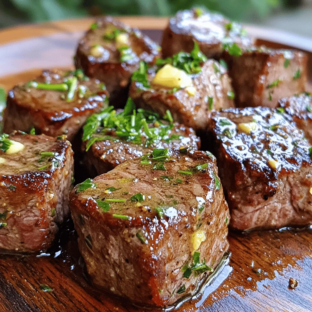 - 1 lb sirloin steak, cut into 1-inch cubes - 4 tablespoons unsalted butter - 5 cloves garlic, minced - 1 teaspoon fresh rosemary, chopped - 1 teaspoon fresh thyme leaves - Salt and pepper - Fresh parsley, chopped for garnish To make garlic butter steak bites, you need a few key ingredients. Sirloin steak is the star of this dish. It is tender and full of flavor. You want to cut it into small cubes for a quick cook. Next, you need unsalted butter. Butter adds richness and flavor. Garlic is a must in this recipe. Fresh garlic gives the best taste. For a bit of herbal magic, use fresh rosemary and thyme. These herbs add a lovely aroma and depth to the dish. Finally, don’t forget about seasoning! Salt and pepper will enhance the steak's natural taste. Fresh parsley adds a pop of color and freshness on top. Gather all these ingredients, and you’re ready to start cooking. Each one plays an important role in making this dish delicious. - Drying and seasoning the steak Start by patting the steak cubes dry with paper towels. This helps get a nice sear. Next, season the cubes with salt and pepper. Don’t be shy; flavor is key! - Preparing the herbs and garlic Mince five cloves of garlic for a strong flavor. Chop fresh rosemary and thyme leaves, about a teaspoon each. Fresh herbs add a wonderful taste to the dish. - Melting the butter in a skillet Heat two tablespoons of unsalted butter in a large skillet. Use medium-high heat for the best results. Make sure the butter is fully melted and bubbly. - Searing the steak bites Add the steak cubes to the skillet in a single layer. Cook them for 2-3 minutes on each side. You want them browned and cooked to your liking. If needed, do this in batches. - Sautéing garlic and herbs After the steak is cooked, remove it from the skillet. In the same skillet, add the remaining butter, minced garlic, rosemary, and thyme. Sauté for about one minute until fragrant. Stir often to avoid burning. - Tossing steak bites in the garlic butter mixture Return the steak bites to the skillet. Toss them in the garlic herb butter for 1-2 minutes. This allows the steak to soak up all the delicious flavors. - Garnishing and serving suggestions Remove from heat and garnish with fresh chopped parsley. Serve the garlic butter steak bites hot. Make sure each piece is coated in the garlic and herb mixture for maximum flavor. To get that nice brown crust, pat the steak dry with paper towels. This step helps the steak sear better. If the steak is wet, it will steam instead of sear. Cook the steak in batches. This way, you avoid overcrowding the pan. Each bite gets a chance to brown well. You can add spices or herbs if you want more flavor. A pinch of paprika or a dash of cayenne can spice things up. Fresh herbs like parsley or basil can also add a nice touch. Always choose the right cut of steak. Sirloin is great, but ribeye adds more fat and flavor. Pair these steak bites with sides like mashed potatoes or green beans. They also go well with dips like ranch or garlic aioli. For a nice look, arrange the steak bites on a platter. Add some fresh herbs on top for color. A sprinkle of chopped parsley makes it even more appealing. {{image_2}} You can use different cuts of steak for garlic butter steak bites. Sirloin works great, but ribeye adds more fat and flavor. Ribeye is juicy, making each bite rich and tender. Sirloin offers a leaner option, which is also tasty. If you want to switch things up, try chicken or pork. Chicken thighs can be juicy and absorb flavors well. Pork tenderloin gives a mild taste that pairs perfectly with garlic butter. To change the flavor, add a spicy twist. Mix in some red pepper flakes with your garlic butter. This will give your steak bites a nice kick. You can also make a lemon garlic butter. Swap out herbs for fresh lemon juice and zest. This adds a bright, zesty flavor that complements the richness of the butter and steak. You can cook steak bites in different ways. Try making them in the oven for a hands-off approach. Preheat your oven to 400°F (200°C) and bake the seasoned steak bites for about 10-12 minutes. This method keeps them tender and juicy. If grilling is more your style, use skewers for easy flipping. Marinate your steak bites with olive oil, garlic, and herbs for extra flavor before grilling. This adds a smoky taste that is hard to resist. To keep your garlic butter steak bites fresh, store them in the fridge. Use an airtight container to seal in flavor. Make sure to let them cool first before sealing. This helps avoid condensation inside the container. If you want to save some for later, you can freeze garlic butter steak bites. Place the cooled steak bites in a freezer-safe bag. Remove air to prevent freezer burn. When you are ready to eat, thaw them in the fridge overnight. Reheat in a skillet over low heat. This keeps them tender and tasty. Leftovers last about 3 to 4 days in the fridge. Always check for signs of spoilage. Look for changes in color or a sour smell. If anything seems off, it’s best to toss them. Garlic butter steak bites take about 15 minutes to cook. The prep time is just 5 minutes. You will spend 10 minutes cooking. Start by heating the butter in a skillet. Then, sear the steak bites, which take 2-3 minutes per side. The garlic and herbs cook quickly too. Follow these quick tips: - Preheat your skillet before adding the steak. - Cook in batches if needed. - Keep an eye on the time for perfect bites. Yes, you can use frozen steak. But it is best to thaw it first. To thaw, place the steak in the fridge overnight. If you're in a hurry, you can use the cold water method. Just seal the steak in a bag and submerge it in cold water. Change the water every 30 minutes until thawed. Here are some best practices for cooking frozen steak: - Pat it dry before cooking. - Season well to enhance flavor. - Adjust cooking time if steak is still slightly frozen. You can use dried herbs instead of fresh ones. For this recipe, dried rosemary and thyme work well. Use about one-third of the amount since dried herbs are more potent. Here are some recommended dried herb substitutes: - 1 teaspoon of dried rosemary for 1 teaspoon fresh. - 1 teaspoon of dried thyme for 1 teaspoon fresh. - Add a pinch of dried parsley for garnish. Feel free to experiment with other dried herbs too! This article covered how to make delicious garlic butter steak bites using simple ingredients and steps. You learned about the main ingredients like sirloin steak, butter, garlic, and fresh herbs. I shared tips to achieve the perfect sear and ways to enhance flavor, along with storage info and variations to inspire your cooking. In the end, enjoy making these steak bites. They are quick, easy, and full of flavor. You can impress your friends and family with this tasty dish. Happy cooking!