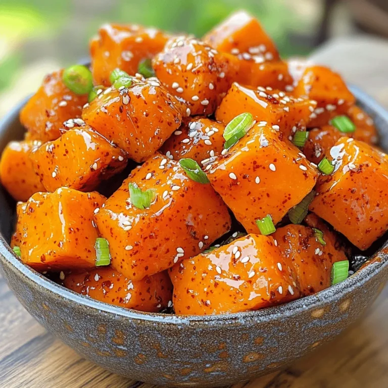 To make gochujang roasted sweet potatoes, you need: - 4 medium sweet potatoes, peeled and cut into 1-inch cubes - 2 tablespoons gochujang (Korean chili paste) - 3 tablespoons olive oil - 2 tablespoons honey or maple syrup - 2 tablespoons sesame oil - 1 tablespoon soy sauce - 1 teaspoon garlic powder - 1 teaspoon ginger powder - Salt and pepper to taste These ingredients bring together a perfect mix of sweet and spicy. The sweet potatoes give a creamy texture, while gochujang adds depth. You can make your dish pop with these garnishes: - 2 green onions, thinly sliced - Sesame seeds These add a crunch and a fresh taste. The green onions bring color and flavor. The sesame seeds add a nutty finish. You can swap ingredients if needed: - Use another chili paste if you can't find gochujang. - Olive oil can be replaced with avocado oil for a different flavor. - Maple syrup can take the place of honey if you want a vegan option. These changes let you customize your dish. Feel free to play around based on what you have at home! First, set your oven to 425°F (220°C). This high heat helps the sweet potatoes roast well. The goal is a nice, crispy outside and a soft inside. Preheating is key for even cooking. In a large bowl, mix the gochujang, olive oil, honey or maple syrup, sesame oil, soy sauce, garlic powder, ginger powder, salt, and pepper. Use a whisk to blend it until smooth. This glaze packs a punch and adds depth to the sweet potatoes. Add the sweet potato cubes to the bowl. Toss them until each piece is coated in the glaze. This step ensures that every bite bursts with flavor. Spread the sweet potatoes in a single layer on a large baking sheet lined with parchment paper. This helps them roast evenly. Place the tray in the oven and roast for 25-30 minutes. Stir halfway through for even cooking. The sweet potatoes are done when they are tender and caramelized. - Cut the sweet potatoes into 1-inch cubes for even cooking. - Avoid crowding the baking sheet. This helps them crisp up nicely. - Keep an eye on them to prevent burning. Use a fork to check if they are tender. When selecting sweet potatoes, look for medium-sized ones. They should feel firm and smooth. Avoid any with soft spots or blemishes. Different types can add unique flavors. You can use orange or purple sweet potatoes for a twist. Orange sweet potatoes are sweeter, while purple ones are earthier. Gochujang has a bold, spicy kick. If you want less heat, use less gochujang. Mix in more honey or maple syrup to balance the spice. You can also add more garlic or ginger for extra flavor without too much heat. Taste the sauce before coating the sweet potatoes. Adjust it to fit your liking. To get that beautiful caramelization, spread the sweet potatoes in a single layer. Crowding them causes steaming, not roasting. Stir them halfway through cooking to promote even browning. Keep an eye on the time. If they start to brown too fast, lower the oven temperature slightly. The goal is a crispy outside and a tender inside. {{image_2}} You can make your sweet potatoes hotter by adding more gochujang. Just increase the amount to three tablespoons. This will give you a nice, spicy kick. Pair it with a cool yogurt sauce to balance the heat. It adds creaminess and flavor. For a sweet and savory twist, add maple syrup or honey. Use three tablespoons instead of two. This makes the sweet potatoes caramelize more. You can also sprinkle a bit of cinnamon for extra warmth. It brings a nice flavor contrast. Want to make it a full meal? You can add other veggies. Try bell peppers, broccoli, or carrots. Chop them into bite-sized pieces and toss them with the sweet potatoes. For protein, add chickpeas or cooked chicken. This makes your dish more filling and healthy. To keep your Gochujang roasted sweet potatoes fresh, place them in an airtight container. They stay good for about 3 to 5 days in the fridge. Make sure to let them cool before sealing the container. This helps prevent moisture build-up and keeps the texture nice. If you want to save them longer, you can freeze the sweet potatoes. Let them cool completely, then spread them in a single layer on a baking sheet. Freeze them for about 1 hour. Once frozen, transfer them to a freezer bag or airtight container. They can last up to 3 months in the freezer. When you’re ready to eat the leftovers, reheat them in the oven for the best taste. Preheat your oven to 350°F (175°C) and spread the sweet potatoes on a baking sheet. Heat them for about 10 to 15 minutes until they are warm and slightly crisp. You can also use a microwave if you’re in a hurry, but they may lose some crunch. Enjoy your tasty dish! Yes, you can use other potatoes like Yukon Gold or red potatoes. They will taste different, but they will still roast well. Sweet potatoes have a unique flavor that shines with gochujang. If you swap for other types, adjust cooking time as needed. Store leftovers in an airtight container in the fridge. They last about 3 to 5 days. For longer storage, you can freeze them. Just make sure they cool completely before freezing. Label the container with the date. Gochujang roasted sweet potatoes pair well with many dishes. You can serve them with grilled chicken, tofu, or fish. They also go great with rice or a fresh salad. - Health Benefits of Sweet Potatoes Sweet potatoes are packed with nutrients. They have lots of fiber, vitamins, and minerals. They help with digestion and keep you full longer. They also support healthy skin and vision. - Is Gochujang suitable for a vegan diet? Yes, gochujang is vegan! It is made from chili powder, glutinous rice, fermented soybeans, and salt. Just check labels for any added ingredients. Most brands are plant-based. You learned about making Gochujang Roasted Sweet Potatoes. We covered key ingredients, step-by-step instructions, and cooking tips. I shared fun variations and how to store your delicious dish. Now, it's your turn to try this recipe. Don't hesitate to adapt the flavors and ingredients. Enjoy the taste and health benefits of sweet potatoes and Gochujang. Happy cooking!