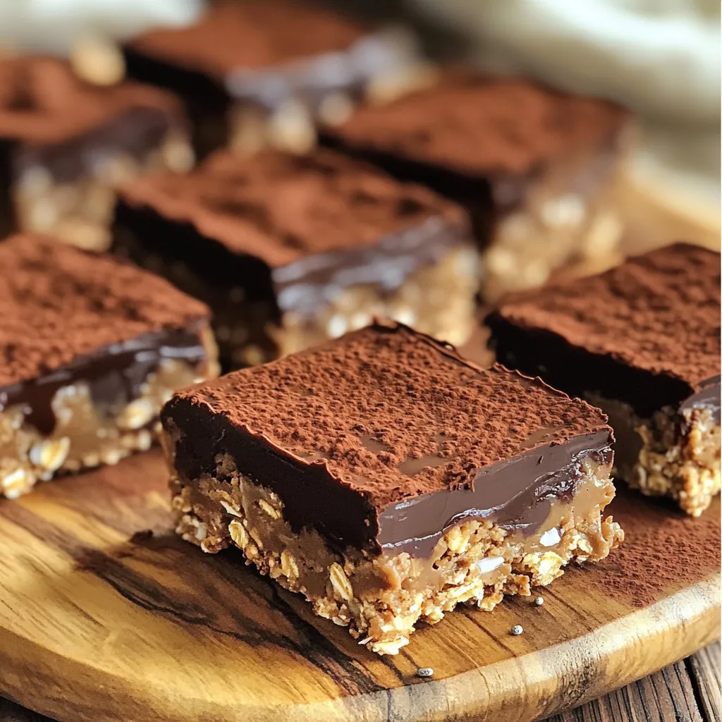 To make these tasty bars, you need: - 1 cup rolled oats - 1 cup creamy peanut butter - 1/2 cup honey or maple syrup - 1/2 cup dark chocolate chips - 1/4 cup chia seeds (optional for extra nutrition) - 1/2 cup shredded coconut (unsweetened) - 1/4 teaspoon salt - 1 teaspoon vanilla extract These ingredients work together to create a rich, chewy treat. If you want to boost the nutrition, add: - Chia seeds: Full of fiber and omega-3s. - Flaxseeds: Great for heart health. - Dried fruits: Raisins or cranberries can add sweetness. These extras make your bars even better for you! You can swap some ingredients if needed: - Almond butter instead of peanut butter for a nutty flavor. - Agave syrup instead of honey for a vegan option. - Milk chocolate chips if you prefer a sweeter taste. These substitutions keep the recipe flexible and fun! First, grab a large mixing bowl. Add 1 cup of rolled oats. If you want extra nutrition, add 1/4 cup of chia seeds. Next, include 1/2 cup of shredded coconut and 1/4 teaspoon of salt. Mix these dry ingredients well with a spoon. Make sure everything is combined evenly. This step sets the base for your bars. Now, take a small saucepan. Add 1 cup of creamy peanut butter and 1/2 cup of honey or maple syrup. Heat this mixture on low for about 2-3 minutes. Stir gently until it’s smooth and easy to mix. Once heated, remove it from heat. Stir in 1 teaspoon of vanilla extract until it’s all well blended. This mixture adds richness to your bars. Pour the warm peanut butter mixture over your dry ingredients in the bowl. Use a spatula or wooden spoon to mix everything. Make sure all the oats and coconut are coated. While it’s still warm, fold in 1/2 cup of dark chocolate chips. They will slightly melt and mix in nicely. This step brings a sweet and chocolatey flavor. Line an 8x8 inch baking dish with parchment paper. Transfer your mixture into the dish. Press it down firmly with your hands or a flat spatula. You want an even layer. Refrigerate the bars for at least 2 hours. Once they are firm, lift them out using the parchment paper. Cut into squares or rectangles, and enjoy your tasty treats! Mixing well is key to a great bar. Start with the dry ingredients. Combine the rolled oats, chia seeds, shredded coconut, and salt in a large bowl. Use a spoon or spatula to mix until evenly blended. Next, warm the peanut butter and honey. Stir them together until smooth. Pour the warm mix into the dry ingredients. This helps everything stick together. Make sure to mix until no dry bits remain. Proper mixing ensures every bite is tasty. You can easily change this recipe to fit your needs. For nut allergies, try sunflower seed butter instead of peanut butter. If you want it vegan, use maple syrup instead of honey. You can leave out the chocolate chips or use dairy-free ones for a vegan option. If you want to add protein, consider adding protein powder to the dry mix. These small changes can make the bars fit various diets. Presentation can make your bars look even better. Cut the bars into squares or rectangles using a sharp knife. Arrange them on a colorful platter. For a special touch, dust the top with cocoa powder or additional shredded coconut. You can also drizzle melted dark chocolate on top for a fancy look. These simple steps make your bars appealing, turning a quick snack into a treat everyone will enjoy. {{image_2}} You can make these bars even better by adding nuts or seeds. Try chopped almonds, walnuts, or cashews. Each type adds a new crunch and flavor. You can also use seeds like sunflower or pumpkin seeds. They add great texture and healthy fats. Just mix them in with the oats and coconut. Adjust the amount based on your taste. Swapping peanut butter for almond butter changes the flavor profile. Almond butter gives a nutty taste that pairs well with chocolate. You can also try cashew butter or sun butter for a different twist. Each nut butter has unique flavors. Experiment to find your favorite mix. Remember, the key is to keep the same amount for the best results. Adding dried fruits can make these bars more exciting. Raisins, cranberries, or chopped dates add sweetness and chewiness. Mix them in after combining the dry ingredients. You can also try adding mini marshmallows for a fun touch. Just be sure to adjust the honey or syrup if you add a lot of sweet items. This helps keep the texture just right. To keep your no-bake chocolate peanut butter oat bars fresh, store them in an airtight container. This helps prevent the bars from drying out. You can also wrap them in plastic wrap before placing them in the container. For extra flavor, add a slice of bread to the container. The bread keeps the bars soft and moist. These tasty bars stay fresh in the fridge for about one week. I recommend checking them for any signs of spoilage before eating. If they look or smell off, it's best to toss them. You can also mark the container with the date you made them. This way, you’ll know how long they have been stored. If you want to keep the bars longer, freezing is a great option. Cut them into squares first, then wrap each piece in plastic wrap. Place the wrapped bars in a freezer-safe bag or container. When stored this way, they can last for up to three months. To enjoy, just take them out and let them thaw in the fridge or at room temperature. Yes, you can use almond butter or sunflower seed butter. These options work well. They will give a similar taste and texture. Just make sure the nut or seed butter is creamy. This helps the bars hold together. If you use a different type, check for allergies too. To make these bars vegan, swap honey for maple syrup. Use a vegan chocolate option as well. Most dark chocolate is vegan, but check the label. Everything else in the recipe is plant-based. This way, you keep the taste and texture without using animal products. The best way to cut these bars is after chilling them. Use a sharp knife for clean cuts. You can score the top lightly before chilling. This helps you cut easier later. If the bars stick, warm the knife slightly. This makes cutting smoother and tidier. Yes, you can replace honey with maple syrup or agave nectar. Both options add sweetness and stickiness. They also work well in recipes like this. Just remember that the flavor may change a bit, but they will still taste great. You learned how to make tasty and healthy bars. We covered key ingredients, handy tips, and creative variations. You can mix and match to fit your diet and taste. Remember to store them well for longer freshness. Making these bars is fun and easy, and you can customize them. Enjoy your tasty treats and share them with friends!
