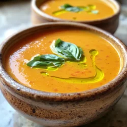 - 2 cans (28 oz each) crushed tomatoes - 1 large onion, diced - 3 cloves garlic, minced - 4 cups vegetable broth - 1 cup heavy cream (or coconut cream for a dairy-free option) The heart of this soup lies in its main ingredients. Crushed tomatoes bring a rich, sweet flavor. Diced onion adds depth, while minced garlic enhances the aroma. Vegetable broth gives a solid base. For creaminess, use heavy cream or coconut cream to suit your diet. - 1 tablespoon sugar (to balance acidity) - 1 teaspoon dried basil - 1 teaspoon dried oregano - Salt and pepper to taste - Fresh basil leaves for garnish - A drizzle of extra virgin olive oil Seasoning is crucial for flavor. A little sugar balances the acidity of the tomatoes. Dried basil and oregano add herbal notes. Adjust salt and pepper to your taste. Finally, fresh basil leaves and olive oil not only look great but also add fresh flavor when you serve the soup. - Dice the onion: Start by peeling the onion. Cut it into small pieces. This helps release the onion's sweet flavor into the soup. - Mince the garlic: Take the garlic cloves and chop them finely. This will add a strong flavor to the soup and make it more fragrant. - Layering ingredients in the slow cooker: Grab your slow cooker. Add the crushed tomatoes, diced onion, minced garlic, vegetable broth, sugar, dried basil, dried oregano, and a sprinkle of salt and pepper. Mix everything well. Layering allows all the flavors to blend nicely. - Cooking time on low vs. high: Cover the slow cooker. You can choose to cook it on low for 6 hours or high for 3 hours. Cooking on low is best for a deeper flavor, while high is quicker. - Blending the cooked soup: Once the cooking time is up, take an immersion blender. Blend the soup until it is smooth and creamy. If you don’t have one, pour the soup into a regular blender in small batches. Blend each batch and then return it to the slow cooker. - Adding cream and reheating: Stir in the heavy cream or coconut cream. Mix well and let it cook on low for another 30 minutes. This makes the soup rich and creamy. Adjust the salt and pepper to your taste before serving. To make your soup taste even better, balance acidity with sugar. This means if your tomatoes seem too tart, just add the tablespoon of sugar. It works wonders! Adjusting seasoning is also key. Taste your soup at the end and add salt and pepper as needed. Using an immersion blender is great for blending soup. It’s easy and saves time! You can blend right in the slow cooker. If you don’t have one, no worries. Use a regular blender instead. Just be careful and blend the soup in batches. For a beautiful look, garnish each bowl with fresh basil leaves. A drizzle of extra virgin olive oil adds a nice touch too. Serve your soup with crusty bread for a warm and filling meal. It’s perfect for dipping! {{image_2}} You can easily make this soup dairy-free. Just swap heavy cream for coconut cream. Coconut cream gives a rich and creamy texture. It also adds a hint of sweetness. This change makes the soup still feel indulgent while being plant-based. Want to add more to your soup? You can mix in some extra vegetables. Carrots and bell peppers work great here. They add color and nutrition. You can also add proteins like chickpeas. Chickpeas bring fiber and protein, making the soup more filling. If you like heat, you can spice things up. Try adding red pepper flakes or cayenne pepper. Start with a small amount and taste as you go. This way, you control the heat level. A little spice can make the soup exciting and new. After you enjoy your creamy tomato basil soup, store leftovers in airtight containers. This keeps the soup fresh and tasty. Make sure to cool the soup to room temperature first. In the fridge, the soup lasts for about 4 to 5 days. Always check for any signs of spoilage before eating. To freeze creamy tomato basil soup, first let it cool completely. Then, pour the soup into freezer-safe bags or containers. Leave some space at the top, as the soup will expand when frozen. It can last in the freezer for up to 3 months. When you are ready to eat it, thaw the soup in the fridge overnight. For reheating, use a pot on the stove over low heat. Stir it often to avoid sticking. You can also microwave it in a bowl. Make sure it is heated all through before serving. Enjoy your warm, creamy soup again! Yes, you can! If you don't have a slow cooker, use a pot on the stove. Simply combine all the ingredients in a large pot. Cook over medium heat until it simmers. Then, lower the heat and let it cook for about 30 minutes. Stir often to prevent sticking. After cooking, use an immersion blender to puree the soup. This method is quicker but still gives you a tasty creamy tomato basil soup. This soup can last about 3 to 5 days in the fridge. Store it in an airtight container to keep it fresh. Make sure to let it cool down before you store it. If you want to enjoy it later, you can freeze it for up to 3 months. Just thaw it in the fridge before reheating. Yes, you can use fresh herbs instead of dried ones. Fresh basil can add great flavor! Use about three times more fresh herbs than dried. For this recipe, if you want to use fresh basil, chop about 3 teaspoons and add it in near the end of cooking. This helps keep the fresh taste vibrant. Just remember, dried herbs are more potent, so adjust according to your taste! This blog post covered how to make a creamy tomato basil soup. We explored the main ingredients, preparation steps, and slow cooking process. You learned tips to enhance flavors and creative serving ideas. The post also shared variations for dietary needs and storage tips. Soup-making can be fun and rewarding. Enjoy experimenting with ingredients that fit your taste. You can impress anyone with this simple recipe!