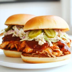 - 2 lbs boneless, skinless chicken breasts - 1 cup BBQ sauce - 1 tablespoon apple cider vinegar - 1 tablespoon brown sugar - 1 teaspoon smoked paprika - 1 teaspoon garlic powder - 1 teaspoon onion powder - Salt and pepper to taste - 4 hamburger buns - Coleslaw (optional for topping) - Pickles (optional for garnish) To make pulled BBQ chicken sandwiches, you need some simple and tasty ingredients. Start with 2 pounds of boneless, skinless chicken breasts. This will keep the dish juicy and tender. Next, grab 1 cup of your favorite BBQ sauce. The flavor here is key. You can choose a sweet, tangy, or smoky sauce depending on what you like. For a little zing, add 1 tablespoon of apple cider vinegar. It helps balance the flavors. Now let’s talk about seasonings. You need 1 tablespoon of brown sugar for sweetness. Combine that with 1 teaspoon each of smoked paprika, garlic powder, and onion powder. These spices give depth and warmth to your dish. Don’t forget salt and pepper to taste. Adjust these to make it just right for you. Finally, for serving, get 4 hamburger buns. You can add coleslaw on top for crunch and pickles for extra flavor. These toppings make the sandwich fun and fresh. With these ingredients, you're ready to create a BBQ chicken sandwich that everyone will love! First, place the chicken breasts in your slow cooker. Make sure they fit snugly but don’t crowd them. Next, grab a bowl to mix your BBQ sauce and seasonings. In this bowl, combine 1 cup of your favorite BBQ sauce, 1 tablespoon of apple cider vinegar, and 1 tablespoon of brown sugar. Add 1 teaspoon of smoked paprika, 1 teaspoon of garlic powder, 1 teaspoon of onion powder, and salt and pepper to taste. Stir until everything blends well. Now, pour that tasty BBQ mixture over the chicken. Ensure it covers every piece. Cover the slow cooker with its lid. Set it to cook on low for 6-7 hours. If you’re in a hurry, you can use the high setting for 3-4 hours. The chicken will become tender and easy to shred. Once the cooking time is up, carefully remove the chicken from the slow cooker. Use two forks to shred the chicken into bite-sized pieces. Then, put the shredded chicken back into the slow cooker and mix it with the leftover sauce. While that’s happening, toast your hamburger buns lightly. This gives them a nice crunch! Now, it’s time to assemble. Place a generous serving of pulled BBQ chicken on the bottom half of each bun. If you like, add some coleslaw and pickles on top. Finally, cover with the top half of the bun. Enjoy your delicious sandwich! To keep your chicken moist, use enough BBQ sauce. The sauce acts as a shield against dryness. Adding apple cider vinegar helps tenderize the meat. Smoked paprika adds a nice depth of flavor. I suggest using a sweet BBQ sauce mixed with a spicy one. This gives your pulled chicken a balanced taste. When shredding, I prefer using two forks. This method gives me control. You can also use a hand mixer for quick shredding. Just be careful not to overdo it. Mix the shredded chicken with the sauce well. This ensures every bite is packed with flavor. For serving, use a wooden platter. It adds a rustic touch. Place extra BBQ sauce in a bowl for dipping. Top the sandwiches with coleslaw for crunch. Pickles add a nice tangy flavor. For social media, stack the sandwiches high. Take pictures from above to capture their layers. {{image_2}} You can change the taste of your pulled BBQ chicken sandwiches by using different BBQ sauces. Try a spicy sauce for heat or a tangy sauce for zest. You can also mix in extra spices. Add a pinch of cayenne for more kick or some cumin for a smoky flavor. These small changes can turn your dish into a unique delight. If you need a gluten-free option, use gluten-free buns. Check the BBQ sauce to ensure it is gluten-free as well. You can also switch the chicken with other proteins. Try turkey for a leaner choice or jackfruit for a plant-based option. Jackfruit absorbs flavors well and shreds easily, making it a great alternative. The best part of a BBQ chicken sandwich is the toppings! Coleslaw adds crunch and creaminess. You can also try sliced jalapeños for heat or crispy fried onions for texture. For sides, serve your sandwiches with sweet potato fries or a fresh garden salad. These pair well and round out your meal nicely. - To store leftovers, place the pulled BBQ chicken in an airtight container. - Use glass or plastic containers that seal well to keep flavors fresh. It’s best to cool the chicken before storing it. This helps prevent moisture buildup, which can make the chicken soggy. If you have extra BBQ sauce, keep it in a separate container for better taste when reheating. - You can freeze pulled BBQ chicken for up to three months. - Use freezer-safe bags or containers to store it properly. When ready to eat, thaw the chicken overnight in the fridge. For quick thawing, you can use the microwave. Reheat the chicken in a pot on low heat, stirring often. This warms it evenly and keeps it juicy. - In the fridge, pulled BBQ chicken lasts about three to four days. - Look for signs like a sour smell or change in color to check for spoilage. If it smells off or looks slimy, throw it away. It is better to be safe than sorry when it comes to food safety. Enjoy your pulled BBQ chicken sandwiches fresh for the best taste! Cooking pulled BBQ chicken in a slow cooker takes time but is easy. If you cook on low, it takes about 6-7 hours. On high, it only takes about 3-4 hours. I find that cooking on low makes the chicken more tender, but both methods work well. Yes, you can use frozen chicken breasts. Just add an extra hour to the cooking time. Make sure to check that the chicken is fully cooked before shredding it. If your slow cooker has a defrost setting, that can help too. This way, you can enjoy pulled BBQ chicken even when you're short on fresh meat. I love serving pulled BBQ chicken sandwiches with classic sides. Here are some great options: - Baked beans - Potato salad - Corn on the cob - Sweet potato fries - Coleslaw (which also makes a great topping!) These sides add flavor and make your meal feel complete. Plus, they are easy to prepare! You can create a delicious pulled BBQ chicken sandwich with simple steps. Begin with chicken, BBQ sauce, and seasonings to build flavor. Then, cook it in the slow cooker. Shred the chicken and assemble your sandwiches with buns and toppings. Remember to store leftovers properly. Be creative with flavors and sides to suit your taste. This dish is easy to make and perfect for sharing with friends. Enjoy your cooking and make it your own!