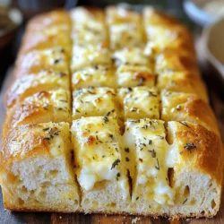 - 1 loaf of fresh sourdough bread - 1/2 cup unsalted butter, melted - 4 cloves garlic, minced To start, I always choose a fresh loaf of sourdough bread. Its crusty outside and soft inside give the best pull-apart texture. Next, I use unsalted butter. This lets me control the salt in my dish. Garlic is key. I use four cloves, finely minced, to pack in that strong flavor. - 1 tablespoon fresh parsley, finely chopped - 1 teaspoon dried oregano - 1 teaspoon salt - 1/2 teaspoon black pepper For extra flavor, I add fresh parsley and dried oregano. The parsley adds a nice color and fresh taste. The oregano brings warmth and a hint of earthiness. A teaspoon of salt enhances all the flavors. Black pepper adds a subtle kick, making the bread even more delicious. - 1 cup grated Parmesan cheese - 1/2 cup shredded mozzarella cheese Cheese is where the magic happens! I use one cup of grated Parmesan. It has a sharp flavor that melts beautifully. Then, I add half a cup of shredded mozzarella. This cheese gives a lovely stretch when you pull apart the bread. Together, they create a cheesy, gooey center that is hard to resist! - Preheat the oven to 350°F (175°C). - Take your sourdough loaf and use a sharp serrated knife. Cut it into a grid pattern. Make sure to leave the bottom intact. Space your cuts about 1 inch apart both ways. This will help the bread pull apart easily later. - In a small bowl, combine 1/2 cup of melted unsalted butter with 4 minced garlic cloves. - Add 1 tablespoon of finely chopped fresh parsley, 1 teaspoon of dried oregano, 1 teaspoon of salt, and 1/2 teaspoon of black pepper. - Mix it well until the garlic and herbs blend into the butter. This is your garlic herb butter. - Carefully drizzle the garlic butter all over the cuts in the bread. Make sure it seeps into every crack for great flavor. - Stuff 1 cup of grated Parmesan cheese into the cuts. Follow this with 1/2 cup of shredded mozzarella cheese. Spread the cheese evenly so every bite is cheesy. - Wrap the stuffed bread tightly in aluminum foil. Place it on a baking sheet to catch any drips. - Bake in the preheated oven for 15 minutes. Then, unwrap the top of the bread. Bake it for another 10-15 minutes until the cheese is melted, bubbly, and the bread is golden brown. - Once done, take it out of the oven and let it cool slightly. Enjoy pulling apart the cheesy goodness! To get the best pull-apart texture, start with fresh sourdough bread. Sourdough has the right crust and chewiness. It holds up well when you cut it. Cut the loaf into a grid pattern, about one inch apart. This allows the garlic butter and cheese to seep in. Bake the bread for about 15 minutes wrapped in foil. This keeps it soft. Then, unwrap it and bake for 10-15 more minutes. This step makes the cheese melt and the top golden. You can boost the flavor easily. Adding herbs like basil or rosemary gives it a fresh twist. Use garlic chives instead of regular garlic for a milder taste. Feel free to mix different cheeses to make it your own. Try adding cheddar for a sharp taste or gouda for a smoky flavor. Each cheese adds a new layer of taste. For serving, place the bread on a large platter. This makes it easy for guests to pull apart pieces. You can also use a wooden cutting board for a rustic look. Pair the bread with dips like marinara or a creamy ranch. These dips complement the flavors and add extra fun to the meal. {{image_2}} You can change up the cheese in this recipe. Use your favorite kinds! Try cheddar, gouda, or even a spicy pepper jack. Each cheese brings its own taste. Mixing different cheeses gives a fun twist. You can make it a true cheese lover's dream. Stuff the bread with a blend of cheeses for extra flavor. Just remember to keep the texture in mind. You want it to melt well and pull apart easily. Herbs can really change the game for this bread. Fresh garlic chives add a nice touch. You can also use basil for a sweet, fragrant flavor. Rosemary gives a woodsy taste that works great too. Feel free to mix and match herbs. Just think about what you love. Adding a pinch of red pepper flakes can spice things up. This is a fun way to make the bread your own. If you need gluten-free options, use gluten-free bread. Many stores sell great gluten-free loaves now. For dairy-free, there are many cheese substitutes. Look for brands made from nuts or soy. These can melt and taste great in your pull-apart bread. Adjusting the recipe for your diet makes it more enjoyable. You can still have all the flavor while meeting your needs. To keep your Garlic Parmesan Pull-Apart Bread fresh, wrap it tightly in plastic wrap. This helps to lock in moisture and flavor. You can also store it in an airtight container. Place it at room temperature for up to two days. Avoid the fridge, as it can dry out the bread. If you want to save some for later, freezing is a great option. First, let the bread cool completely. Then, wrap it tightly in plastic wrap and aluminum foil. This double layer protects it from freezer burn. You can freeze it for up to three months. When ready to eat, just thaw it in the fridge overnight. To enjoy your bread again, preheat your oven to 350°F (175°C). Unwrap the bread and place it on a baking sheet. Heat for about 10-15 minutes. This method keeps the crust crispy and warms the cheese. You can also microwave individual pieces for about 20-30 seconds, but they won’t be as crispy. Yes, you can use store-bought bread. Look for a hearty loaf. Good options are Italian or French bread. These breads have a nice texture and can hold the garlic butter well. Just make sure it is fresh. Stale bread may not pull apart as well. To keep your bread from getting soggy, follow these tips: - Use fresh bread: Stale bread absorbs too much moisture. - Don't overdo the butter: Use just enough garlic butter to coat. - Bake properly: Make sure to let the bread bake until golden brown. This helps create a crust that keeps the inside fluffy. This bread tastes great with many dips. Here are some ideas: - Marinara sauce: The tangy flavor of marinara pairs perfectly. - Ranch dressing: Creamy ranch adds a nice touch. - Garlic aioli: A rich garlic aioli complements the bread's flavors. - Cheese sauces: A warm cheese dip is also a hit. These dips make for a fun and tasty experience! This blog post shared a tasty recipe for Garlic Parmesan Pull-Apart Bread. We covered the main ingredients, like sourdough, butter, and cheese. Step-by-step instructions ensured you can follow easily. Tips helped enhance flavors and presentation, while variations catered to different diets. Remember, your bread choice and baking time matter for texture. Enjoy this dish with your favorite dips. I hope you make this fun treat soon!