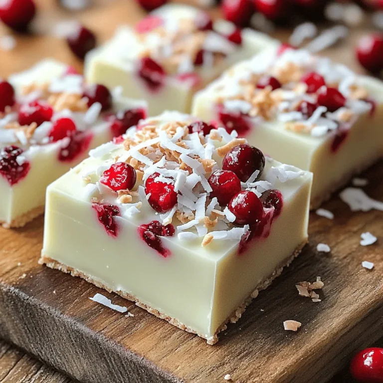 To make White Chocolate Cranberry No Bake Bars, gather these simple ingredients: - 1 cup vanilla wafer crumbs - 1/2 cup unsweetened shredded coconut - 1 cup dried cranberries, chopped - 1 cup white chocolate chips - 1/2 cup sweetened condensed milk - 1 tablespoon coconut oil - 1 teaspoon vanilla extract - A pinch of salt These ingredients create a mix of sweet, creamy, and chewy. The vanilla wafer crumbs give a nice base. The coconut adds a tropical twist. The cranberries add a tart flavor that balances the sweetness. You can add extra toppings for even more flavor and texture. Consider: - Extra dried cranberries - Shredded coconut Sprinkling these on top makes the bars look pretty. It also gives a fun texture contrast. If you have allergies or want to switch things up, here are some ideas: - For vanilla wafer crumbs, use graham cracker crumbs. - Swap sweetened condensed milk with coconut milk for a dairy-free option. - Use dark chocolate chips instead of white chocolate for a richer taste. These swaps keep the bars tasty while catering to different diets. Start by lining an 8x8 inch baking dish with parchment paper. Leave some paper hanging over the sides. This helps when you lift out the bars later. In a large bowl, add 1 cup of vanilla wafer crumbs. Next, mix in 1/2 cup of unsweetened shredded coconut. Stir these together until they are well combined. Take a microwave-safe bowl and add 1 cup of white chocolate chips, 1 tablespoon of coconut oil, and a pinch of salt. Heat the bowl in the microwave for 30 seconds. Stir, then heat again for another 30 seconds. Keep stirring until the mixture is smooth and melted. Pour the melted white chocolate mixture into the bowl with the crumb and coconut mix. Add in 1/2 cup of sweetened condensed milk and 1 teaspoon of vanilla extract. Mix everything together until well combined. Now, transfer the mixture into your lined baking dish. Use the back of a spatula or your hands to press it down evenly. Make sure it is compact to help the bars hold their shape. If you want extra texture and flavor, sprinkle some dried cranberries and coconut on top. Now, place the dish in the fridge. Let it chill for at least 3 hours or until fully set. After that, lift the bars out using the overhanging parchment paper and cut them into squares. To get the best texture in your White Chocolate Cranberry No Bake Bars, use fresh ingredients. Make sure the coconut is unsweetened to keep the bars from being too sweet. The vanilla wafer crumbs should be fine to help the bars hold together. Press down firmly when you pack the mixture into the pan. This step is key! A compact mix prevents the bars from crumbling when you cut them. Store these bars in an airtight container in the fridge. They can last about a week, but they taste best in the first few days. For serving, cut them into small squares. You can add a few extra dried cranberries or coconut on top for a nice touch. Serve them chilled or at room temperature. They make a great snack or dessert! One common mistake is not letting the bars set long enough. They need at least three hours in the fridge. If you skip this step, they won’t hold their shape. Another mistake is not mixing the ingredients well. Stir until everything is fully combined. This ensures you get that sweet and tangy flavor in every bite. Finally, don’t skip the parchment paper. It helps remove the bars easily from the pan. {{image_2}} You can make these bars even more fun by adding flavors. Try mixing in chopped nuts like almonds or walnuts for a crunchy bite. You can also add spices like cinnamon or nutmeg for warmth. Just a pinch of either spice can change the whole taste. Experiment and find your favorite mix! While white chocolate shines in these bars, you can switch it up. Use dark chocolate or semi-sweet chocolate for a rich twist. You can also blend these chocolates for a unique flavor. Each type of chocolate brings its own charm to the bars. If you want a healthier snack, consider some swaps. You can use almond flour instead of vanilla wafer crumbs. This change adds fiber and protein. For a lower sugar version, use sugar-free white chocolate chips. You can even replace sweetened condensed milk with a mix of Greek yogurt and honey. Enjoying these treats can be guilt-free! To keep your white chocolate cranberry no-bake bars fresh, store them in the fridge. Place the bars in an airtight container. This helps seal in moisture. If you stack them, add parchment paper between layers. This prevents sticking. You can also freeze these bars for longer storage. Cut the bars into squares first. Wrap each square in plastic wrap. Then, place them in a freezer-safe bag or container. They can stay in the freezer for up to three months. When you're ready to enjoy, let them thaw in the fridge overnight. These bars last about one week in the fridge. Keep an eye on them for any signs of spoilage. If they smell off or look strange, it's best to toss them. Enjoy these treats while they are fresh for the best taste and texture. No, fresh cranberries are too tart for this recipe. Dried cranberries add sweetness and chew. If you want a twist, try using dried cherries or raisins. They work well too. These bars need at least three hours to set in the fridge. I recommend leaving them overnight for the best firmness. This wait makes them easier to cut and enjoy. Yes! You can use gluten-free vanilla wafers. They make a great base for these bars. Check the labels to ensure the other ingredients are also gluten-free. Use a sharp knife for clean cuts. First, let the bars set fully. Lift them out using the parchment paper edges. Cut them into squares while they are cold for neat pieces. This blog post covered everything you need to create delicious no-bake bars. We explored essential ingredients, optional toppings, and key substitutions. I detailed step-by-step instructions, shared helpful tips for the best texture, and avoided common mistakes. We also discussed fun flavor variations and proper storage methods to keep your treats fresh. Remember, experimenting can lead to exciting new flavors. Try different chocolate types and toppings. Enjoy making your no-bake bars and sharing them with others!