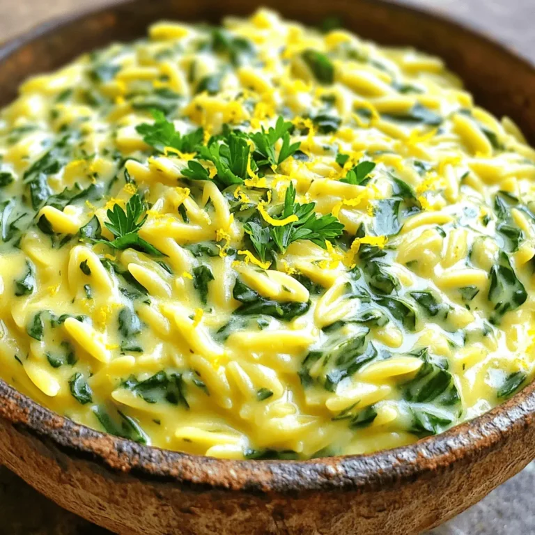 - 1 cup orzo pasta - 2 cups vegetable broth - 1 cup fresh spinach, chopped - 1 tablespoon olive oil - 2 garlic cloves, minced - Zest of 1 lemon - Juice of 1 lemon - 1/2 cup cream cheese, softened - 1/2 teaspoon dried oregano - Salt and pepper to taste - 1/4 cup grated Parmesan cheese (optional) - Fresh parsley for garnish - 1/4 cup grated Parmesan cheese adds rich flavor. - Fresh parsley enhances the dish's look and taste. - You can swap orzo for quinoa or rice for a different texture. - Use chicken broth instead of vegetable broth for a meaty flavor. - For a lighter version, replace cream cheese with Greek yogurt. - Add cooked chicken, shrimp, or chickpeas for protein. - Try other greens like kale or arugula in place of spinach. When you gather these ingredients, you set the stage for a delightful meal. Each ingredient plays a role in creating that creamy, tangy, and bright flavor that makes this dish special. You can get creative with the ingredients based on what you have at home. The beauty of this recipe lies in its flexibility! Start by grabbing a large pot. Heat 1 tablespoon of olive oil over medium heat. Once the oil is hot, add 2 minced garlic cloves. Sauté them for about 1 minute until they smell great. This step makes a tasty base for your dish. Next, add 1 cup of orzo pasta. Stir it well and let it toast for 2-3 minutes. This toasting gives the orzo a nice flavor. Now, pour in 2 cups of vegetable broth. Bring the mixture to a boil. When it starts bubbling, reduce the heat to low and cover the pot. Let it simmer for about 8-10 minutes. You want the orzo to be al dente, meaning it should still have a little bite. Most of the liquid will get absorbed during this time. After the orzo is cooked, uncover the pot. Add 1 cup of chopped fresh spinach, the zest of 1 lemon, and the juice of 1 lemon. Mix in 1/2 cup of softened cream cheese. Stir until the cream cheese melts and the mixture becomes creamy. Taste your dish and season it with 1/2 teaspoon of dried oregano, salt, and pepper. If you like, add 1/4 cup of grated Parmesan cheese for extra creaminess. Cook for another 2-3 minutes, stirring well. The dish is now ready! Let it sit for a couple of minutes before serving. To make your orzo creamy, use softened cream cheese. This helps blend smoothly into the dish. Stir it in after cooking the orzo. The heat will melt it quickly. If you want extra creaminess, add grated Parmesan cheese. It gives a rich flavor and texture. Lemon zest adds brightness to the dish. Don't skip this step; it makes a huge difference. You can also add herbs like basil or thyme for more aroma. A pinch of red pepper flakes can give a nice kick if you enjoy heat. Fresh parsley on top not only looks nice but adds freshness. Cook orzo in vegetable broth instead of water. This boosts the flavor right from the start. Keep an eye on the pot to avoid overcooking. Stirring often helps prevent sticking. Aim for al dente texture, as it will continue to cook a bit after you remove it from heat. Test it a minute or two before the time is up to get it just right. {{image_2}} You can make this dish heartier by adding protein. Cooked chicken or shrimp works well. Simply stir in the protein after the orzo is cooked. If you want a meat-free option, try chickpeas or white beans. They add great texture and protein too. Feel free to swap out the spinach for other veggies. Broccoli or peas can add color and crunch. You could even try kale for a bolder flavor. Just chop them small so they cook quickly with the orzo. This keeps the dish fresh and fun. If you want a dairy-free meal, swap cream cheese with a vegan alternative. There are many good brands that melt well. You can also use coconut cream for a rich taste. Just be sure to check the labels for added sugars or preservatives. This way, you keep it healthy and tasty! After you make your one pot creamy lemon spinach orzo, let it cool. Once cooled, transfer it to an airtight container. It will stay fresh in the fridge for about 3 days. Keep it covered to prevent it from drying out. Before eating, check for any changes in smell or texture. If all looks good, you are ready to reheat! To reheat, simply place your orzo in a pot over low heat. Add a splash of vegetable broth or water. Stir well to help it warm up evenly. Heat until it’s hot throughout. You can also use a microwave. Place the orzo in a microwave-safe bowl. Cover it with a damp paper towel to keep moisture in. Heat in short bursts, stirring in between, until it's heated to your liking. If you want to save some for later, freezing works great! Allow the orzo to cool completely. Then, scoop it into freezer-safe bags or containers. Be sure to leave some space for expansion. It can stay frozen for up to 2 months. When ready to eat, thaw it in the fridge overnight. After thawing, follow the reheating instructions above. This way, your creamy orzo will still taste delicious! Orzo pasta looks like rice but is actually a small pasta. It cooks quickly and absorbs flavors well. You can find orzo in most grocery stores, often near other pasta types. It’s great in soups, salads, or dishes like our creamy lemon spinach orzo. Yes, you can make this recipe vegan. Replace cream cheese with a vegan alternative. Use a plant-based cheese for the topping. Ensure the vegetable broth is vegan too. This way, you keep all the creamy goodness without dairy. To adjust the serving size, simply change the amount of orzo. For more servings, double or triple the recipe. Keep the ratio of broth and other ingredients the same. This will keep the dish just as tasty, no matter how many you serve. This article covered the key ingredients needed for a great orzo dish. We discussed optional ingredients and substitutions to fit your taste. The step-by-step instructions showed how to prepare the base, cook the orzo, and combine everything. Tips ensured creaminess and flavor, while variations allowed for protein and veggie swaps. In the end, experimenting with orzo opens up many meal choices. You can make it your own with simple adjustments. Enjoy the process and savor the results!