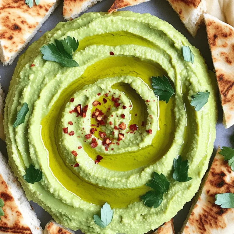 To make this tasty hummus, gather these key items: - 1 cup shelled edamame (fresh or frozen) - 2 tablespoons tahini - 2 tablespoons olive oil - 1 garlic clove, minced - 2 tablespoons lemon juice - 1/2 teaspoon ground cumin - Salt and pepper to taste - 1/4 cup water (or more for desired consistency) These ingredients create a creamy, protein-rich hummus. Edamame is packed with nutrients and gives this dip its bright green color. Tahini adds a nutty flavor, while lemon juice gives it a fresh zing. For the pita, you will need: - 4 whole wheat pita breads, cut into triangles These pita breads are perfect for dipping. Their whole grain nature also makes them a healthier choice. To spice things up, consider adding: - Fresh parsley, for garnish - Red pepper flakes for a spicy kick The parsley adds color and freshness. If you like a bit of heat, sprinkle some red pepper flakes on top of your hummus. This adds an exciting twist to your dish. First, if you have frozen edamame, steam it. Follow the package steps. This takes about 3 to 5 minutes. If you use fresh edamame, remove the pods and rinse them well. The edamame should be tender and bright green. This gives the hummus a fresh taste. Next, grab a food processor. Add the steamed edamame, tahini, olive oil, minced garlic, lemon juice, ground cumin, salt, and pepper. Blend these together. As you blend, slowly add water. Keep blending until the mixture is smooth and creamy. You can add more water if you want a thinner texture. After blending, taste the hummus. Adjust the salt, pepper, or lemon juice as needed for your taste. Now it's time to serve! Transfer the hummus to a bowl. Drizzle some olive oil on top for extra flavor. If you like a little spice, sprinkle red pepper flakes over the hummus. For the pita, you can serve it cold or warm. To warm it, pop the pita in a toaster or oven until it's lightly crisp. Cut the pita into triangles and arrange them around the bowl of hummus. Finish by garnishing with fresh parsley. Enjoy this tasty, high-protein snack! To make smooth hummus, start with cooked edamame. I love using fresh or frozen. If frozen, steam it first. You want it soft but not mushy. In the food processor, mix edamame with tahini, olive oil, garlic, lemon juice, cumin, salt, and pepper. Blend while adding water. Use a little at a time. Keep blending until you reach the smoothness you want. If it’s too thick, add more water. If it’s too runny, you can add more edamame. Pita bread is best served warm. You can toast it for a crispier bite. Cut the pita into triangles for easy dipping. Arrange the triangles around your hummus. This way, guests can grab them easily. If you want, serve it with a side of fresh veggies for more crunch. To make your hummus pop, think about adding spices. A pinch of red pepper flakes gives heat. Fresh herbs like cilantro or basil can add freshness. You could also try roasted garlic for a sweeter taste. For a nutty twist, sprinkle some toasted sesame seeds on top. These simple tweaks can elevate your dish! {{image_2}} High-protein edamame hummus packs a punch. Each serving provides about 7-8 grams of protein. Edamame comes from young soybeans, which are rich in protein. This makes the hummus a great snack for anyone wanting to add more protein to their diet. Protein helps build muscles and keeps you feeling full. It also plays a key role in your body's repair process. Adding this hummus to your meals can help with weight management and muscle growth. In addition to protein, edamame hummus is balanced in fats and carbs. Each serving has around 10 grams of healthy fats, mainly from olive oil and tahini. These fats support heart health and provide energy. The carbs in this hummus mainly come from edamame and whole wheat pita. They offer a good source of energy while being high in fiber. This fiber helps with digestion and keeps you feeling full longer. Edamame hummus is not only tasty but also nutrient-rich. It contains several important vitamins and minerals: - Vitamin K: Supports bone health. - Folate: Important for cell growth and metabolism. - Iron: Essential for transporting oxygen in the blood. - Magnesium: Helps with muscle and nerve function. These nutrients make this hummus a smart choice for anyone looking to eat healthy. Enjoy it as a snack or part of a meal for a boost of goodness. Want a kick? Add red pepper flakes to your hummus. This spice brings heat and flavor. Start with 1/4 teaspoon and taste. You can always add more! For a bolder spice, blend in a dash of hot sauce. This gives a nice zing. Herbs can change the taste of your hummus. Try fresh basil for a sweet, fresh flavor. Cilantro adds a bright twist. You can also use dill for a unique taste. Simply add one handful of your chosen herb to the blender. It makes a big difference! Pita is great, but you have options! Serve with veggie sticks for a crunchy bite. Carrots, cucumbers, and bell peppers work well. You can also try whole grain crackers for a different crunch. For a fun twist, spread hummus on sandwiches. This adds protein and flavor to your meal. Yes, you can use frozen edamame. Just steam it for about 3 to 5 minutes. This makes it tender and easy to blend. I often use frozen edamame for its convenience. It saves time and still tastes great. You can store edamame hummus in the fridge for up to a week. Make sure to keep it in an airtight container. If you want to keep it longer, freeze it for up to three months. Just thaw it before serving and give it a quick stir. The best dishes to serve with edamame hummus include whole wheat pita bread, fresh veggies, or crackers. You can also pair it with grilled chicken or fish for a hearty meal. This hummus goes well with almost anything! Edamame hummus is simple to make and packed with nutrients. We covered the main and optional ingredients that create rich flavors. I shared helpful steps to prepare, blend, and serve your hummus with pita. Tips on achieving perfect consistency and enhancing flavor were included. Plus, we explored different variations and answered common questions. This dish is a healthy snack option that everyone will enjoy. Try it out and have fun experimenting with your own flavors!