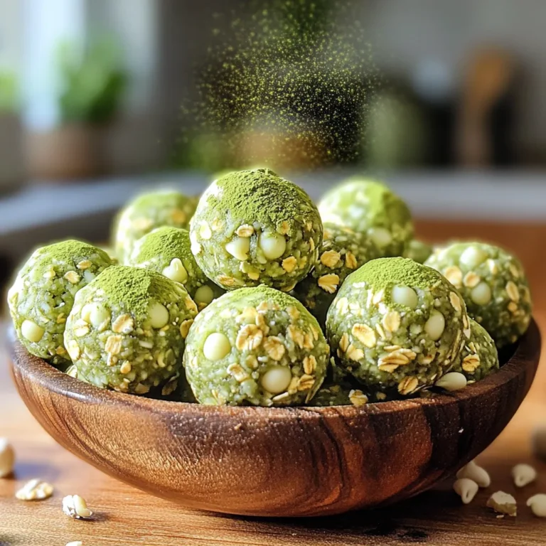 - 1 cup rolled oats - 1/2 cup almond butter - 1/4 cup honey or maple syrup - 1 scoop vanilla protein powder - 2 tablespoons matcha green tea powder - 1/4 cup mini white chocolate chips - 1/4 teaspoon sea salt - 1-2 tablespoons of water (as needed) Each ingredient in these protein balls brings unique health benefits. - Rolled oats provide fiber, which helps digestion. They also give you lasting energy. - Almond butter offers healthy fats and protein. It can help keep you full. - Honey or maple syrup adds natural sweetness. They also have some vitamins and minerals. - Vanilla protein powder boosts your protein intake. This aids muscle recovery after workouts. - Matcha green tea powder is rich in antioxidants. It can enhance focus and boost metabolism. - Mini white chocolate chips add a sweet touch while giving a small amount of calcium. - Sea salt adds flavor and contains some essential minerals. - Water helps bring the mixture together, ensuring the right texture. You can easily adjust this recipe for different diets. - For a gluten-free option, use certified gluten-free rolled oats. - If you are nut-free, try sunflower seed butter instead of almond butter. - For a vegan version, swap honey for maple syrup and use plant-based protein powder. - To cut sugar, use a sugar-free sweetener that works for baking. - If you want a dairy-free treat, skip the white chocolate chips or use dairy-free versions. These simple swaps keep the flavors great while meeting your dietary needs. Enjoy creating your Matcha White Chocolate Protein Balls! First, gather all your ingredients. You will need oats, almond butter, honey, and more. In a large mixing bowl, add the rolled oats, vanilla protein powder, and matcha green tea powder. Mix these dry ingredients well so they are evenly combined. Next, add the almond butter, honey, and sea salt to the bowl. Stir everything until a thick dough forms. You can use a spatula or your hands for this part. If the mixture feels too dry, add 1-2 tablespoons of water. Stir until the dough holds together nicely. Finally, fold in the mini white chocolate chips gently. To get the right consistency, the dough should be thick but not crumbly. If it falls apart when you try to roll it, it needs more moisture. Add water one tablespoon at a time. Remember, the dough should stick together but not be too wet. If it feels sticky, let it sit for a few minutes. This helps it firm up. After mixing, it should easily roll into balls without falling apart. To roll the protein balls, grab about a tablespoon of the mixture. Use your hands to roll it into a smooth ball. Make sure to apply even pressure. If the dough sticks to your hands, dampen them slightly with water. Place each ball on a parchment-lined tray, leaving some space between them. Once you've rolled all the balls, refrigerate them for at least 30 minutes. This helps them firm up and makes them easier to eat. Enjoy your delicious snack! To keep your Matcha White Chocolate Protein Balls fresh, store them in an airtight container. This will help retain their moisture and flavor. You can keep them in the fridge for up to a week. If you want to store them longer, freeze them. Just put them in a freezer-safe bag or container. They can last for up to three months in the freezer. You can mix in different flavors to make these protein balls even better. For a nutty twist, add a bit of peanut butter or hazelnut spread. If you like a fruity taste, try adding dried cranberries or cherries. You can also switch the white chocolate chips for dark chocolate for a richer flavor. Making a big batch is a smart idea. It saves time and gives you a healthy snack ready to go. To prepare in bulk, just double or triple the recipe. Once you make them, divide the balls into portions. This way, you can grab them easily during the week. You can also mix the ingredients in advance and store them in the fridge. Just roll them into balls when you're ready to eat. {{image_2}} You can add many flavors to matcha white chocolate protein balls. Try adding a scoop of cocoa powder for a chocolate twist. You could also mix in dried fruits like cranberries or raisins. They add sweetness and chewiness. If you want a nutty taste, try adding chopped nuts like almonds or walnuts. These flavors can make your snack even more fun! Almond butter gives a nice taste, but you can switch it up! Peanut butter works great if you love its strong flavor. Sunflower seed butter is a fantastic choice for nut-free diets. Each nut butter adds a unique flavor and texture to the protein balls. Experiment to find your favorite! You can change how sweet your protein balls are. If you like them sweeter, add more honey or maple syrup. For a less sweet treat, use less of these. You can also use a sugar substitute, like stevia or agave, to control sweetness. This way, you can make a snack that fits your taste buds perfectly! To keep your Matcha White Chocolate Protein Balls fresh, use an airtight container. Line the container with parchment paper to avoid sticking. Make sure each ball sits in its own space. This method prevents them from squishing together. You can also separate layers with parchment paper for extra protection. These delicious protein balls stay fresh for up to one week in the fridge. After a week, their taste and texture may change. If you want to enjoy them longer, consider freezing. To freeze the protein balls, place them in a single layer on a tray. Freeze them for about one hour. Once they are firm, transfer them to a freezer-safe bag. Remove as much air as possible before sealing. This way, they can last for up to three months. When you want a snack, take out a few balls and let them thaw in the fridge. Enjoy your tasty treat anytime! These protein balls can last up to one week in the fridge. Store them in an airtight container. If you want to keep them longer, freeze them. They can last up to three months in the freezer. Yes, you can use different sweeteners. Maple syrup works well. You can also try agave nectar or coconut sugar. Just make sure to adjust the amount based on how sweet you want it. Matcha has many health benefits. It is high in antioxidants. These help fight free radicals in your body. Matcha may also boost your metabolism and increase your energy. It can improve focus and calm your mind. Refrigeration helps keep the protein balls fresh. It is not strictly necessary, but it is best. If you leave them at room temperature, they may spoil faster. So, for the best taste and texture, refrigerate them. Yes, you can make these protein balls vegan. Just swap honey for maple syrup. Use a plant-based protein powder. You can also use nut butters that do not contain animal products. Enjoy your tasty vegan snack! This article covered all you need to know about making protein balls. We explored the right ingredients and their health benefits. I shared step-by-step instructions for preparation and tips for storage. You can enjoy different variations based on your taste. In conclusion, these protein balls are simple to make and healthy to eat. With easy substitutions and fun flavors, they can fit your needs. Now, you can make delicious snacks that boost your energy and wellness. Enjoy your cooking!