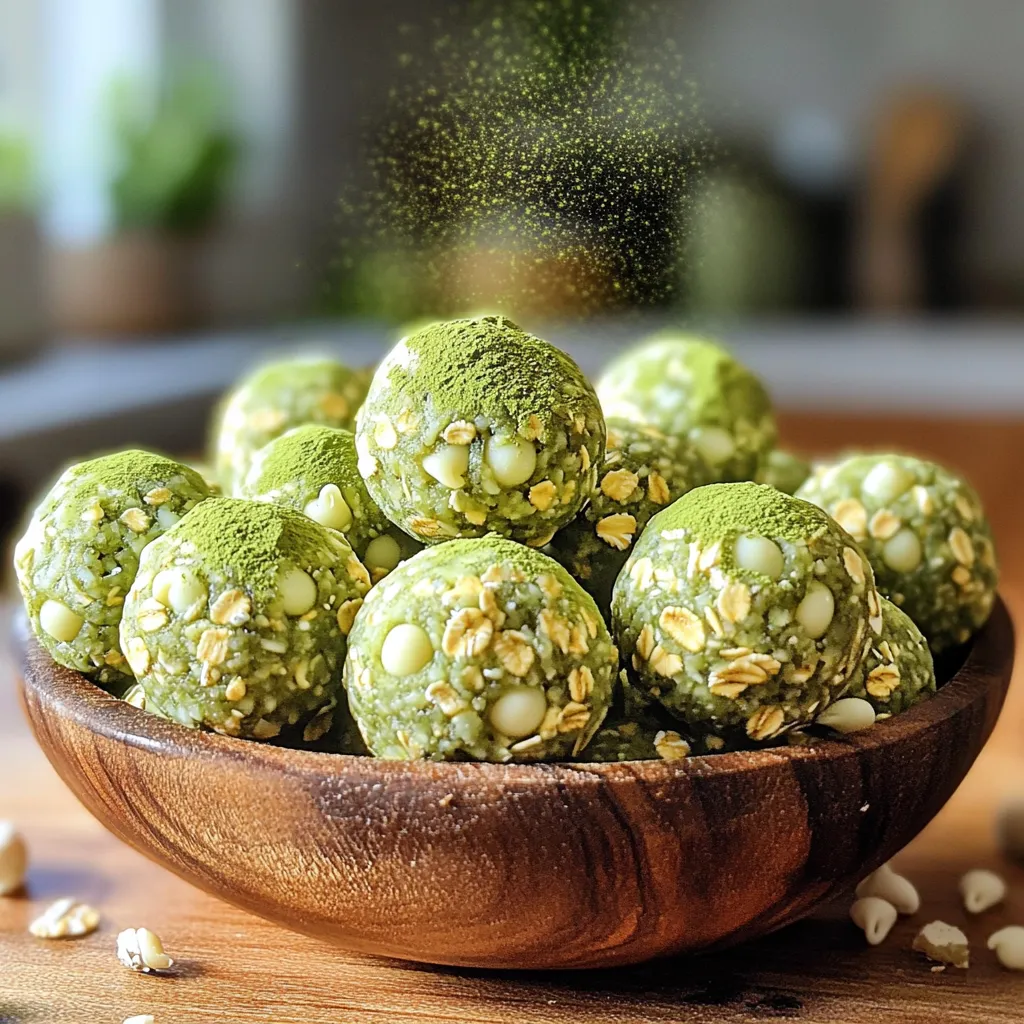 - 1 cup rolled oats - 1/2 cup almond butter - 1/4 cup honey or maple syrup - 1 scoop vanilla protein powder - 2 tablespoons matcha green tea powder - 1/4 cup mini white chocolate chips - 1/4 teaspoon sea salt - 1-2 tablespoons of water (as needed) Each ingredient in these protein balls brings unique health benefits. - Rolled oats provide fiber, which helps digestion. They also give you lasting energy. - Almond butter offers healthy fats and protein. It can help keep you full. - Honey or maple syrup adds natural sweetness. They also have some vitamins and minerals. - Vanilla protein powder boosts your protein intake. This aids muscle recovery after workouts. - Matcha green tea powder is rich in antioxidants. It can enhance focus and boost metabolism. - Mini white chocolate chips add a sweet touch while giving a small amount of calcium. - Sea salt adds flavor and contains some essential minerals. - Water helps bring the mixture together, ensuring the right texture. You can easily adjust this recipe for different diets. - For a gluten-free option, use certified gluten-free rolled oats. - If you are nut-free, try sunflower seed butter instead of almond butter. - For a vegan version, swap honey for maple syrup and use plant-based protein powder. - To cut sugar, use a sugar-free sweetener that works for baking. - If you want a dairy-free treat, skip the white chocolate chips or use dairy-free versions. These simple swaps keep the flavors great while meeting your dietary needs. Enjoy creating your Matcha White Chocolate Protein Balls! First, gather all your ingredients. You will need oats, almond butter, honey, and more. In a large mixing bowl, add the rolled oats, vanilla protein powder, and matcha green tea powder. Mix these dry ingredients well so they are evenly combined. Next, add the almond butter, honey, and sea salt to the bowl. Stir everything until a thick dough forms. You can use a spatula or your hands for this part. If the mixture feels too dry, add 1-2 tablespoons of water. Stir until the dough holds together nicely. Finally, fold in the mini white chocolate chips gently. To get the right consistency, the dough should be thick but not crumbly. If it falls apart when you try to roll it, it needs more moisture. Add water one tablespoon at a time. Remember, the dough should stick together but not be too wet. If it feels sticky, let it sit for a few minutes. This helps it firm up. After mixing, it should easily roll into balls without falling apart. To roll the protein balls, grab about a tablespoon of the mixture. Use your hands to roll it into a smooth ball. Make sure to apply even pressure. If the dough sticks to your hands, dampen them slightly with water. Place each ball on a parchment-lined tray, leaving some space between them. Once you've rolled all the balls, refrigerate them for at least 30 minutes. This helps them firm up and makes them easier to eat. Enjoy your delicious snack! To keep your Matcha White Chocolate Protein Balls fresh, store them in an airtight container. This will help retain their moisture and flavor. You can keep them in the fridge for up to a week. If you want to store them longer, freeze them. Just put them in a freezer-safe bag or container. They can last for up to three months in the freezer. You can mix in different flavors to make these protein balls even better. For a nutty twist, add a bit of peanut butter or hazelnut spread. If you like a fruity taste, try adding dried cranberries or cherries. You can also switch the white chocolate chips for dark chocolate for a richer flavor. Making a big batch is a smart idea. It saves time and gives you a healthy snack ready to go. To prepare in bulk, just double or triple the recipe. Once you make them, divide the balls into portions. This way, you can grab them easily during the week. You can also mix the ingredients in advance and store them in the fridge. Just roll them into balls when you're ready to eat. {{image_2}} You can add many flavors to matcha white chocolate protein balls. Try adding a scoop of cocoa powder for a chocolate twist. You could also mix in dried fruits like cranberries or raisins. They add sweetness and chewiness. If you want a nutty taste, try adding chopped nuts like almonds or walnuts. These flavors can make your snack even more fun! Almond butter gives a nice taste, but you can switch it up! Peanut butter works great if you love its strong flavor. Sunflower seed butter is a fantastic choice for nut-free diets. Each nut butter adds a unique flavor and texture to the protein balls. Experiment to find your favorite! You can change how sweet your protein balls are. If you like them sweeter, add more honey or maple syrup. For a less sweet treat, use less of these. You can also use a sugar substitute, like stevia or agave, to control sweetness. This way, you can make a snack that fits your taste buds perfectly! To keep your Matcha White Chocolate Protein Balls fresh, use an airtight container. Line the container with parchment paper to avoid sticking. Make sure each ball sits in its own space. This method prevents them from squishing together. You can also separate layers with parchment paper for extra protection. These delicious protein balls stay fresh for up to one week in the fridge. After a week, their taste and texture may change. If you want to enjoy them longer, consider freezing. To freeze the protein balls, place them in a single layer on a tray. Freeze them for about one hour. Once they are firm, transfer them to a freezer-safe bag. Remove as much air as possible before sealing. This way, they can last for up to three months. When you want a snack, take out a few balls and let them thaw in the fridge. Enjoy your tasty treat anytime! These protein balls can last up to one week in the fridge. Store them in an airtight container. If you want to keep them longer, freeze them. They can last up to three months in the freezer. Yes, you can use different sweeteners. Maple syrup works well. You can also try agave nectar or coconut sugar. Just make sure to adjust the amount based on how sweet you want it. Matcha has many health benefits. It is high in antioxidants. These help fight free radicals in your body. Matcha may also boost your metabolism and increase your energy. It can improve focus and calm your mind. Refrigeration helps keep the protein balls fresh. It is not strictly necessary, but it is best. If you leave them at room temperature, they may spoil faster. So, for the best taste and texture, refrigerate them. Yes, you can make these protein balls vegan. Just swap honey for maple syrup. Use a plant-based protein powder. You can also use nut butters that do not contain animal products. Enjoy your tasty vegan snack! This article covered all you need to know about making protein balls. We explored the right ingredients and their health benefits. I shared step-by-step instructions for preparation and tips for storage. You can enjoy different variations based on your taste. In conclusion, these protein balls are simple to make and healthy to eat. With easy substitutions and fun flavors, they can fit your needs. Now, you can make delicious snacks that boost your energy and wellness. Enjoy your cooking!