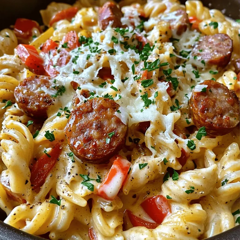 To make this dish, gather these key ingredients: - 12 oz penne pasta - 1 lb smoked sausage, sliced - 1 medium onion, diced - 1 red bell pepper, diced - 2 cloves garlic, minced - 1 can (14.5 oz) diced tomatoes, with juices - 1 cup chicken broth - 1 cup heavy cream - 2 tablespoons Cajun seasoning - 1 teaspoon dried oregano - Salt and pepper to taste - 1/2 cup grated Parmesan cheese - Fresh parsley for garnish These ingredients create a rich and creamy pasta that bursts with flavor. If you need to adjust the recipe, here are some useful tips: - You can swap penne pasta for any short pasta, like fusilli or rigatoni. - Use turkey sausage for a leaner option. - Chicken broth can be replaced with vegetable broth for a vegetarian version. - Heavy cream can be substituted with half-and-half for a lighter sauce. These changes keep the dish tasty while meeting your needs. Want to make your dish even better? Here are some fun add-ins: - Add 1 cup of spinach or kale for extra greens. - Toss in some sliced mushrooms for an earthy taste. - A pinch of crushed red pepper flakes can give it a spicy kick. - Try adding a squeeze of lemon juice for brightness. These options boost flavor and nutrition, making the meal even more delightful. First, grab a large pot or a Dutch oven. Heat a splash of olive oil over medium heat. Once hot, add the sliced sausage. Cook until browned, which takes about 5 to 7 minutes. The sausage will add great flavor. After browning, remove the sausage and set it aside for later. Next, in the same pot, add the diced onion and red bell pepper. Sauté them for about 3 to 4 minutes. You want them to soften a bit. After that, toss in the minced garlic. Cook for another minute until you smell that wonderful aroma. Now it’s time to add more ingredients. Pour in the diced tomatoes with their juices. Then add the chicken broth and heavy cream. Sprinkle in the Cajun seasoning and dried oregano. Don’t forget to add salt and pepper to taste. Stir everything well to make sure it mixes nicely. Once combined, add the penne pasta to the pot. Don’t forget to return the browned sausage to the mix. Bring this mixture to a boil. Once boiling, reduce the heat to low. Cover the pot and let it simmer for about 15 minutes. Stir occasionally during this time. You want the pasta to cook al dente, and the sauce should thicken up nicely. When the pasta is ready, remove the pot from heat. Stir in the grated Parmesan cheese until it melts and becomes creamy. Taste it and adjust seasoning if needed. For a lovely finish, garnish with fresh parsley before serving. This dish looks great in deep bowls. You might also add extra Parmesan or a sprinkle of crushed red pepper flakes for some heat. Enjoy your creamy Cajun pasta! - Use a large pot to give the pasta room to cook. - Stir the pasta often to prevent sticking. - Add the cheese last for a creamy finish. - Use fresh ingredients for the best flavor. - Always taste as you cook to adjust seasonings. Cooking creamy pasta is easy with these tips. Make sure to use enough liquid. The pasta absorbs it while cooking. If your sauce is too thick, add a splash of broth or cream. - Use fresh Cajun seasoning for a bold taste. - Add a splash of hot sauce for heat. - Sauté a few shrimp with the sausage for extra flavor. - Try adding celery or green onions to the mix. - Lemon juice adds brightness to the dish. Cajun flavors shine with spices and fresh ingredients. Don't be afraid to experiment. Each step adds a new layer of taste. - Don’t skip browning the sausage; it adds depth. - Avoid overcooking the pasta; it should be al dente. - Don’t forget to stir often; this helps mix flavors. - If the sauce is too runny, simmer longer. - Avoid using pre-grated cheese; it doesn't melt as well. These mistakes can change your dish. Pay attention to each step for the best results. Cooking can be simple with the right tips and tricks! {{image_2}} You can change this dish easily. Swap the smoked sausage for chicken or shrimp. Both add great flavors. Another option is to use turkey sausage for a leaner meal. Think about adding vegetables like spinach or zucchini. These add color and more nutrients. Just toss them in during the last few minutes of cooking. They will cook quickly without losing their crunch. Want a meatless meal? Just skip the sausage and use plant-based sausage instead. You can also use mushrooms for a hearty texture. For a vegan twist, replace heavy cream with coconut milk or a cashew cream. This will keep the dish creamy and delicious. Use nutritional yeast instead of Parmesan for a cheesy flavor. This way, you can enjoy Cajun pasta without any animal products. While penne works great, you can use other shapes too. Fusilli or rigatoni can hold sauce well. If you're gluten-free, look for gluten-free pasta made from rice or quinoa. It cooks similarly and fits well in this dish. Just watch cooking time for different pasta shapes. No matter what, the creamy Cajun sauce will still shine through! To keep your One-Pot Creamy Cajun Pasta fresh, store it in an airtight container. Let it cool to room temperature first. This step helps prevent moisture build-up. Place the container in the fridge. It can last for 3 to 5 days. Make sure to label the container with the date, so you know when to eat it. When you're ready to enjoy your leftovers, reheat them gently. You can use a microwave or stovetop. If using a microwave, place the pasta in a bowl. Add a splash of water or cream to keep it moist. Heat it in short intervals, stirring in between. On the stovetop, warm it over low heat. Stir often until it's heated through. If you want to store it longer, freeze the pasta. Place the cooled pasta in freezer-safe bags or containers. Remove as much air as possible. This keeps the pasta from getting freezer burn. It can last up to 3 months in the freezer. To thaw, move it to the fridge overnight. Reheat it as described above for a tasty meal ready to go! Yes, you can make this dish without sausage. You might try using mushrooms or a mix of veggies instead. This keeps the flavor and adds healthy options. You can also use plant-based sausage if you want a similar taste without meat. I suggest using penne pasta for this recipe. Penne holds the sauce well and adds a nice texture. You can also use rotini or fusilli if you prefer. Just make sure to adjust the cooking time as needed. To make the pasta spicier, add more Cajun seasoning. You can also sprinkle in some crushed red pepper flakes. If you want more heat, try adding diced jalapeños or a dash of hot sauce. Be careful not to add too much at once. Yes, you can prepare this in advance. Cook the pasta and sauce, then cool it down. Store it in the fridge for up to three days. When you're ready to eat, reheat it on the stove or in the microwave. If the sauce is too thick, add a splash of chicken broth or cream. This blog post covered how to create a tasty one-pot creamy Cajun pasta. We looked at key ingredients, cooking steps, and storage tips. You learned how to avoid common mistakes and make delicious variations. In closing, experimenting with this recipe can lead to fun meals. Don't shy away from adding your twist! With simple changes, you can make this dish your own. Enjoy cooking and savoring your new favorite pasta!