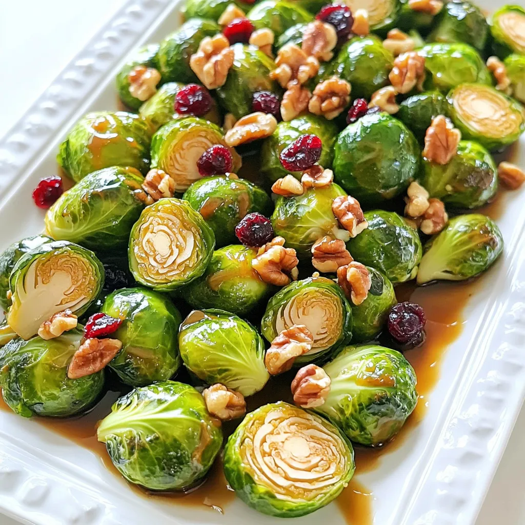 - 1 lb Brussels sprouts, trimmed and halved - 3 tablespoons olive oil - 2 tablespoons pure maple syrup - 1 tablespoon Dijon mustard - 2 cloves garlic, minced - Salt and pepper to taste - 1/2 teaspoon red pepper flakes (optional) - 1/4 cup walnuts, chopped - 1/4 cup dried cranberries The main ingredients bring out the best in Brussels sprouts. The Brussels sprouts are the star of this dish. Make sure they are fresh and firm. The olive oil adds richness and helps them roast well. Pure maple syrup gives a sweet touch, while Dijon mustard adds tang. For added depth, I use minced garlic. It enhances the flavor and aroma. Don’t forget salt and pepper for seasoning. If you like spice, add red pepper flakes for a kick. The toppings add crunch and sweetness. Chopped walnuts bring a nice texture. Dried cranberries add a pop of color and sweetness. Together, they create a tasty balance in every bite. First, preheat your oven to 425°F (220°C). This hot oven will help the Brussels sprouts crisp up well. Next, line a large baking sheet with parchment paper. This step makes cleanup quick and easy. Now, grab a mixing bowl. In it, whisk together the olive oil, pure maple syrup, Dijon mustard, minced garlic, salt, pepper, and red pepper flakes if you want some heat. This mix is the star of our dish and adds a sweet and tangy flavor. Now it’s time to coat the Brussels sprouts. Take your halved Brussels sprouts and add them to the bowl with the maple mustard mixture. Toss everything together until the sprouts are evenly coated. This step ensures every bite bursts with flavor. Spread the coated Brussels sprouts in a single layer on your prepared baking sheet. Make sure they are not crowded; this helps them roast and caramelize beautifully. Place the baking sheet in your preheated oven. Roast for about 20 minutes. Stir the sprouts halfway through to help them cook evenly. They should come out tender and caramelized. In the last five minutes of roasting, sprinkle the chopped walnuts and dried cranberries over the Brussels sprouts. This adds a nice crunch and sweetness. Return the sheet to the oven to toast the nuts lightly. Once done, remove the pan from the oven and let it cool a bit before serving. Enjoy your delicious Maple Mustard Brussels Sprouts! To get those lovely caramelized Brussels sprouts, focus on two key things: temperature and space. Roasting at 425°F (220°C) works wonders. This high heat helps create a nice brown crust. Make sure to spread the Brussels sprouts out in one layer on the baking sheet. If they are crowded, they will steam instead of roast. Stir them halfway through to ensure even cooking. For extra flavor, try adding some chopped apples or a sprinkle of balsamic vinegar before roasting. These ingredients can add a sweet and tangy twist to your dish. When it's time to serve, I like to present the Brussels sprouts on a large platter. You can drizzle any leftover maple mustard sauce from the pan over them. This adds flavor and keeps them moist. For a colorful touch, garnish with extra cranberries and walnuts. It makes the dish pop! As for side dishes, consider serving these Brussels sprouts with roasted chicken or a grain salad. They pair well with mashed potatoes or quinoa, too. The sweet and tangy notes of the sprouts balance nicely with savory main dishes. I recommend using a heavy-duty baking sheet for this recipe. It helps distribute heat evenly and gives the Brussels sprouts a nice roast. A rimmed sheet is great to catch any drips from the sauce. Parchment paper is a must for easy cleanup. It prevents sticking and makes washing up a breeze. After dinner, you can just toss the paper away and enjoy your meal without the stress of scrubbing the pan! {{image_2}} You can easily customize this dish. For a vegetarian twist, try swapping the walnuts for pecans or almonds. Both add a nice crunch. You can also use dried apricots instead of cranberries. This change will bring a sweet and tangy flavor to the mix. If you want to play with flavors, add spices like cumin or smoked paprika. These spices give a warm depth. You can also use flavored olive oils. Try garlic-infused oil for an extra kick. Additionally, different mustards, like honey mustard or spicy brown mustard, can change the taste entirely. For gluten-free options, check your mustard and syrup for gluten. Most brands are safe, but it’s good to verify. If you're vegan, use maple syrup and Dijon mustard, which are both plant-based. You can skip the nuts or use sunflower seeds instead. They still add a nice crunch without dairy. To keep your maple mustard Brussels sprouts fresh, store them in an airtight container. Place them in the fridge within two hours of cooking. They will last for about 3 to 5 days. When you are ready to eat, reheat them in the oven. Preheat the oven to 350°F (175°C) and bake for about 10 minutes. This helps restore their crispness. You can freeze cooked Brussels sprouts for later use. First, let them cool completely. Spread them out on a baking sheet in a single layer, then freeze for about an hour. Once frozen, transfer them to a freezer-safe bag. They will keep well for about three months. To reheat, simply bake them straight from the freezer at 375°F (190°C) for 20-25 minutes. To maintain the best texture, avoid soaking the Brussels sprouts before storing. Instead, wash them just before you cook them. Choose glass or BPA-free plastic containers for storage. These options keep the flavor and texture intact. If you see any mushiness, use them in soups or casseroles instead of serving them alone. The best temperature to roast Brussels sprouts is 425°F (220°C). This heat allows them to become crisp while caramelizing their natural sugars. Roasting at this temperature gives you great texture and flavor. Yes, you can make maple mustard Brussels sprouts ahead of time. Prepare the dish and store it in the fridge for up to three days. When you're ready to eat, just reheat them in the oven. This helps maintain their taste and texture. To make this recipe spicier, add more red pepper flakes or even a pinch of cayenne pepper. You can also mix in some hot sauce with the maple mustard mixture. Adjust the heat to your liking for a flavorful kick. Yes, you can use frozen Brussels sprouts. However, they may not get as crispy as fresh ones. Thaw them first and pat them dry to remove excess moisture. This helps in achieving better texture when roasting. Maple mustard Brussels sprouts pair well with roasted chicken or grilled salmon. They also go great with quinoa or wild rice for a complete meal. Add a fresh salad to balance the flavors and textures. Store any leftovers in an airtight container in the fridge. They will last up to three days. Reheat them in the oven or a skillet to regain some crispness before serving. Absolutely! You can add crumbled feta cheese or goat cheese for creaminess. Sliced almonds or pumpkin seeds also work well. Feel free to get creative with toppings to suit your taste! Brussels sprouts can be delicious with the right recipe. We explored key ingredients, like olive oil and maple syrup, to coat these veggies well. We detailed simple steps for roasting them to perfection, topping them with walnuts and cranberries for added texture. Don’t forget the tips for storage and potential variations to keep your meals exciting. Now, you have all the tools to enjoy tasty Brussels sprouts any day. Embrace your cooking journey and make this dish your own.