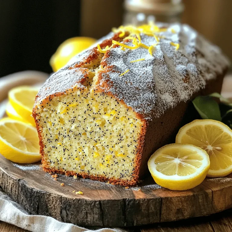 - 1 ½ cups all-purpose flour - 1 teaspoon baking powder - ½ teaspoon baking soda - ¼ teaspoon salt - ½ cup unsalted butter, softened - 1 cup granulated sugar - 2 large eggs - 2 tablespoons lemon zest (about 2 lemons) - 1 tablespoon lemon juice - ½ cup plain Greek yogurt - ½ teaspoon vanilla extract - 2 tablespoons poppy seeds - Powdered sugar (for dusting, optional) In this delicious Bakery Style Lemon Poppy Seed Loaf, each ingredient plays a key role. The all-purpose flour gives the loaf structure. Baking powder and baking soda help it rise nicely. A touch of salt brings out the flavors. For the wet ingredients, I use unsalted butter to keep the loaf rich and moist. Granulated sugar adds sweetness and helps create that lovely golden crust. The eggs bind everything together and add moisture. Fresh lemon zest and juice are essential for that bright, tangy flavor. Greek yogurt keeps the loaf tender and adds a bit of creaminess. Finally, a splash of vanilla extract rounds out the taste. Don't forget the poppy seeds! They add a nice crunch and a burst of flavor. If you like, you can dust the finished loaf with powdered sugar for a sweet finish. Each ingredient works together to create a loaf you will love. 1. Preheat your oven to 350°F (175°C). This temperature helps the loaf rise well. 2. Prepare the loaf pan by greasing it with butter and dusting it with flour. You can also use parchment paper for easy removal later. 1. In a medium bowl, combine the dry ingredients. Whisk together 1 ½ cups of all-purpose flour, 1 teaspoon of baking powder, ½ teaspoon of baking soda, and ¼ teaspoon of salt. Set this aside. 2. In a large mixing bowl, cream ½ cup of softened unsalted butter and 1 cup of granulated sugar. Use an electric mixer on medium speed until the mix is light and fluffy. This takes about 3-4 minutes. 3. Add 2 large eggs to the mix, one at a time. Mix well after each addition. Then add 2 tablespoons of lemon zest, 1 tablespoon of lemon juice, ½ cup of plain Greek yogurt, and ½ teaspoon of vanilla extract. Mix until fully combined. 1. Gradually add the dry mixture to the wet ingredients. Mix on low speed until just combined. Be careful not to overmix. Gently fold in 2 tablespoons of poppy seeds. 2. Pour the batter into the prepared loaf pan. Smooth the top with a spatula for an even bake. 3. Bake in the oven for 50-55 minutes. Check if it's done by inserting a toothpick into the center. It should come out clean. If the top browns too quickly, loosely cover it with foil for the last 15 minutes. 4. Once baked, remove the loaf from the oven. Let it cool in the pan for about 10 minutes. Then, transfer it to a wire rack to cool completely. To get a great loaf, avoid overmixing. When you mix the batter, do it just enough to blend the ingredients. Overmixing can lead to a dense loaf. Use room temperature ingredients for the best results. Let your butter, eggs, and yogurt sit out for about 30 minutes before you start. This helps them mix more easily. For bright flavor, choose fresh lemons. Meyer lemons are sweet and fragrant. They work well for baking and add a lovely taste. Regular lemons are great too, just make sure they are juicy. If you want to switch it up, try different extracts. Almond or coconut extracts can add unique flavors. Just use a smaller amount, so the lemon shines through. Presentation matters! Slice the loaf and place it on a nice platter. Garnish with fresh lemon slices and a sprinkle of poppy seeds. This makes your loaf look fresh and inviting. For serving, consider pairing it with tea or coffee. The bright flavors complement warm drinks perfectly. Dust the loaf with powdered sugar for an extra touch of sweetness. {{image_2}} You can swap ingredients to change the flavor. For Greek yogurt, try sour cream or buttermilk. Both will keep your loaf moist and tasty. You can also use coconut yogurt for a dairy-free option. Different citrus zests can add unique flavors. Try orange or lime zest for a fresh twist. They change the taste while keeping the loaf bright and zesty. Incorporating other seeds or nuts can enhance the texture. Chia seeds or sunflower seeds work well. They add a crunchy bite that contrasts with the soft loaf. You can also add chopped walnuts or almonds for a nutty flavor. Adding fruit components brings more sweetness. Blueberries or raspberries mix nicely with lemon. They add a burst of color and flavor to each slice. For gluten-free options, use a gluten-free flour blend. Make sure it has xanthan gum for better texture. This keeps the loaf from crumbling and helps it rise. Vegan substitutes are easy to find. Replace the eggs with flaxseed meal mixed with water. Use a plant-based butter and yogurt to keep it creamy. This way, everyone can enjoy your lemon poppy seed loaf. To store your lemon poppy seed loaf at room temperature, first let it cool completely. Once cooled, wrap it tightly in plastic wrap. This keeps the loaf moist and fresh. Place the wrapped loaf in an airtight container or a resealable bag. Store it in a cool, dry place away from sunlight. It will stay fresh for about three days. If you want to keep your loaf fresh longer, refrigeration is a good option. Wrap the cooled loaf in plastic wrap, then place it in an airtight container. This will help it stay moist. It can last for up to a week in the fridge. Just remember, refrigerating may slightly change the texture, making it a bit denser. Freezing is the best way to store the loaf for a longer time. Start by slicing the loaf into individual pieces. Wrap each slice tightly in plastic wrap. Place the wrapped slices in a freezer bag or airtight container. Label the bag with the date. You can freeze the loaf for up to three months. When ready to enjoy, thaw the slices in the fridge overnight or at room temperature. To make a gluten-free lemon poppy seed loaf, use gluten-free flour. I recommend a blend that includes rice flour and tapioca flour. This blend can mimic the texture of all-purpose flour. Replace the all-purpose flour in the recipe with an equal amount of gluten-free flour. You may also want to add a teaspoon of xanthan gum to help bind the ingredients. This will give you a nice, fluffy loaf. Yes, you can use alternative sweeteners. Options like honey, maple syrup, or coconut sugar work well. If you choose a liquid sweetener, reduce the amount of yogurt slightly to keep the batter thick. When using a sugar substitute, follow the package instructions for the right amount. Just remember to consider the sweetness level. Some sweeteners are sweeter than sugar. If you need a substitute for Greek yogurt, try using sour cream. It has a similar texture and tangy flavor. You can also use plain yogurt or buttermilk, but adjust the liquid content in your batter. Silken tofu blended until smooth is another great dairy-free option. This keeps the loaf moist and adds protein. This blog post covered all you need to know to make a lemon poppy seed loaf. We discussed key ingredients, step-by-step baking instructions, and helpful tips for the perfect texture. You learned about variations to suit your taste and how to store your loaf. Remember, baking is fun and allows for creativity. Try different flavors and adjustments to make it your own. Follow these guidelines, and you'll enjoy a tasty treat. Enjoy your baking journey!