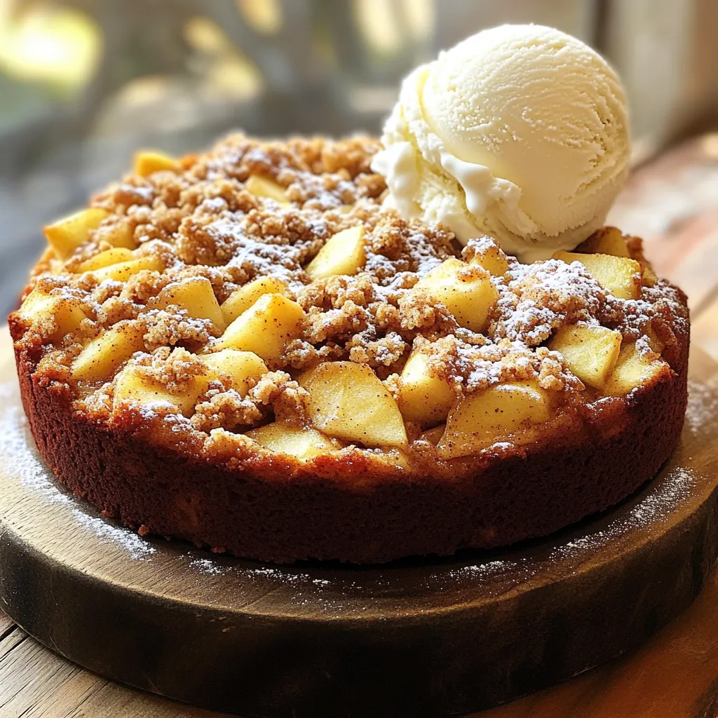 - 2 medium apples, peeled and diced - 1 cup granulated sugar - 1/2 cup unsalted butter, softened - 2 large eggs - 1 teaspoon vanilla extract - 1 1/2 cups all-purpose flour - 1 teaspoon baking powder - 1/2 teaspoon baking soda - 1 teaspoon ground cinnamon - 1/2 teaspoon salt - 1/2 cup buttermilk - 1/2 cup brown sugar, packed - 1/4 cup rolled oats - 1/4 cup chopped walnuts or pecans (optional) To make this Apple Cinnamon Streusel Snack Cake, you need simple, fresh ingredients. Apples bring sweetness and moisture to the cake. Choose medium apples that are firm. I like Granny Smith or Honeycrisp for their nice balance of tart and sweet. You will need sugar for sweetness. Granulated sugar works best for the cake base. You’ll also need unsalted butter for richness. Softening it helps it mix well. Eggs add structure and moisture. The vanilla extract gives a warm, sweet flavor. For the dry mix, you’ll use all-purpose flour, baking powder, baking soda, ground cinnamon, and salt. Baking powder and soda help the cake rise. The ground cinnamon adds that comforting spice aroma. Buttermilk adds tanginess and moistness. It helps balance the sweetness. We also make a streusel topping. You’ll need brown sugar for rich flavor, rolled oats for texture, and optional nuts for crunch. Gather all these ingredients, and you’re ready to create a delightful snack cake! 1. Preheat the oven and prepare the baking pan: Start by preheating your oven to 350°F (175°C). While it heats, grease and flour a 9-inch square baking pan. This step helps prevent the cake from sticking. 2. Cream butter and sugar until fluffy: In a large bowl, add 1/2 cup of softened unsalted butter and 1 cup of granulated sugar. Use an electric mixer or a whisk to blend them together until the mixture is light and fluffy. This process adds air and makes the cake soft. 1. Add eggs and vanilla to the mixture: Next, crack in 2 large eggs. Mix well after adding each egg. Then, stir in 1 teaspoon of vanilla extract for flavor. 2. Combine dry ingredients separately and mix with wet ingredients: In another bowl, mix 1 1/2 cups of all-purpose flour, 1 teaspoon of baking powder, 1/2 teaspoon of baking soda, 1 teaspoon of ground cinnamon, and 1/2 teaspoon of salt. Gradually add this dry mix to your wet mixture, alternating with 1/2 cup of buttermilk. Start and end with the dry mix. Combine until just mixed, but don’t overdo it. 1. Fold in diced apples: Take 2 medium apples, peel, and dice them. Gently fold these into the batter. This step adds moisture and a lovely apple flavor. 2. Prepare streusel topping and sprinkle over the batter: In a small bowl, mix 1/2 cup of packed brown sugar, 1/4 cup of rolled oats, and 1/4 cup of chopped nuts (optional). Sprinkle this mixture evenly over the batter in the pan. This adds a crunchy topping. 1. Bake and check for doneness: Place the pan in the oven and bake for 30-35 minutes. Check doneness by inserting a toothpick into the center. If it comes out clean, the cake is ready. 2. Cooling process before serving: Once baked, let the cake cool in the pan for about 10 minutes. Then, transfer it to a wire rack to cool completely. This helps the cake set well and makes it easier to slice. How to choose the right apples Choose firm apples for your cake. Varieties like Granny Smith or Honeycrisp work well. They add a nice balance of sweet and tart flavors. Make sure the apples are fresh and free of bruises for the best taste. Ensuring proper mixing techniques Mixing is key to a great cake. Start by creaming the butter and sugar until it's light. This adds air and makes the cake fluffy. When adding eggs, mix one at a time. This ensures they blend well. Finally, be gentle when folding in the apples. You want them evenly spread without breaking them apart. Presentation ideas for the snack cake Serve your cake warm for the best flavor. Dust it lightly with powdered sugar for a nice touch. You can also cut it into squares and place it on a colorful plate. Add a sprig of mint for a fresh look. Pairing options Pair your cake with a scoop of vanilla ice cream. The cold ice cream contrasts nicely with the warm cake. Whipped cream is another tasty option. It adds creaminess and sweetness to each bite. Overmixing the batter Mixing too much can make the cake dense. Stop mixing as soon as the ingredients are combined. This keeps the cake light and airy. Not measuring ingredients accurately Measuring is crucial in baking. Use measuring cups and spoons for accuracy. Too much flour or sugar can change the cake’s texture. Always level off dry ingredients for the best results. {{image_2}} You can switch up the flavors in your Apple Cinnamon Streusel Snack Cake easily. Adding spices can enhance the taste. Try a pinch of nutmeg or ginger. Both spices add warmth and depth. You can also use nuts for crunch. Chopped walnuts or pecans bring flavor and texture. Feel free to mix and match to find your favorite combo! If you need gluten-free options, you can use gluten-free flour. It works well in this cake. You can also replace eggs and butter for a vegan version. Use flax eggs or applesauce for the eggs. Coconut oil or vegan butter can replace regular butter. This way, everyone can enjoy the cake without worry. The streusel topping is delicious, but there are other ideas too. You can add a simple glaze made from powdered sugar and milk. It adds sweetness and looks nice. For a fancy touch, try icing made from cream cheese. It pairs well with the apple flavor. You can also sprinkle some additional nuts or oats on top for a unique twist. To keep your Apple Cinnamon Streusel Snack Cake fresh, use an airtight container. Glass or plastic containers work well. You can also wrap the cake in plastic wrap for extra protection. Store it at room temperature for up to three days. If you want to keep it longer, the fridge is a good option. Just remember, the cake can last up to a week in the fridge. Freezing the snack cake is easy. First, let it cool completely. Then, slice the cake into pieces. Wrap each slice in plastic wrap. Place the wrapped slices in a freezer bag. Make sure to remove as much air as possible. This will help prevent freezer burn. You can freeze the snack cake for up to three months. When you’re ready to enjoy it, thaw it in the fridge overnight. If you need it faster, leave it out at room temperature for a few hours. Reheat slices in the microwave for a warm treat. Enjoy your delicious cake anytime! To check if your cake is done, use a toothpick. Insert it into the center of the cake. If it comes out clean or with a few crumbs, your cake is done. If it has wet batter, bake it for a few more minutes. This simple test gives you a clear answer. Remember, overbaking can make your cake dry. Yes, you can make this cake ahead of time. Bake it and let it cool completely. Then, wrap it tightly with plastic wrap. Store it in the fridge for up to three days. For longer storage, freeze it for up to three months. Just remember to thaw it in the fridge overnight before serving. This helps keep the cake moist and fresh. If you don’t have buttermilk, don’t worry! You can use regular milk mixed with vinegar or lemon juice. Use one tablespoon of vinegar or lemon juice in a measuring cup. Fill the cup with milk until you reach the one-half cup mark. Let it sit for five minutes before using. You can also use plain yogurt or sour cream mixed with water. Each option works well in baking. This blog post offered a complete guide on making Apple Cinnamon Streusel Snack Cake. You learned the right ingredients, step-by-step instructions, and tips to ensure your success. Remember to pick the best apples and avoid overmixing. Feel free to explore variations and adaptations to suit your taste. Store any leftovers properly, and don’t hesitate to prep ahead. Baking should be fun and rewarding, so enjoy your delicious creation!