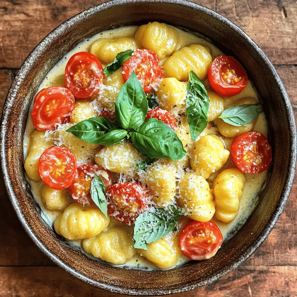 - 1 pound potato gnocchi - 2 cups cherry tomatoes, halved - 1 cup heavy cream - 1 tablespoon olive oil - 3 cloves garlic, minced - 1 teaspoon sugar - Salt and pepper to taste - 1 teaspoon dried Italian herbs - 1 cup fresh basil leaves, chopped - Grated Parmesan cheese for serving To create this creamy tomato basil gnocchi, you need a mix of simple, fresh ingredients. Start with potato gnocchi. They provide a soft, chewy base that pairs well with the sauce. Cherry tomatoes add sweetness and color. Heavy cream gives the dish its rich, smooth texture. Garlic adds a punch of flavor, while the sugar balances the acidity of the tomatoes. You should also consider salt and pepper to enhance the taste. Dried Italian herbs bring a classic flavor to the dish. Fresh basil gives it a bright, aromatic finish. Finally, grated Parmesan cheese adds a salty, nutty touch when serving. - Calories per serving: Approximately 450 - Macronutrient breakdown: - Carbohydrates: 45g - Fats: 25g - Proteins: 10g This meal offers a satisfying balance of carbs, fats, and proteins. The potato gnocchi and cream contribute to the carb and fat content. Meanwhile, the sauce and cheese add protein to keep you full. This dish not only tastes great, but it also provides good energy for the day. To boil potato gnocchi, fill a large pot with salted water. Bring it to a rolling boil. Add the gnocchi gently. Keep an eye on them as they cook. They will float to the top when done, which takes about 2-3 minutes. Once they float, drain and set them aside. For perfect doneness, do not overcrowd the pot. If you have a lot of gnocchi, cook them in batches. This helps each piece cook evenly and avoids sticking. Start by heating olive oil in a large skillet over medium heat. Add minced garlic and sauté for about 1 minute. You want the garlic to smell nice but not burn. Next, add halved cherry tomatoes to the skillet. Stir them gently. Sprinkle with sugar, salt, pepper, and dried Italian herbs. Cook for about 5-7 minutes. You’ll notice the tomatoes soften and release their juices, creating a lovely base for your sauce. To enhance the flavors, consider adding a splash of balsamic vinegar or a pinch of red pepper flakes. These small details can elevate the dish. Pour in the heavy cream and stir to combine. Let the sauce simmer for 3-4 minutes until it thickens slightly. Once your sauce is ready, it’s time to add the cooked gnocchi. Gently toss the gnocchi in the sauce until they are well coated. Use a spatula or tongs for even mixing. If the sauce seems too thick, add a splash of pasta water to loosen it up. This water contains starch and helps the sauce cling to the gnocchi. Finally, stir in the fresh basil and cook everything for 2 more minutes. This step lets the basil release its flavor into the dish. Serve hot, topped with grated Parmesan cheese and a sprinkle of fresh basil for a beautiful finish. To keep your sauce from burning, watch the heat closely. Medium heat is ideal for cooking garlic and tomatoes. Stir often to help the ingredients blend well. If the garlic starts to brown, it can make the sauce taste bitter. Balancing flavors with herbs is key to this dish. Fresh basil adds a bright taste. Dried Italian herbs give depth. Mix them in at the right time. Add the fresh basil at the end for a vibrant kick. Pair this dish with a simple green salad. A light salad with lemon dressing adds freshness. Garlic bread also works well. It’s great for soaking up any leftover sauce. For garnish, sprinkle grated Parmesan cheese on top. Add extra basil leaves for color. This makes the dish look inviting and delicious. Use a large pot for boiling the gnocchi. A sturdy skillet is great for making the sauce. A wooden spoon helps to mix the ingredients gently. You’ll need a sharp knife for chopping tomatoes and basil. A cutting board is essential too. These tools make cooking smooth and easy. {{image_2}} You can make this dish heartier by adding protein. Chicken or shrimp both work well. For chicken, cut it into bite-sized pieces. Sauté the chicken in olive oil until it’s golden and cooked through. Then add the garlic and follow the recipe. For shrimp, add them after the tomatoes soften. Cook until they turn pink. If you prefer vegetarian options, try adding chickpeas or lentils. They add protein and a nice texture. To make the dish vegan or lactose-free, swap out the heavy cream. You can use coconut cream or cashew cream instead. Both options keep the dish creamy without dairy. For a lighter option, you could also use almond milk with a bit of cornstarch to thicken it. It will still taste great while meeting dietary needs. Let your creativity shine by adding spices or veggies. A pinch of red pepper flakes adds heat. Fresh spinach or kale can boost nutrition and color. You might also try adding mushrooms for an earthy flavor. Herbs like oregano or thyme will enhance the taste as well. Don’t be afraid to experiment with what you love! To keep your creamy tomato basil gnocchi fresh, store it in an airtight container. Make sure it cools to room temperature first. Place it in the fridge. This way, it will last for up to three days. When you're ready to eat, just reheat it on the stove or in the microwave. If you want to save some gnocchi for later, freezing is a great option. First, let the dish cool completely. Next, divide it into portions. Use freezer-safe bags or containers. Squeeze out any air before sealing. This helps prevent freezer burn. It can last up to three months in the freezer. To reheat, thaw it overnight in the fridge. Then, warm it slowly in a skillet over low heat. Add a splash of cream or water to keep it creamy and prevent sticking. Leftover gnocchi is versatile! You can create a new dish with it. Try making a gnocchi bake. Just layer it with cheese and sauce in a baking dish, then bake until bubbly. Another idea is to sauté it with veggies and a bit of pesto for a quick meal. You can also toss it into a soup for added texture and flavor. Gnocchi cooks quickly. You will only need about 2-3 minutes in boiling water. They are done when they float to the top. This indicates they are ready to drain and mix with your sauce. Yes, you can use store-bought gnocchi. It saves time and effort. Many brands offer tasty options. Just follow the cooking instructions on the package for best results. You can try many sauces with gnocchi. Here are some ideas: - Marinara sauce for a classic taste. - Pesto sauce for a fresh, herbal flavor. - Alfredo sauce for a rich and creamy option. Experiment with your favorites to change the dish! Yes, you can make this dish gluten-free! Look for gluten-free gnocchi made from potatoes or rice flour. They taste great and work well with the creamy tomato sauce. This blog post covered a fun and tasty recipe for potato gnocchi in creamy tomato sauce. You learned about the ingredients, step-by-step instructions, and tips for great flavors. We also explored ways to customize the dish and handle leftovers. With easy steps and versatile options, you can enjoy this meal any time. Get creative with your ingredients and share this recipe with others. Your kitchen adventures will be enjoyable, satisfying, and delicious!