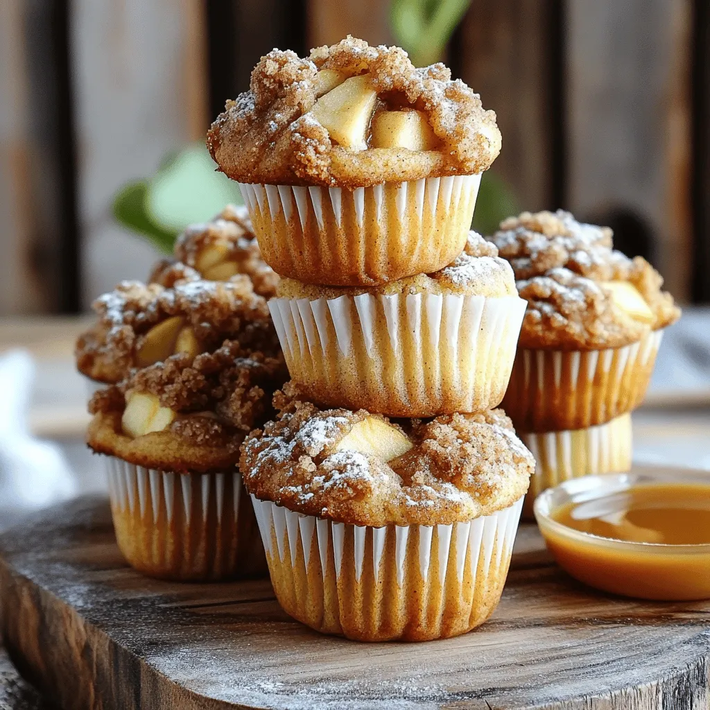 To make these delicious apple cinnamon streusel muffins, gather the following ingredients: - 2 cups all-purpose flour - 1 cup granulated sugar - 1 tablespoon baking powder - 1/2 teaspoon baking soda - 1/2 teaspoon salt - 1 teaspoon ground cinnamon - 1/2 cup unsalted butter, melted - 2 large eggs - 1 cup buttermilk - 1 1/2 cups apples, peeled, cored, and diced (about 2 medium apples) - 1/2 cup finely chopped walnuts (optional) These basic ingredients create a soft and fluffy muffin. The apples add moisture and flavor. If you like nuts, add walnuts for a nice crunch. For the sweet streusel topping, you will need: - 1/2 cup all-purpose flour - 1/2 cup brown sugar, packed - 1/4 teaspoon ground cinnamon - 1/4 cup unsalted butter, softened The streusel brings a sweet and crunchy layer. Mix these well for the best texture. It gives the muffins a perfect finish. First, preheat your oven to 350°F (175°C). This step warms the oven, ensuring even baking. Next, line your muffin tin with paper liners. If you don’t have liners, grease the tin lightly with cooking spray. This helps prevent sticking, so your muffins come out easily. In a small bowl, mix together 1/2 cup of all-purpose flour, 1/2 cup of brown sugar, and 1/4 teaspoon of ground cinnamon. Use a fork to combine these dry ingredients well. Then, add 1/4 cup of softened unsalted butter. Mix until the mixture looks crumbly. This will be your tasty streusel topping. In a large mixing bowl, whisk together 2 cups of all-purpose flour, 1 cup of granulated sugar, 1 tablespoon of baking powder, 1/2 teaspoon of baking soda, 1/2 teaspoon of salt, and 1 teaspoon of ground cinnamon. Make sure everything is well combined. This mixture forms the base for your muffins. In another bowl, whisk together 1/2 cup of melted butter, 2 large eggs, 1 cup of buttermilk, and 1/2 teaspoon of vanilla extract. Mix until smooth. This wet mixture adds flavor and moisture to your muffins. Now, pour the wet mixture into the dry ingredients. Stir gently until just combined. It’s okay if there are a few lumps. Overmixing can make your muffins tough, so be careful here. Gently fold in 1 1/2 cups of diced apples and 1/2 cup of finely chopped walnuts, if you’re using them. This adds great flavor and texture. Next, scoop the batter into the muffin tin, filling each cup about 2/3 full. Sprinkle the streusel topping generously over each muffin. Bake in the preheated oven for 20-25 minutes. Check for doneness by inserting a toothpick in the center. If it comes out clean, your muffins are ready! To make perfect muffins, avoid overmixing the batter. When you mix too much, your muffins can become tough. Stir the wet and dry ingredients together gently. A few lumps are just fine. Ingredient temperature matters too. Use room temperature eggs and buttermilk. This helps your batter blend better and rise evenly in the oven. Choosing the right apples can make a big difference. I recommend using a mix of sweet and tart apples. Honeycrisp and Granny Smith work well together. They add great flavor and keep their shape when baked. You can also add spices for extra flavor. Consider mixing in some nutmeg or a bit of orange zest. These small changes can elevate the taste of your muffins. Serve your muffins warm for the best experience. Place them on a wooden board for a rustic look. Dust them lightly with powdered sugar for a sweet touch. For added flair, serve with caramel sauce for drizzling or a dollop of whipped cream. Both make your muffins even more tempting and tasty! {{image_2}} You can change up the flavor of your muffins and surprise your taste buds. Try adding different fruits like blueberries or pears. These fruits add a nice twist and keep things fresh. You can also mix in dried fruits, like cranberries or raisins, for added sweetness. If you're feeling adventurous, toss in some chocolate chips for a rich treat. The options are endless, and each variation offers a unique taste experience. If you want a gluten-free muffin, you can swap all-purpose flour for a gluten-free blend. This allows everyone to enjoy these delicious muffins without worry. For a dairy-free option, you can use almond milk or oat milk instead of buttermilk. Just add a splash of vinegar to help with the texture. These swaps make the recipe fit different diets while keeping it tasty. The streusel topping adds a lovely crunch, but you can get creative! Try mixing oats or nuts into your streusel for a different texture. You can also drizzle icing or glaze over the muffins for a sweet finish. A simple glaze made from powdered sugar and milk can elevate your muffins even more. These topping alternatives let you customize each batch to your liking. To keep your apple cinnamon streusel muffins fresh, store them at room temperature. Use an airtight container. This keeps moisture in and prevents them from drying out. If you have leftover muffins, let them cool first. Then, place them in the container with a paper towel. The towel absorbs extra moisture and helps keep them soft. For longer storage, freezing muffins is the way to go. Wrap each muffin tightly in plastic wrap. Place the wrapped muffins in a freezer bag or airtight container. This will keep them fresh for up to three months. When you are ready to enjoy them, thaw the muffins at room temperature. You can also reheat them in the oven at 350°F (175°C) for about 10 minutes. This brings back their warm, fresh-from-the-oven taste. It is important to know when muffins have gone bad. If you see mold, throw them away right away. A musty smell is another sign of spoilage. If the muffins feel dry or hard, they might not taste good anymore. Always check for a change in color or texture before eating. If you notice any of these signs, it’s best to discard the muffins for safety. To make muffins moist, use buttermilk and melted butter. Combine these with eggs for a rich texture. Do not overmix the batter. A few lumps are okay. Using fresh apples adds moisture too. This helps create a soft and tender muffin. Yes, you can use whole wheat flour. It gives muffins a nutty flavor. However, it may change the texture slightly. Whole wheat flour can make muffins a bit denser than regular flour. You might want to mix half all-purpose flour and half whole wheat for the best results. To prevent sticking, line the muffin tin with paper liners. You can also grease the tin with cooking spray or butter. Make sure to coat the sides well. This helps the muffins release easily after baking. You can make these muffins ahead of time. Bake them and let them cool completely. Store the muffins in an airtight container at room temperature. They stay fresh for about three days. You may also freeze them for up to three months. Apple Cinnamon Streusel Muffins pair well with coffee or tea. They also taste great with a side of caramel sauce. Whipped cream adds a nice touch too. For a unique twist, serve them with a scoop of vanilla ice cream. You learned how to make delicious Apple Cinnamon Streusel Muffins today. We covered the key ingredients, step-by-step instructions, and helpful tips. You can also explore variations to suit your taste and learn how to store your muffins properly. Remember, baking is as much about joy as it is about technique. Enjoy the process, share with friends, and make these muffins your own. Happy baking!