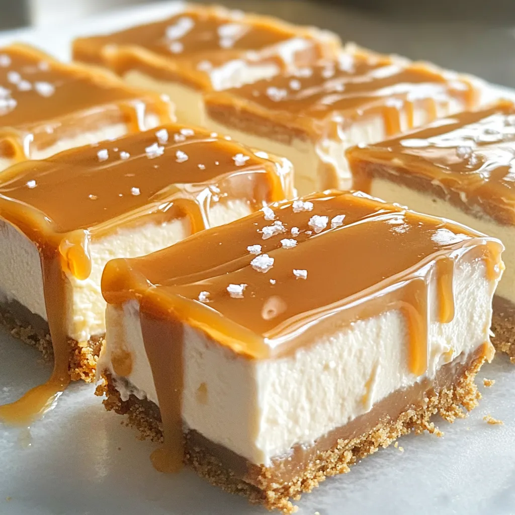 The ingredients for No Bake Salted Caramel Cheesecake Bars are simple yet essential. Each item plays a crucial role in creating that rich, creamy flavor. Here’s what you need: - 1 ½ cups graham cracker crumbs - ½ cup unsalted butter, melted - 1 cup cream cheese, softened - ½ cup granulated sugar - 1 teaspoon vanilla extract - 1 cup heavy whipping cream - 1 cup caramel sauce (store-bought or homemade) - ¼ teaspoon sea salt - Additional sea salt for garnish Gathering these ingredients sets the stage for a delightful dessert. The graham cracker crumbs form a crunchy base, while the melted butter binds them together. Cream cheese adds that creamy texture we love, and the granulated sugar sweetens the mix. Don't forget the vanilla extract, which brings added depth to the flavor. Whipping cream gives the cheesecake its lightness and fluffiness. The caramel sauce is the star of the show, providing that sweet and salty hit. Finally, sprinkling sea salt on top enhances the flavor, making each bite irresistible. With these ingredients in hand, you’re ready to create something truly special. Trust me; these bars will impress everyone! - First, grab a mixing bowl. Add 1 ½ cups graham cracker crumbs and ½ cup melted butter. Mix until all crumbs are coated. This mixture should look sandy and wet. - Next, take an 8x8-inch baking pan. Press the crumb mixture into the bottom. Make sure to pack it tightly. An even crust makes for a better base. - In a clean mixing bowl, beat 1 cup cream cheese with ½ cup granulated sugar and 1 teaspoon vanilla extract. Mix until it is smooth and creamy. You want a nice texture without lumps. - In another bowl, whip 1 cup heavy cream until it forms stiff peaks. This adds fluffiness to your cheesecake. - Pour half of the cheesecake mixture over the crust. Spread it out evenly with a spatula. - Drizzle half of the caramel sauce over this layer. Use a toothpick or knife to create a marbled effect. Swirl it gently for a nice look! - Now, add the rest of the cheesecake mixture on top. Flatten it out with a spatula again. - Drizzle the remaining caramel sauce over this layer. Swirl it as you did before. This creates beautiful patterns. - Finally, sprinkle a bit of sea salt over the top. It adds a nice touch. - Cover the pan with plastic wrap. Refrigerate for at least 4 hours. This helps it set perfectly. - Once firm, cut into bars and serve. Enjoy your tasty creation! To make these bars smooth, use softened cream cheese. Cold cream cheese will not mix well. Let it sit at room temperature for at least 30 minutes. This makes blending easier and gives a creamier texture. When whipping cream, start with very cold heavy cream. Using a chilled bowl helps too. Whip it on medium speed until you see stiff peaks. This means the cream holds its shape well. Don’t over-whip, or it will turn grainy. You can add more toppings to make it special. Try chopped nuts, chocolate shavings, or fresh fruit. These add texture and color. When it comes to caramel, homemade sauce tastes rich and fresh. Store-bought caramel is easy and saves time. Choose what fits your day best. If using store-bought, look for a good-quality brand for the best taste. These cheesecake bars are great for parties or family gatherings. They are simple yet elegant. Serve them for birthdays, holidays, or just because! Pair these bars with coffee, tea, or a glass of milk. The smooth taste of cheesecake matches well with these drinks. You can also serve them with a scoop of vanilla ice cream for extra indulgence. {{image_2}} You can switch up the crust for your No Bake Salted Caramel Cheesecake Bars. Instead of graham crackers, try using Oreos. Crush them and mix with melted butter. This change gives a rich chocolate flavor. You can also use crushed nuts like almonds or pecans. They add a nice crunch and flavor. For gluten-free options, use gluten-free graham cracker crumbs. Some brands make great alternatives. You can also use ground almonds or oats to make a tasty crust. This way, everyone can enjoy these treats. Want to change the taste? You can add chocolate to your cheesecake. Mix in cocoa powder with the cream cheese. You can also add melted chocolate for a rich flavor. This makes a delightful chocolate salted caramel cheesecake. If you like fruit, consider adding fresh fruit toppings. Sliced strawberries or blueberries work well. They add freshness and color to your bars. Just place them on top before serving for a pretty look. If you're looking for vegan options, use plant-based cream cheese. You can also use coconut cream instead of heavy cream. This keeps the creamy texture while being dairy-free. For low-sugar or keto diets, swap regular sugar for a sugar substitute. Use a low-carb cream cheese and adjust the crust with almond flour. This way, you can enjoy these bars without extra carbs. To keep your no bake salted caramel cheesecake bars fresh, refrigeration is key. I recommend placing your bars in an airtight container. This helps avoid any unwanted moisture or odors. If you don’t have an airtight container, wrap the pan tightly with plastic wrap. Make sure it seals well to keep the flavors intact. If you want to save some bars for later, freezing works well. First, cut the bars into squares. Then wrap each piece in plastic wrap. After that, place them in a freezer-safe container. This keeps the flavors fresh and prevents freezer burn. When you’re ready to eat, simply take them out and let them thaw in the fridge for a few hours. This way, they keep their smooth texture and taste great. In the fridge, these cheesecake bars can last about 5 days. If you freeze them, they can stay good for about 3 months. Just remember to check for any signs of freezer burn if you wait that long. Enjoy these sweet treats while they're fresh for the best taste! Yes, you can use low-fat cream cheese. However, the texture will change. Low-fat cream cheese is softer and may not hold its shape as well. This can make your cheesecake bars a bit less firm. The taste might also be less rich. For the best results, I suggest using full-fat cream cheese. If you want to make your own caramel, you can use sugar and cream. Heat one cup of sugar in a pot until it melts. Once it’s brown, add half a cup of cream. Stir until smooth. You can also use maple syrup or honey for a different flavor. Both can add sweetness, but they will not taste the same as caramel. I recommend chilling the bars for at least four hours. This time allows the cheesecake to firm up nicely. If you can wait longer, overnight is even better! This will make the bars easier to cut and serve. This cheesecake bar recipe is both easy and delicious. You learned about the key ingredients, from creamy cheese to rich caramel. I shared step-by-step instructions to guide you as you bake. Tips for texture and flavor help ensure success. There’s even advice on storing your bars and ideas for fun variations. Experiment with crusts or flavors to make this dessert your own. Enjoy these bars at your next gathering or just for yourself. Making them will impress and satisfy any sweet tooth. Happy baking!