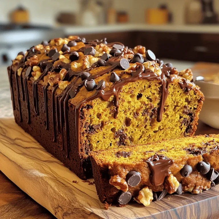 To make a delicious pumpkin chocolate chip bread, you will need some key ingredients. Here’s what you’ll gather: - 1 cup pumpkin puree - 1/2 cup vegetable oil - 3/4 cup brown sugar - 1/2 cup granulated sugar - 2 large eggs - 1 teaspoon vanilla extract - 1 1/2 cups all-purpose flour - 1 teaspoon baking soda - 1/2 teaspoon baking powder - 1/2 teaspoon salt - 1 teaspoon ground cinnamon - 1/2 teaspoon ground nutmeg - 1/2 teaspoon ground ginger - 1 cup chocolate chips - 1/2 cup chopped walnuts (optional) Now, let’s dive deeper into why each ingredient matters. Pumpkin puree is the star of the show. It adds moisture and a rich flavor. Use canned puree or make your own from fresh pumpkin. I prefer vegetable oil for its light taste. It keeps the bread soft and tender. Brown sugar adds a hint of caramel flavor. Granulated sugar gives sweetness. Together, they create the perfect balance. Eggs bind the ingredients. They also help the bread rise and stay fluffy. This tiny addition boosts the bread's flavor. It adds warmth and richness. Flour gives structure. It’s essential for the bread to hold its shape. These two are leavening agents. They help the bread rise, making it light and airy. Salt is a must. It enhances all the flavors in the bread. Cinnamon, nutmeg, and ginger add warmth and depth. They make the bread feel cozy and inviting. Chocolate chips bring sweetness and richness. They melt into gooey pockets throughout the bread. Walnuts add crunch and nuttiness. If you love texture, toss them in! With these ingredients, you’re ready to create a delightful pumpkin chocolate chip bread that bursts with flavor. Enjoy baking! - Preheat oven and prepare the loaf pan First, set your oven to 350°F (175°C). Grease a 9x5 inch loaf pan. This helps the bread release easily. - Combine wet ingredients In a large bowl, whisk together 1 cup of pumpkin puree, 1/2 cup of vegetable oil, 3/4 cup of brown sugar, and 1/2 cup of granulated sugar. Mix until smooth. - Mix dry ingredients In another bowl, sift together 1 1/2 cups of all-purpose flour, 1 teaspoon of baking soda, 1/2 teaspoon of baking powder, and 1/2 teaspoon of salt. Add 1 teaspoon of ground cinnamon, 1/2 teaspoon of ground nutmeg, and 1/2 teaspoon of ground ginger. - Combine wet and dry ingredients Gradually add the dry mix to the wet ingredients. Stir gently until just combined. Avoid overmixing to keep the bread light and fluffy. - Fold in chocolate chips and walnuts Gently fold in 1 cup of chocolate chips and 1/2 cup of chopped walnuts if you like. This adds great texture and flavor. - Pour batter into the loaf pan Pour the batter into the prepared loaf pan. Smooth the top with a spatula for an even bake. - Baking time and method Bake for 60-65 minutes. Check with a toothpick in the center. It should come out clean when done. - Cooling the bread Remove the bread from the oven. Let it cool in the pan for 10 minutes. Then, transfer it to a wire rack to cool completely. This helps it set and makes slicing easier. Preventing overmixing Mixing your batter too much can ruin the texture. When you combine the dry and wet ingredients, stir gently. Stop mixing as soon as you see no dry flour. This keeps your bread tender and light. Ideal baking time and temperature Bake your bread at 350°F (175°C) for 60-65 minutes. Check if it's done by inserting a toothpick in the center. If it comes out clean, your bread is ready. Let it cool in the pan for ten minutes before moving it to a rack. Presentation tips for serving Slice the bread when it is warm. For an extra treat, drizzle melted chocolate on top. You can also add a dollop of whipped cream on the side. These touches make your bread look and taste great. Pairing ideas with drinks or toppings Pair your bread with warm apple cider or a cup of coffee. You can also enjoy it with cream cheese or a scoop of ice cream. These pairings enhance the flavors of your pumpkin chocolate chip bread. {{image_2}} You can easily change the taste of this bread with simple swaps. Here are some ideas: - Using different types of sugar: You can try using coconut sugar or maple sugar. This can add a unique flavor. Brown sugar adds moisture, while granulated sugar gives a nice crunch. - Substitutes for chocolate chips: If you want a twist, use white chocolate chips or dark chocolate. You can even use butterscotch chips for a sweeter touch. Chopped dried fruit, like cranberries or raisins, can also work well. - Adding spices or other mix-ins: Try adding a pinch of cardamom for warmth. You can also fold in shredded coconut or even chopped apples for extra flavor and texture. For those with specific diets, here are some options: - Gluten-free options: Use a gluten-free flour blend in place of all-purpose flour. Make sure it contains xanthan gum for proper texture. This way, you can still enjoy the bread without gluten. - Vegan adaptations: Replace the eggs with flax eggs or applesauce. Use a plant-based oil and ensure your chocolate chips are dairy-free. This makes the bread suitable for vegan diets. These variations let you personalize your pumpkin chocolate chip bread. Whether you want to make it healthier or simply try something new, have fun with these ideas! After baking, you may have some delicious bread left. You have two great options for storing it. First, you can keep it at room temperature. Just wrap it in plastic wrap or foil. This method keeps it fresh for about three days. Place it in a cool, dry spot away from sunlight. The second option is refrigeration. While it keeps the bread safe longer, it can dry it out. If you choose to refrigerate, wrap it well to prevent this. If you want to save it for longer, freezing is best. Here’s how you can do it: - Let the bread cool completely. - Wrap it tightly in plastic wrap, then in foil. - Label it with the date and place it in the freezer. This way, it can last up to three months. The shelf life of your pumpkin chocolate chip bread is quite good. At room temperature, the bread stays fresh for about three days. If you store it in the fridge, it can last up to a week. When frozen, you can enjoy it for up to three months. Always check for signs of spoilage, like mold or a strange smell. If you find any, it's best to toss it. This way, you can enjoy your pumpkin chocolate chip bread at its best! Can I use fresh pumpkin instead of puree? Yes, you can use fresh pumpkin. First, cook the pumpkin until soft. Then, mash it well and strain any excess liquid. This gives you a great puree to use in your bread. How can I make this recipe healthier? To make it healthier, try these tips: - Use whole wheat flour instead of all-purpose flour. - Reduce the sugar by using applesauce or honey. - Add in some flaxseeds or chia seeds for extra fiber. What can I do if my bread is too moist or dense? If your bread is too moist, you may have added too much pumpkin or not baked it long enough. To fix this, try: - Reducing the pumpkin puree by a few tablespoons. - Extending the baking time by 5-10 minutes. Why did my bread sink in the middle? Your bread may sink due to overmixing the batter. Mix until just combined. Also, check your oven temperature with an oven thermometer. If it runs low, your bread may not rise properly. How to prevent chocolate chips from sinking? To keep chocolate chips from sinking, toss them in a bit of flour before folding them into the batter. This helps them stay suspended in the mix as it bakes. In this article, we explored how to make Pumpkin Chocolate Chip Bread, from gathering the right ingredients to baking tips and storage advice. You learned about ingredient swaps for different diets and how to present it beautifully. Remember, each step counts for great results. With these tips, you can enjoy delicious bread anytime. Get creative with your variations, and always have fun in the kitchen!