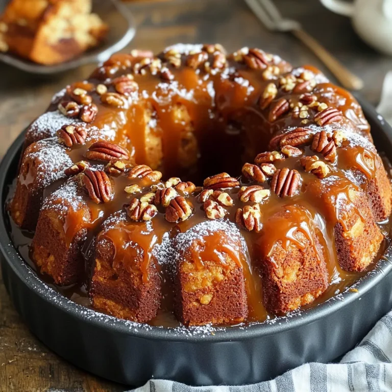 To make Caramel Pecan Monkey Bread, you need the following ingredients: - 3 cans of refrigerated biscuit dough - 1 cup chopped pecans - 1 cup brown sugar - ½ cup granulated sugar - 1 teaspoon ground cinnamon - ½ cup unsalted butter (1 stick) - ½ cup caramel sauce - 1 teaspoon vanilla extract - Cooking spray These ingredients blend together to create a warm, sweet treat. The biscuit dough forms the soft base, while pecans add a nice crunch. The brown sugar and cinnamon mix creates a cozy flavor. The butter and caramel sauce make it rich and gooey. You can use store-bought caramel sauce or make your own for extra fun. Remember, using fresh ingredients always makes a difference. Enjoy gathering these items, as each plays an important role in your delicious dessert! 1. Preheat your oven to 350°F (175°C). This ensures even baking. 2. Grease a bundt pan with cooking spray. This keeps the bread from sticking. 3. In a bowl, mix the brown sugar, granulated sugar, and cinnamon. Stir until well blended. 4. Open the biscuit dough and cut each biscuit into quarters. Roll each piece into a ball. 1. Toss each dough ball in the sugar mixture. Make sure they are fully coated. 2. In a separate bowl, combine chopped pecans with a few tablespoons of the sugar mix. This adds flavor. 3. Layer half of the biscuit balls in the bundt pan. Sprinkle half of the pecans on top. 4. Pour half of the melted butter and half of the caramel sauce over the first layer. 5. Repeat the layers with the remaining biscuit balls, pecans, butter, and caramel. 6. Bake for 30-35 minutes. The top should be golden brown and the dough cooked through. 1. Let the monkey bread cool for about 10 minutes after baking. 2. Carefully invert the bundt pan onto a plate. This releases the monkey bread. 3. Drizzle any remaining caramel sauce over the top before serving. Enjoy the sticky goodness! To make sure your monkey bread bakes evenly, keep the oven at 350°F. This temperature helps the dough cook through without burning. Always use a bundt pan and grease it well with cooking spray. This step stops the bread from sticking and makes it easy to flip out. Use refrigerated biscuit dough for the best texture. It puffs up nicely when baked. For a stronger pecan flavor, mix chopped pecans with some of the sugar and cinnamon blend. This extra step makes the nuts more tasty and brings out their crunch. Serve your monkey bread warm for the best flavor. A drizzle of extra caramel sauce on top adds sweetness. You can also sprinkle powdered sugar or more chopped pecans for decoration. This not only looks great but also brings extra flavor. Pair it with coffee or milk for a perfect dessert experience. {{image_2}} You can make your Caramel Pecan Monkey Bread even more fun! Add chocolate chips for a sweet twist. Just toss in about a cup of chocolate chips with the dough balls. You can also mix in dried fruits like raisins or cranberries. They add a nice chewiness and burst of flavor. If you want to switch up the nuts, try using almonds or walnuts. Almonds give a nice crunch, while walnuts add a rich taste. Just chop them up like you do with pecans. Mix them into the layers for a new nutty flavor. If you are gluten-free, you can still enjoy this treat. Look for gluten-free biscuit dough in stores. Many brands make great options that taste just as good. For those who need a vegan option, swap the butter for plant-based butter. You can also use coconut oil if you like that flavor. For the caramel, choose a vegan caramel sauce or make your own. Just use coconut milk and brown sugar to create a creamy, tasty sauce. These swaps make the recipe fit various diets while keeping it delicious! To keep your leftover monkey bread fresh, store it in an airtight container. This helps prevent it from drying out. If you don’t have a container, wrap it tightly in plastic wrap. It’s best to store it at room temperature for up to two days. If you plan to keep it longer, place it in the fridge for up to a week. Just remember that refrigeration can change its texture. When you want to enjoy your monkey bread again, reheating is key. The best way to reheat is in the oven. Preheat your oven to 350°F (175°C). Place the monkey bread on a baking sheet and cover it with foil. Heat for about 10-15 minutes until warm. This keeps it soft and gooey. You can also use the microwave, but be careful. Heat it in short bursts of 10-15 seconds. Check it often to avoid drying it out. The oven method gives you a better result, but the microwave is quick and easy. Enjoy your treats warm! Can I make Caramel Pecan Monkey Bread in advance? Yes, you can make this dish ahead of time. Prepare the monkey bread up to the point of baking. Cover it tightly with plastic wrap and refrigerate. When you are ready, just bake it straight from the fridge. It may need a few extra minutes in the oven. This makes it easy for parties or family gatherings. What can I substitute for the butter? If you need a butter substitute, try using coconut oil or margarine. Both work well and still give a rich flavor. You can also try unsweetened applesauce for a lighter option, but it may change the taste a bit. How do I know when the monkey bread is done? Check for a golden brown top and firm texture. You can insert a toothpick into the center. If it comes out clean, the monkey bread is done. The dough should not feel sticky to the touch. If it’s still soft, give it a few more minutes in the oven. Now you know how to make Caramel Pecan Monkey Bread. We covered the key ingredients, step-by-step instructions, and tips for baking and serving. You learned about tasty variations and proper storage, too. This delightful treat is easy to make and sure to impress. With the right ingredients and steps, you can enjoy this warm, gooey bread any time. Have fun experimenting with flavors and sharing this treat with others!