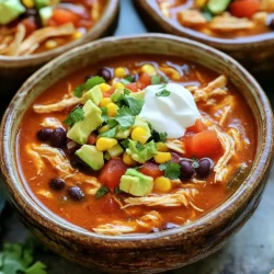 - 1 pound boneless, skinless chicken breasts - 1 can (15 oz) black beans, rinsed and drained - 1 can (15 oz) corn, drained - 1 can (10 oz) red enchilada sauce - 1 can (14.5 oz) diced tomatoes with green chilies - 2 cups chicken broth - 1 medium onion, diced - 2 cloves garlic, minced - 1 teaspoon cumin - 1 teaspoon chili powder - 1 teaspoon smoked paprika - Salt and pepper to taste I love using boneless, skinless chicken breasts for this soup. They cook up tender and juicy. The black beans and corn add great texture and flavor. Enchilada sauce gives it a nice kick, while diced tomatoes with green chilies add extra zest. Chicken broth brings it all together with warmth. Onions and garlic create a fragrant base that makes your kitchen smell divine. The spices—cumin, chili powder, and smoked paprika—add depth to every spoonful. - 1 cup shredded cheese (cheddar or Mexican blend) - 1 avocado, diced (for garnish) - Fresh cilantro, chopped (for garnish) - Sour cream (for serving) - Optional tortilla strips I always finish my soup with toppings. Shredded cheese melts beautifully on top. Avocado adds creaminess and freshness. Cilantro gives a bright pop of flavor. A dollop of sour cream makes it rich and smooth. If you want crunch, add tortilla strips. They make each bite exciting! 1. Prepare chicken and vegetables: Start with one pound of boneless, skinless chicken breasts. Place them at the bottom of your slow cooker. Next, dice one medium onion and mince two cloves of garlic. Spread the onion and garlic over the chicken. 2. Combine ingredients in the slow cooker: Now, add the following ingredients: - 1 can (15 oz) black beans, rinsed and drained - 1 can (15 oz) corn, drained - 1 can (10 oz) red enchilada sauce - 1 can (14.5 oz) diced tomatoes with green chilies - 2 cups chicken broth Season the mix with one teaspoon each of cumin, chili powder, and smoked paprika. Don’t forget to add salt and pepper to taste. Stir gently to combine everything. Ensure that the chicken is covered with the broth. 1. Cooking times for low and high settings: Cover the slow cooker. If you set it on low, cook for 6-7 hours. For high, cook for 3-4 hours. The chicken should be cooked through and tender. 2. Shredding chicken and adding cheese: After cooking, take two forks and shred the chicken right in the soup. Stir it back into the mix. If you want, add one cup of shredded cheese, like cheddar or a Mexican blend. Stir until the cheese melts. 1. How to ladle and present soup: Use a ladle to serve the soup into bowls. Top each bowl with diced avocado, fresh cilantro, and a dollop of sour cream for a nice touch. 2. Ideal side dishes and accompaniments: You might want to serve this soup with tortilla strips for some crunch. It pairs well with a simple salad or cornbread for a complete meal. To keep your chicken moist, place it at the bottom of the slow cooker. This allows the juices from the soup to flow over the chicken as it cooks. For the best results, cook on low for 6-7 hours. If you are short on time, the high setting works in 3-4 hours. Always check that the chicken is cooked through before shredding. You can boost the flavor by adding extra spices. Try some cayenne pepper or paprika for extra heat. Vegetables like bell peppers or corn add depth and texture. Adjust the spice level to suit your taste. If you want it milder, reduce the chili powder or skip the green chilies. For this recipe, a 6-quart slow cooker is ideal. It fits all the ingredients and allows for even cooking. A good pair of kitchen tongs makes shredding the chicken easier. A ladle is perfect for serving, and a large spoon helps mix the soup well. {{image_2}} Making it gluten-free To make this soup gluten-free, choose a gluten-free enchilada sauce. Most brands offer this option. You can also check the labels of your spices, like chili powder, to ensure they are gluten-free. Vegetarian alternatives For a vegetarian twist, swap the chicken for diced tofu or more beans. You can use extra black beans or add pinto beans. This keeps the protein high while making the soup meat-free. Southwest-style additions To amp up the flavor, consider adding cornmeal or diced green peppers. Chopped jalapeños can add heat if you like a spicy kick. Another great option is adding a splash of lime juice for brightness. Different cheese or bean options You can switch up the cheese for Monterey Jack or Pepper Jack. For beans, try kidney beans or chickpeas for a different taste. Each choice alters the flavor profile, giving you a new experience. Unique garnish ideas Garnish your soup with crushed tortilla chips or lime wedges. You can sprinkle some pickled onions for tang and crunch. Fresh diced tomatoes or radishes add color and freshness too. Serving as a dip or appetizer This soup can also work as a dip! Just serve it with tortilla chips or pita bread. It makes a fun appetizer for parties or game nights, bringing everyone together. To store leftovers properly, let the soup cool down first. Place it in an airtight container. This will keep the soup fresh. I recommend using glass or BPA-free plastic containers. They help prevent spills and keep flavors intact. For longer shelf-life, you can freeze the soup. Use freezer-safe containers or freezer bags. Make sure to leave some space for expansion. To thaw, move the soup to the fridge overnight. Reheat it on the stove or in the microwave until hot. Stir well before serving. For best practices with leftovers, consume them within three to four days. This keeps the soup tasting great. Look for signs of spoilage, like off smells or mold. If you see any, it's best to toss it. Enjoy your delicious slow cooker chicken enchilada soup while it's fresh! Can I use frozen chicken breasts? Yes, you can use frozen chicken breasts. Just add about an hour to the cooking time. This will help ensure that the chicken cooks all the way through. How do I adjust cooking time for more servings? To make more servings, you don't need to change the cooking time. Just increase the amount of chicken and other ingredients. The slow cooker will still work well. What can I substitute for black beans? If you don’t have black beans, you can use pinto beans or kidney beans. Both options will still give you great flavor and texture. Alternatives for chicken broth? You can use vegetable broth or even water if you have no broth. This will still add moisture, but may lose some flavor. Is this recipe healthy or low-calorie? This recipe is quite healthy. It has lean protein from chicken and fiber from beans. The soup is low in calories if you control the cheese and sour cream. Nutritional breakdown and serving suggestions Each serving has protein, fiber, and good fats. Pair it with a side salad for more veggies. You can also add whole-grain tortilla chips for crunch. This blog post explored a tasty slow cooker chicken soup. We discussed key ingredients, like chicken, beans, and spices. I shared simple steps for preparation and cooking, plus tips for the best flavor. You learned about variations for dietary needs and how to properly store leftovers. With these insights, you can enjoy a warm, satisfying meal. Remember, you can always customize this soup to fit your taste. Use this recipe as a base and let your creativity shine in the kitchen!