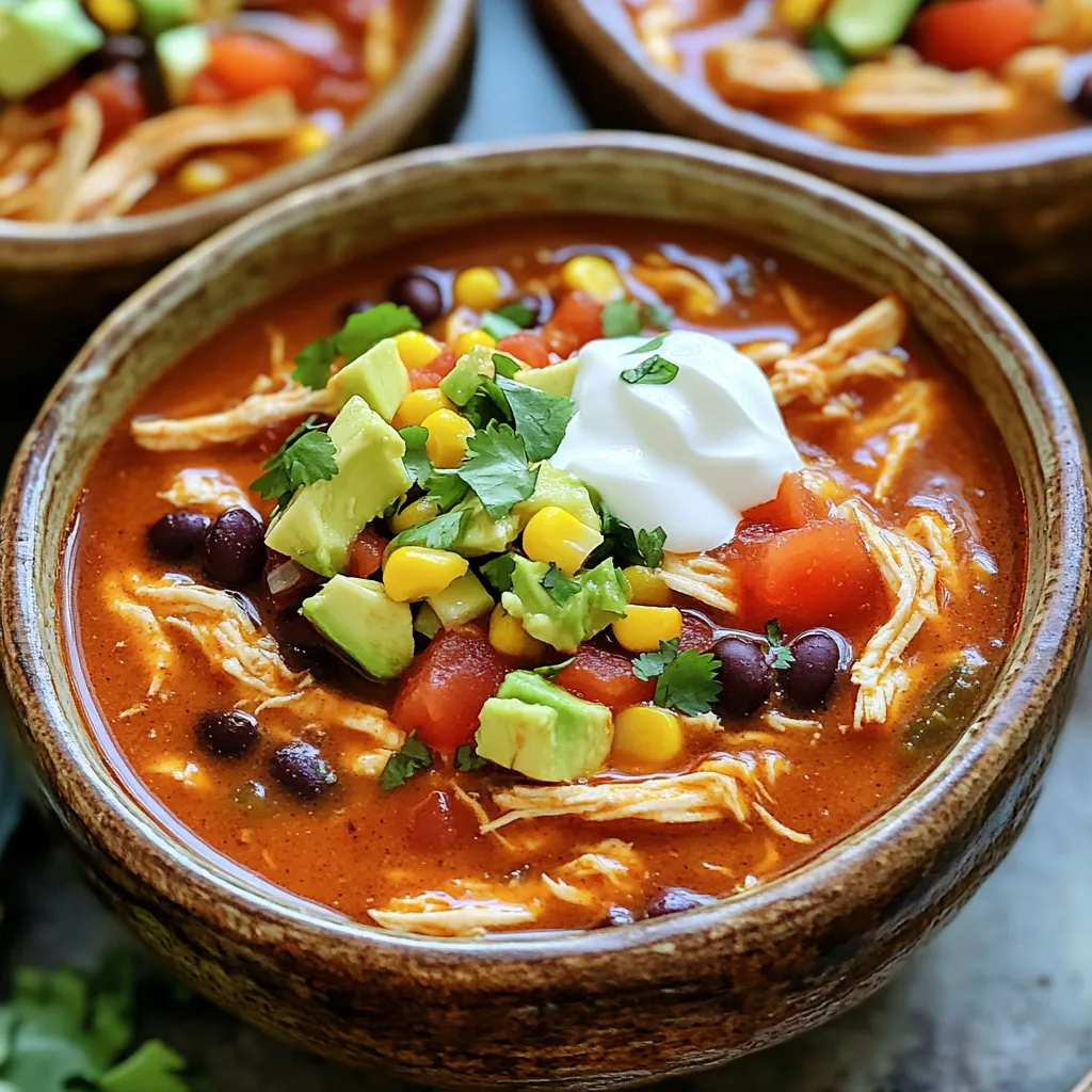 - 1 pound boneless, skinless chicken breasts - 1 can (15 oz) black beans, rinsed and drained - 1 can (15 oz) corn, drained - 1 can (10 oz) red enchilada sauce - 1 can (14.5 oz) diced tomatoes with green chilies - 2 cups chicken broth - 1 medium onion, diced - 2 cloves garlic, minced - 1 teaspoon cumin - 1 teaspoon chili powder - 1 teaspoon smoked paprika - Salt and pepper to taste I love using boneless, skinless chicken breasts for this soup. They cook up tender and juicy. The black beans and corn add great texture and flavor. Enchilada sauce gives it a nice kick, while diced tomatoes with green chilies add extra zest. Chicken broth brings it all together with warmth. Onions and garlic create a fragrant base that makes your kitchen smell divine. The spices—cumin, chili powder, and smoked paprika—add depth to every spoonful. - 1 cup shredded cheese (cheddar or Mexican blend) - 1 avocado, diced (for garnish) - Fresh cilantro, chopped (for garnish) - Sour cream (for serving) - Optional tortilla strips I always finish my soup with toppings. Shredded cheese melts beautifully on top. Avocado adds creaminess and freshness. Cilantro gives a bright pop of flavor. A dollop of sour cream makes it rich and smooth. If you want crunch, add tortilla strips. They make each bite exciting! 1. Prepare chicken and vegetables: Start with one pound of boneless, skinless chicken breasts. Place them at the bottom of your slow cooker. Next, dice one medium onion and mince two cloves of garlic. Spread the onion and garlic over the chicken. 2. Combine ingredients in the slow cooker: Now, add the following ingredients: - 1 can (15 oz) black beans, rinsed and drained - 1 can (15 oz) corn, drained - 1 can (10 oz) red enchilada sauce - 1 can (14.5 oz) diced tomatoes with green chilies - 2 cups chicken broth Season the mix with one teaspoon each of cumin, chili powder, and smoked paprika. Don’t forget to add salt and pepper to taste. Stir gently to combine everything. Ensure that the chicken is covered with the broth. 1. Cooking times for low and high settings: Cover the slow cooker. If you set it on low, cook for 6-7 hours. For high, cook for 3-4 hours. The chicken should be cooked through and tender. 2. Shredding chicken and adding cheese: After cooking, take two forks and shred the chicken right in the soup. Stir it back into the mix. If you want, add one cup of shredded cheese, like cheddar or a Mexican blend. Stir until the cheese melts. 1. How to ladle and present soup: Use a ladle to serve the soup into bowls. Top each bowl with diced avocado, fresh cilantro, and a dollop of sour cream for a nice touch. 2. Ideal side dishes and accompaniments: You might want to serve this soup with tortilla strips for some crunch. It pairs well with a simple salad or cornbread for a complete meal. To keep your chicken moist, place it at the bottom of the slow cooker. This allows the juices from the soup to flow over the chicken as it cooks. For the best results, cook on low for 6-7 hours. If you are short on time, the high setting works in 3-4 hours. Always check that the chicken is cooked through before shredding. You can boost the flavor by adding extra spices. Try some cayenne pepper or paprika for extra heat. Vegetables like bell peppers or corn add depth and texture. Adjust the spice level to suit your taste. If you want it milder, reduce the chili powder or skip the green chilies. For this recipe, a 6-quart slow cooker is ideal. It fits all the ingredients and allows for even cooking. A good pair of kitchen tongs makes shredding the chicken easier. A ladle is perfect for serving, and a large spoon helps mix the soup well. {{image_2}} Making it gluten-free To make this soup gluten-free, choose a gluten-free enchilada sauce. Most brands offer this option. You can also check the labels of your spices, like chili powder, to ensure they are gluten-free. Vegetarian alternatives For a vegetarian twist, swap the chicken for diced tofu or more beans. You can use extra black beans or add pinto beans. This keeps the protein high while making the soup meat-free. Southwest-style additions To amp up the flavor, consider adding cornmeal or diced green peppers. Chopped jalapeños can add heat if you like a spicy kick. Another great option is adding a splash of lime juice for brightness. Different cheese or bean options You can switch up the cheese for Monterey Jack or Pepper Jack. For beans, try kidney beans or chickpeas for a different taste. Each choice alters the flavor profile, giving you a new experience. Unique garnish ideas Garnish your soup with crushed tortilla chips or lime wedges. You can sprinkle some pickled onions for tang and crunch. Fresh diced tomatoes or radishes add color and freshness too. Serving as a dip or appetizer This soup can also work as a dip! Just serve it with tortilla chips or pita bread. It makes a fun appetizer for parties or game nights, bringing everyone together. To store leftovers properly, let the soup cool down first. Place it in an airtight container. This will keep the soup fresh. I recommend using glass or BPA-free plastic containers. They help prevent spills and keep flavors intact. For longer shelf-life, you can freeze the soup. Use freezer-safe containers or freezer bags. Make sure to leave some space for expansion. To thaw, move the soup to the fridge overnight. Reheat it on the stove or in the microwave until hot. Stir well before serving. For best practices with leftovers, consume them within three to four days. This keeps the soup tasting great. Look for signs of spoilage, like off smells or mold. If you see any, it's best to toss it. Enjoy your delicious slow cooker chicken enchilada soup while it's fresh! Can I use frozen chicken breasts? Yes, you can use frozen chicken breasts. Just add about an hour to the cooking time. This will help ensure that the chicken cooks all the way through. How do I adjust cooking time for more servings? To make more servings, you don't need to change the cooking time. Just increase the amount of chicken and other ingredients. The slow cooker will still work well. What can I substitute for black beans? If you don’t have black beans, you can use pinto beans or kidney beans. Both options will still give you great flavor and texture. Alternatives for chicken broth? You can use vegetable broth or even water if you have no broth. This will still add moisture, but may lose some flavor. Is this recipe healthy or low-calorie? This recipe is quite healthy. It has lean protein from chicken and fiber from beans. The soup is low in calories if you control the cheese and sour cream. Nutritional breakdown and serving suggestions Each serving has protein, fiber, and good fats. Pair it with a side salad for more veggies. You can also add whole-grain tortilla chips for crunch. This blog post explored a tasty slow cooker chicken soup. We discussed key ingredients, like chicken, beans, and spices. I shared simple steps for preparation and cooking, plus tips for the best flavor. You learned about variations for dietary needs and how to properly store leftovers. With these insights, you can enjoy a warm, satisfying meal. Remember, you can always customize this soup to fit your taste. Use this recipe as a base and let your creativity shine in the kitchen!