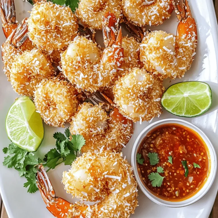 - Large shrimp (1 lb, peeled and deveined) - Unsweetened shredded coconut (1 cup) - Panko breadcrumbs (1 cup) - All-purpose flour (1/2 cup) - Large eggs (2, beaten) - Garlic powder (1 tsp) - Paprika (1 tsp) - Salt (1/2 tsp) - Black pepper (1/4 tsp) - Cooking spray or oil Gathering the right ingredients is key. First, choose large shrimp. I like to use fresh shrimp, but frozen works too. Just make sure they are peeled and deveined. This saves time and makes cooking easier. Next, unsweetened shredded coconut gives a nice crunch. It adds flavor without being too sweet. Panko breadcrumbs are important for that extra crisp. They make the shrimp light and airy. For the coating, you need all-purpose flour. It helps the shrimp stick to the coconut and panko. The seasoning is simple, but tasty. Garlic powder and paprika add depth. Salt and black pepper bring everything together. Finally, you'll need eggs. Beaten eggs help the coating adhere. Cooking spray or oil is essential for a crispy finish. It helps the shrimp cook evenly in the air fryer. Now you have all the ingredients ready. Let’s move on to the next steps! - Rinse shrimp under cold water. - Pat dry with paper towels. First, rinse your shrimp under cold water. This step removes any unwanted grit. After rinsing, pat them dry with paper towels. This helps the coating stick better. - Prepare flour mixture. - Beat eggs. - Combine coconut and panko. Next, grab a shallow dish to prepare the flour mixture. Mix the all-purpose flour, garlic powder, paprika, salt, and black pepper. In another bowl, beat two large eggs until they are frothy. For the third dish, combine the shredded coconut and panko breadcrumbs. This mixture gives the shrimp a nice crunch. Now, it's time to coat the shrimp. First, dredge each shrimp in the flour mixture. Shake off any extra flour. Next, dip the shrimp into the beaten eggs, letting the excess drip off. Finally, coat the shrimp in the coconut and panko mix. Press gently to help it stick. - Preheat air fryer to 375°F (190°C). - Place shrimp in the air fryer and spray with cooking spray. - Cook for 8-10 minutes, flipping halfway through. Preheat your air fryer to 375°F (190°C) for about five minutes. Lightly spray the basket with cooking spray to stop the shrimp from sticking. Place the coated shrimp in a single layer in the basket. Make sure they are not crowded. Spray the tops of the shrimp with a little more cooking spray. This helps them get crispy. Cook the shrimp for 8-10 minutes. Flip them halfway through to ensure they cook evenly. Your shrimp should turn a lovely golden brown and become crispy. Once done, remove them and let them cool slightly before serving. Enjoy your crispy air fryer coconut shrimp! To ensure your shrimp turn out crispy, proper coating is key. Start with dry shrimp. Rinse them and pat them dry with paper towels. This helps the coating stick better. Use a three-step method for coating: - Dip shrimp in the flour mix first. Shake off any extra. - Next, dip it in the beaten eggs. Let the excess drip off. - Finally, roll the shrimp in the coconut and panko mix. Press gently to help it stick. Using cooking spray effectively can also improve crispiness. Lightly spray the air fryer basket before adding shrimp. This prevents sticking and helps them crisp up. Spray the tops of the shrimp as well. A little oil goes a long way! For a fun twist, pair your coconut shrimp with delicious sauces. Sweet chili sauce is a great choice. It adds a sweet and spicy kick. You can also try mango salsa. Its fresh taste complements the shrimp well. Don't forget about garnishes! Lime wedges and fresh cilantro not only add flavor but also look great on the plate. A colorful presentation makes the dish more appealing. Cooking times can vary based on shrimp size. Larger shrimp may need more time, while smaller ones cook faster. Always check for doneness. The shrimp should be golden brown and crispy. If you have different sizes, cook them in batches for even results. Flipping the shrimp halfway through also helps them cook evenly. {{image_2}} You can easily change the taste of your coconut shrimp. Add spices like cayenne for heat. A pinch of cumin or chili powder also works well. Fresh herbs like cilantro or parsley can bring a bright flavor. Experiment with your favorites to find the perfect mix. If you want to switch things up, try using crushed cornflakes instead of panko. They give a nice crunch! You can also use flavored breadcrumbs for added taste. Get creative with what you have in your pantry! Pair your shrimp with tasty sauces. Sweet chili sauce is a classic choice. For something different, try mango salsa or a tangy yogurt dip. You can make your own sauces with simple ingredients. Explore store-bought options too. There’s no wrong way to dip! To keep your leftover coconut shrimp fresh, store them in an airtight container. This keeps the shrimp from drying out. You can place them in the fridge for up to three days. Before serving, check to ensure they still smell fresh. To freeze crispy coconut shrimp, first let them cool completely. Then, place them in a single layer on a baking sheet. Freeze them for about an hour. Once solid, transfer the shrimp to a freezer bag. Make sure to remove as much air as possible. You can freeze them for up to three months. To reheat the shrimp and keep them crispy, use your air fryer. Preheat it to 375°F (190°C). Place the shrimp in a single layer in the basket. Heat them for 4-5 minutes, flipping halfway through. This method keeps the shrimp crunchy and delicious. You can also use an oven at the same temperature, but the air fryer works best for crispiness. To make coconut shrimp, follow these steps: 1. Rinse shrimp under cold water, then dry with paper towels. 2. Mix flour, garlic powder, paprika, salt, and black pepper in a shallow dish. 3. Beat eggs in a second dish until frothy. 4. Combine shredded coconut and panko breadcrumbs in a third dish. 5. Dredge shrimp in flour, dip in eggs, and coat with coconut mixture. 6. Preheat air fryer to 375°F (190°C) for 5 minutes. 7. Spray air fryer basket with cooking spray. 8. Place shrimp in a single layer and spray tops with cooking spray. 9. Cook for 8-10 minutes, flipping halfway until golden brown. This method gives you shrimp that are crispy outside and tender inside. Yes, you can use frozen shrimp. Just remember to thaw them first. - Place frozen shrimp in cold water for about 15-20 minutes. - Pat them dry before coating. - Using fresh shrimp may give better texture, but frozen works well too. Both options taste great, so pick what you have! Coconut shrimp pairs nicely with several side dishes. Here are some good options: - Sweet chili sauce for dipping adds a nice kick. - Mango salsa brings sweetness and freshness. - A simple green salad can balance the dish. - Serve with rice or quinoa for a filling meal. These sides enhance the flavors and make your meal complete! In this post, I shared how to make crispy coconut shrimp in the air fryer. You learned about the key ingredients, step-by-step cooking instructions, and tips for extra crispiness. I offered ideas for flavor variations, serving suggestions, and safe storage tips. With a few easy steps, you can enjoy this tasty dish. Experiment to find your favorite flavors and pairings. Try making this recipe soon, and enjoy a delicious meal that impresses!