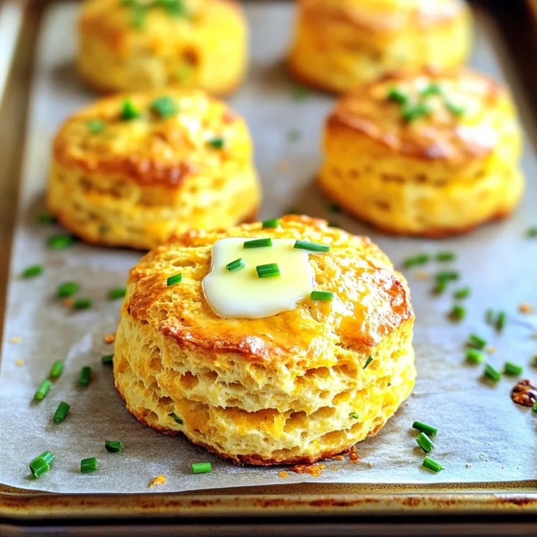 To make Cheddar Chive Pumpkin Biscuits, you will need the following fresh ingredients: - 2 cups all-purpose flour - 1 tablespoon baking powder - 1 teaspoon salt - 1/2 teaspoon black pepper - 1/4 teaspoon cayenne pepper (optional) - 1/2 cup unsalted butter, cold and cubed - 1 cup shredded sharp cheddar cheese - 1/3 cup chopped fresh chives - 1/2 cup canned pumpkin puree - 1/3 cup buttermilk These ingredients come together to create a soft and fluffy biscuit with a rich taste. For those with dietary restrictions, here are some substitutions: - Use gluten-free flour instead of all-purpose flour. - Replace buttermilk with a plant-based milk mixed with vinegar for a vegan option. - Use a dairy-free cheese or nutritional yeast in place of cheddar. Quality matters. Choose sharp cheddar cheese for a bold flavor. Fresh chives add brightness, while cold butter helps create flaky layers in your biscuits. Always opt for unsalted butter to control the saltiness in your dish. Fresh ingredients will enhance the taste and texture of your biscuits, making each bite more enjoyable. 1. Preheat your oven to 400°F (200°C). This is key for a good rise. 2. Line a baking sheet with parchment paper. This helps the biscuits not stick. 3. In a large bowl, whisk together: - 2 cups all-purpose flour - 1 tablespoon baking powder - 1 teaspoon salt - 1/2 teaspoon black pepper - 1/4 teaspoon cayenne pepper (optional for heat) 4. Cut in the cold, cubed butter (1/2 cup) using a pastry cutter or your fingers. Mix until it looks like coarse crumbs. 5. Stir in: - 1 cup shredded sharp cheddar cheese - 1/3 cup chopped fresh chives Make sure everything is mixed evenly. 6. In another bowl, combine: - 1/2 cup canned pumpkin puree - 1/3 cup buttermilk Mix until smooth. 7. Pour the pumpkin mix into the dry ingredients. Stir gently until just combined. Don’t overmix; the dough should be slightly sticky. 1. Turn the dough onto a floured surface. Pat it into a rectangle about 1-inch thick. 2. Cut out biscuits using a biscuit cutter or a round glass. Place them on the prepared baking sheet. 3. Gather scraps and repeat until all dough is used. 4. Bake in the preheated oven for 15-18 minutes. Look for golden brown tops. 5. Once baked, remove from the oven. Let cool for a few minutes on the baking sheet. 6. Transfer to a wire rack to cool further. Enjoy them warm for the best taste! Using cold butter is key to making flaky biscuits. It helps create layers in the dough. When you mix in the butter, aim for coarse crumbs. This gives the biscuits a nice texture. Avoid overmixing the dough. Once you combine the wet and dry ingredients, mix until just combined. A little stickiness is okay. Overmixing makes the biscuits tough instead of light and airy. You can enhance flavors by adding spices. Besides black and cayenne pepper, try a pinch of garlic powder. It adds depth and warmth. Fresh herbs like thyme or rosemary can also elevate the taste. Serve these biscuits warm for the best flavor. Brush them with melted butter right before serving. This gives a golden sheen and extra flavor. For a lovely look, garnish with whole chives on top. It adds color and a fresh touch. You can also present them with a side of herb-infused butter or a pumpkin-spiced dip. This makes them perfect for special occasions. {{image_2}} You can play with flavors in your Cheddar Chive Pumpkin Biscuits. Adding herbs is a great way to boost taste. Try fresh basil or rosemary for a different twist. You can also swap the cheddar for other cheeses. Gruyère or feta can add a unique flavor. Seasonal changes can inspire you too. In spring, add fresh herbs like dill or parsley. In winter, consider using roasted garlic or sun-dried tomatoes. These additions keep your biscuits exciting and fresh. If you need gluten-free biscuits, use a gluten-free flour blend. Make sure it works well in baking. You can also add a binding agent like xanthan gum to help with texture. For vegan options, substitute the butter with coconut oil or vegan butter. Use almond milk or soy milk instead of buttermilk. You can replace the cheese with a vegan cheese blend for a tasty treat. These swaps make the biscuits friendly for everyone! To store leftovers, place the biscuits in an airtight container. This keeps them fresh for up to three days. If you want to keep them warm, cover the container with a cloth. This helps maintain moisture without making them soggy. When you want to reheat, preheat your oven to 350°F (175°C). Place the biscuits on a baking sheet and warm them for about 5 to 10 minutes. This will bring back their original texture and flavor. You can also microwave them for about 15-20 seconds. However, the oven method works best to retain crispiness. To freeze biscuits, let them cool completely first. Then, wrap each biscuit in plastic wrap. After that, place them in a freezer-safe bag. This helps prevent freezer burn. You can freeze them for up to three months. To thaw, just take the biscuits out and leave them in the fridge overnight. If you need them fast, you can microwave them on low for about 30 seconds. Once thawed, reheat them in the oven at 350°F (175°C) for 5 to 7 minutes. This will keep them warm and tasty. How do I know when the biscuits are done baking? You can tell the biscuits are done when they are golden brown on top. This usually takes 15 to 18 minutes in the oven. You can also gently tap the top; it should feel firm. If you see a nice rise and a lovely color, it's time to take them out. Can I use a different type of cheese? Yes, you can use different cheeses! Try mozzarella for a milder taste or pepper jack for a spicy kick. Just make sure to shred it well for even mixing. Each cheese will give your biscuits a unique flavor. How can I make these biscuits ahead of time? You can prepare the dough ahead of time and freeze it. Shape the biscuits, then freeze them on a baking sheet. Once frozen, transfer them to a bag. When ready to bake, place them straight from the freezer into the oven; just add a few extra minutes to the bake time. What are good dip pairings for these biscuits? These biscuits pair well with herb-infused butter or a pumpkin-spiced dip. You can also serve them with a tangy cream cheese dip or a warm spinach dip. The flavors mix perfectly, making your meal even more delightful! You learned how to make Cheddar Chive Pumpkin Biscuits with easy steps. We covered key ingredients and substitutions for special diets. You now know how to bake, store, and reheat these treats. I also shared tips for the best texture and flavor. Enjoy experimenting with variations to make them your own. Remember, good biscuits start with quality ingredients. Now, it's time to get cooking! You’ll love sharing these delicious biscuits with others.