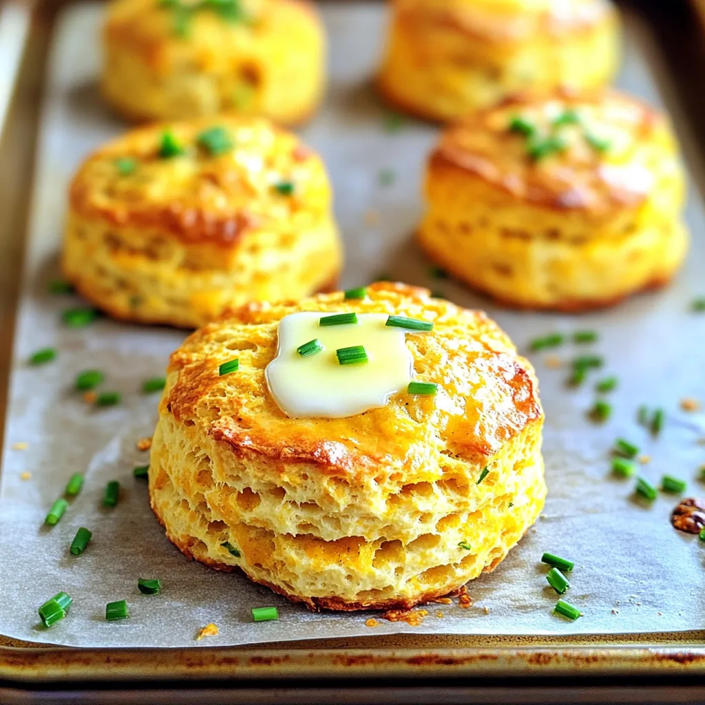 To make Cheddar Chive Pumpkin Biscuits, you will need the following fresh ingredients: - 2 cups all-purpose flour - 1 tablespoon baking powder - 1 teaspoon salt - 1/2 teaspoon black pepper - 1/4 teaspoon cayenne pepper (optional) - 1/2 cup unsalted butter, cold and cubed - 1 cup shredded sharp cheddar cheese - 1/3 cup chopped fresh chives - 1/2 cup canned pumpkin puree - 1/3 cup buttermilk These ingredients come together to create a soft and fluffy biscuit with a rich taste. For those with dietary restrictions, here are some substitutions: - Use gluten-free flour instead of all-purpose flour. - Replace buttermilk with a plant-based milk mixed with vinegar for a vegan option. - Use a dairy-free cheese or nutritional yeast in place of cheddar. Quality matters. Choose sharp cheddar cheese for a bold flavor. Fresh chives add brightness, while cold butter helps create flaky layers in your biscuits. Always opt for unsalted butter to control the saltiness in your dish. Fresh ingredients will enhance the taste and texture of your biscuits, making each bite more enjoyable. 1. Preheat your oven to 400°F (200°C). This is key for a good rise. 2. Line a baking sheet with parchment paper. This helps the biscuits not stick. 3. In a large bowl, whisk together: - 2 cups all-purpose flour - 1 tablespoon baking powder - 1 teaspoon salt - 1/2 teaspoon black pepper - 1/4 teaspoon cayenne pepper (optional for heat) 4. Cut in the cold, cubed butter (1/2 cup) using a pastry cutter or your fingers. Mix until it looks like coarse crumbs. 5. Stir in: - 1 cup shredded sharp cheddar cheese - 1/3 cup chopped fresh chives Make sure everything is mixed evenly. 6. In another bowl, combine: - 1/2 cup canned pumpkin puree - 1/3 cup buttermilk Mix until smooth. 7. Pour the pumpkin mix into the dry ingredients. Stir gently until just combined. Don’t overmix; the dough should be slightly sticky. 1. Turn the dough onto a floured surface. Pat it into a rectangle about 1-inch thick. 2. Cut out biscuits using a biscuit cutter or a round glass. Place them on the prepared baking sheet. 3. Gather scraps and repeat until all dough is used. 4. Bake in the preheated oven for 15-18 minutes. Look for golden brown tops. 5. Once baked, remove from the oven. Let cool for a few minutes on the baking sheet. 6. Transfer to a wire rack to cool further. Enjoy them warm for the best taste! Using cold butter is key to making flaky biscuits. It helps create layers in the dough. When you mix in the butter, aim for coarse crumbs. This gives the biscuits a nice texture. Avoid overmixing the dough. Once you combine the wet and dry ingredients, mix until just combined. A little stickiness is okay. Overmixing makes the biscuits tough instead of light and airy. You can enhance flavors by adding spices. Besides black and cayenne pepper, try a pinch of garlic powder. It adds depth and warmth. Fresh herbs like thyme or rosemary can also elevate the taste. Serve these biscuits warm for the best flavor. Brush them with melted butter right before serving. This gives a golden sheen and extra flavor. For a lovely look, garnish with whole chives on top. It adds color and a fresh touch. You can also present them with a side of herb-infused butter or a pumpkin-spiced dip. This makes them perfect for special occasions. {{image_2}} You can play with flavors in your Cheddar Chive Pumpkin Biscuits. Adding herbs is a great way to boost taste. Try fresh basil or rosemary for a different twist. You can also swap the cheddar for other cheeses. Gruyère or feta can add a unique flavor. Seasonal changes can inspire you too. In spring, add fresh herbs like dill or parsley. In winter, consider using roasted garlic or sun-dried tomatoes. These additions keep your biscuits exciting and fresh. If you need gluten-free biscuits, use a gluten-free flour blend. Make sure it works well in baking. You can also add a binding agent like xanthan gum to help with texture. For vegan options, substitute the butter with coconut oil or vegan butter. Use almond milk or soy milk instead of buttermilk. You can replace the cheese with a vegan cheese blend for a tasty treat. These swaps make the biscuits friendly for everyone! To store leftovers, place the biscuits in an airtight container. This keeps them fresh for up to three days. If you want to keep them warm, cover the container with a cloth. This helps maintain moisture without making them soggy. When you want to reheat, preheat your oven to 350°F (175°C). Place the biscuits on a baking sheet and warm them for about 5 to 10 minutes. This will bring back their original texture and flavor. You can also microwave them for about 15-20 seconds. However, the oven method works best to retain crispiness. To freeze biscuits, let them cool completely first. Then, wrap each biscuit in plastic wrap. After that, place them in a freezer-safe bag. This helps prevent freezer burn. You can freeze them for up to three months. To thaw, just take the biscuits out and leave them in the fridge overnight. If you need them fast, you can microwave them on low for about 30 seconds. Once thawed, reheat them in the oven at 350°F (175°C) for 5 to 7 minutes. This will keep them warm and tasty. How do I know when the biscuits are done baking? You can tell the biscuits are done when they are golden brown on top. This usually takes 15 to 18 minutes in the oven. You can also gently tap the top; it should feel firm. If you see a nice rise and a lovely color, it's time to take them out. Can I use a different type of cheese? Yes, you can use different cheeses! Try mozzarella for a milder taste or pepper jack for a spicy kick. Just make sure to shred it well for even mixing. Each cheese will give your biscuits a unique flavor. How can I make these biscuits ahead of time? You can prepare the dough ahead of time and freeze it. Shape the biscuits, then freeze them on a baking sheet. Once frozen, transfer them to a bag. When ready to bake, place them straight from the freezer into the oven; just add a few extra minutes to the bake time. What are good dip pairings for these biscuits? These biscuits pair well with herb-infused butter or a pumpkin-spiced dip. You can also serve them with a tangy cream cheese dip or a warm spinach dip. The flavors mix perfectly, making your meal even more delightful! You learned how to make Cheddar Chive Pumpkin Biscuits with easy steps. We covered key ingredients and substitutions for special diets. You now know how to bake, store, and reheat these treats. I also shared tips for the best texture and flavor. Enjoy experimenting with variations to make them your own. Remember, good biscuits start with quality ingredients. Now, it's time to get cooking! You’ll love sharing these delicious biscuits with others.
