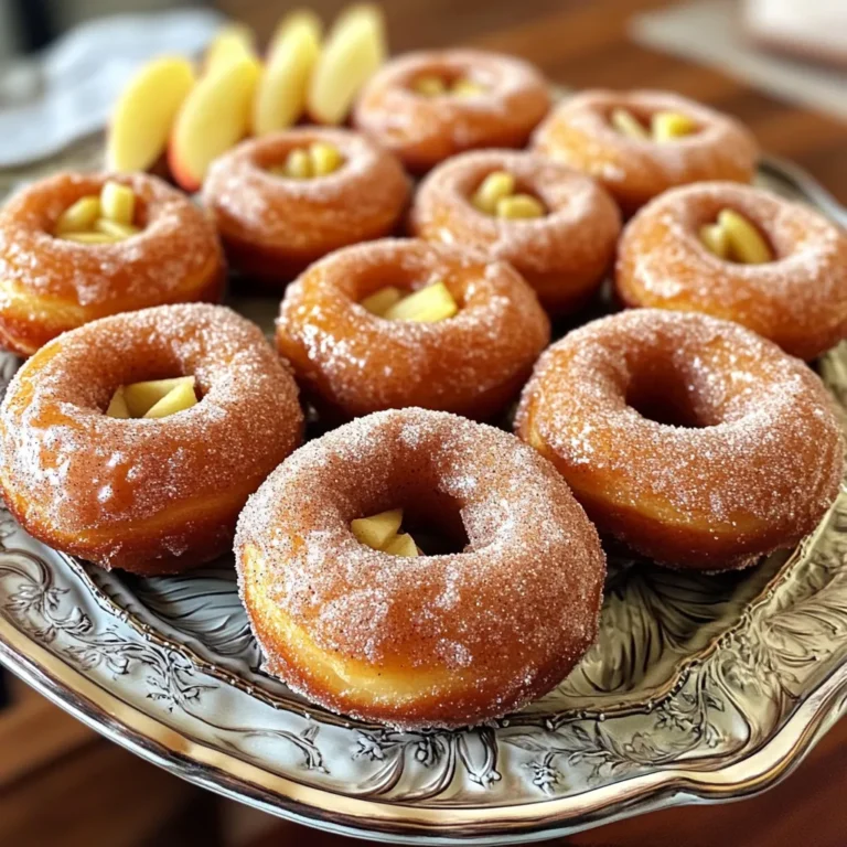 To make these tasty cinnamon sugar apple donuts, you will need: - 1 cup all-purpose flour - 1/2 cup granulated sugar - 1 teaspoon baking powder - 1/2 teaspoon baking soda - 1 teaspoon ground cinnamon - 1/4 teaspoon salt - 1/4 cup unsalted butter, melted - 1/2 cup buttermilk (or regular milk with 1/2 tsp vinegar) - 1 large apple, peeled and finely chopped (I recommend Fuji or Honeycrisp) - 1/2 teaspoon vanilla extract - For the cinnamon sugar coating: - 1/2 cup granulated sugar - 2 teaspoons ground cinnamon You can add some fun twists to the donuts by trying: - Chopped nuts like walnuts or pecans for crunch - A dash of nutmeg for a warm, spicy kick - Diced dried fruit like raisins for added sweetness If you don’t have some ingredients, here are simple swaps: - Use whole wheat flour instead of all-purpose flour for a healthier option. - Replace buttermilk with plain yogurt mixed with water to get a similar texture. - Swap melted butter with coconut oil for a dairy-free version. These ingredients create a soft, flavorful donut that is perfect for any time of the day! To start, gather all your ingredients. You need flour, sugar, and baking powder. Don’t forget the butter, buttermilk, and a sweet apple. I prefer using Fuji or Honeycrisp apples for their taste. You also need cinnamon and salt. Preheat the oven to 350°F (175°C). Grease your donut pan or use a silicone mold for easy release. In a large bowl, mix the dry ingredients. Whisk the flour, sugar, baking powder, baking soda, cinnamon, and salt together. In another bowl, combine the wet ingredients. Stir the melted butter, buttermilk, chopped apple, and vanilla extract until smooth. Pour the wet mix into the dry mix. Gently fold them together. Be careful not to overmix; this keeps your donuts light. Fill each mold halfway with batter. Bake the donuts for 10-12 minutes. They should turn golden brown. Check if they are done by inserting a toothpick. If it comes out clean, they are ready! After baking, let the donuts cool for a few minutes in the pan. Carefully remove them and place them on a wire rack. While they cool, prepare the cinnamon sugar. In a small bowl, mix 1/2 cup sugar and 2 teaspoons cinnamon. When the donuts are cool enough, roll each donut in the cinnamon sugar mix. Make sure they are fully coated. Place the coated donuts back on the wire rack to cool completely. Enjoy them fresh for a tasty treat! To get soft and fluffy donuts, mix the batter gently. When you combine wet and dry ingredients, stop mixing as soon as they blend. Overmixing makes the donuts tough. Use room temperature butter and buttermilk for better texture. A warm oven helps, making sure the donuts rise well. A few simple mistakes can ruin your donuts. First, don’t skip the baking powder. It is key for a good rise. Second, make sure your oven is preheated. An unheated oven can lead to flat donuts. Also, avoid using too many apples; they add moisture. Stick to one apple for the best results. To keep your donuts fresh, let them cool completely. Store them in an airtight container at room temperature. They stay good for about two days. If you want to keep them longer, freeze them. Wrap each donut in plastic wrap and place them in a freezer bag. Enjoy them warm after reheating in the oven. {{image_2}} To make gluten-free cinnamon sugar apple donuts, swap the all-purpose flour. Use a gluten-free flour blend instead. Look for a blend that has xantham gum, as this helps with texture. Follow the same mixing and baking steps as in the original recipe. Your donuts will still be soft and tasty! For a vegan twist, replace the butter and buttermilk. Use coconut oil instead of butter. For buttermilk, mix regular plant milk with a splash of vinegar. You can also use a flax egg as a binder. To make a flax egg, mix one tablespoon of ground flaxseed with three tablespoons of water. Let it sit for five minutes to thicken. Your vegan donuts will be just as delicious! You can add more flavors to your donuts. Try folding in chopped nuts, like walnuts or pecans, for crunch. You might also mix in some extra spices. Nutmeg or ginger can give your donuts a warm kick. For a sweet twist, add chocolate chips or raisins. These small changes can create fun new flavors! After you enjoy your donuts, store any leftovers in an airtight container. Keep them at room temperature for up to two days. If you want to keep them fresh longer, place them in the fridge. The cold air helps them last for about a week. If you have more donuts than you can eat, freeze them! Allow the donuts to cool completely. Wrap each donut in plastic wrap, then place them in a freezer bag. They will stay good for up to three months. When you are ready to eat, just thaw them in the fridge overnight. To enjoy your donuts warm, reheat them in the oven. Set your oven to 350°F (175°C). Place the donuts on a baking sheet for about 5-7 minutes. They will come out warm and tasty. You can also use the microwave. Heat them for about 10-15 seconds for a quick treat. Just be careful not to overheat them. Yes, you can use different apples. Sweet apples like Fuji or Honeycrisp work best. They add flavor and moisture. Tart apples, like Granny Smith, can also be used for a nice balance. Just remember, sweeter apples give a softer taste. To check if the donuts are done, use a toothpick. Insert it into the center of a donut. If it comes out clean, the donuts are ready. They should also be golden brown on top. Keep an eye on them while baking. These donuts are great on their own! You can pair them with coffee or tea. A scoop of vanilla ice cream makes a fun treat. Serve them with a drizzle of caramel sauce for extra sweetness. Enjoy them fresh for the best taste! In this blog post, we explored the key ingredients and steps to make delicious cinnamon sugar apple donuts. We uncovered tips for getting the best texture and avoiding common mistakes. You can even tweak the recipe for gluten-free or vegan options. Remember to store leftovers properly to keep them fresh. Donuts are fun to make and share. Now, gather your ingredients and enjoy baking these tasty treats!