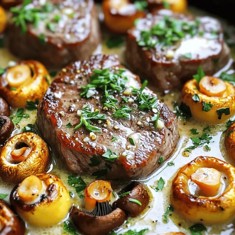 - 1 lb sirloin steak, cut into bite-sized pieces - 8 oz cremini mushrooms, halved - 4 tablespoons unsalted butter - 4 cloves garlic, minced - 1 teaspoon fresh thyme leaves - 1 teaspoon fresh rosemary, minced - Salt and pepper to taste - 1 tablespoon olive oil - Fresh parsley, chopped (for garnish) When making Garlic Butter Steak Bites with Mushrooms, I focus on quality ingredients. Each one plays a key role in the dish's flavor. Sirloin steak is my go-to for steak bites. It is tender and has great flavor. Cut it into bite-sized pieces for quick cooking. This ensures each piece gets that nice sear. Cremini mushrooms add earthiness. They are firmer than regular mushrooms, so they hold up well in the dish. Halving them helps them cook evenly. Unsalted butter is best for this recipe. It allows me to control the salt level. The butter adds richness that complements the steak and mushrooms. Fresh garlic brings a punch of flavor. I use four cloves for a strong garlic taste. Mince it finely to release its oils and aroma. Fresh thyme and rosemary give depth to the dish. I prefer one teaspoon of each. Their herbal notes balance the richness of the butter. Salt and pepper are essential for seasoning. I add them to taste. They enhance the natural flavors of the steak and mushrooms. Olive oil is crucial for searing the steak. I use one tablespoon to help achieve a golden crust. It also adds a light fruitiness. Fresh parsley brightens the dish. I chop it finely for a pop of color and freshness. It makes the dish look inviting and adds a nice flavor contrast. With these ingredients, you can create a dish that is both simple and full of flavor. Each component adds to the overall experience, making your meal memorable. - Preparing the skillet: Start by heating 1 tablespoon of olive oil in a large skillet over medium-high heat. Make sure the oil is hot before adding the steak. This step helps achieve a nice sear on the meat. - Searing technique: Add the steak bites to the skillet in a single layer. Avoid overcrowding the pan. Season them with salt and pepper. Cook for about 3-4 minutes until they are browned on all sides. This creates a delicious crust. - Proper seasoning: After searing, remove the steak bites from the skillet. Set them aside on a plate. This keeps them warm while you prepare the garlic butter sauce. - Melting the butter: In the same skillet, lower the heat to medium. Add 4 tablespoons of unsalted butter. Let it melt slowly. This allows the butter to develop flavor without burning. - Sautéing garlic and herbs: Once the butter has melted, add 4 cloves of minced garlic, 1 teaspoon of fresh thyme leaves, and 1 teaspoon of minced rosemary. Sauté for about 1 minute until fragrant. The aroma will fill your kitchen! - Cooking the mushrooms: Next, add 8 ounces of halved cremini mushrooms to the skillet. Stir them gently. Cook for another 3-4 minutes until they soften and brown. This step adds depth to the sauce. - Returning steak to skillet: Now it’s time to bring back the steak bites. Return them to the skillet with the mushrooms and garlic butter. - Tossing with sauce: Gently toss the steak bites with the sauce. Make sure every piece is coated well. This infuses the meat with rich flavors. - Final cooking adjustments: Cook for an additional 1-2 minutes. This ensures the steak is warmed through and reaches your desired doneness. Taste and adjust seasoning with more salt and pepper if needed. To get a great sear, start with the right steak temperature. Let your sirloin sit at room temperature for about 30 minutes before cooking. This helps it cook evenly. Preheat your skillet to medium-high heat. A hot skillet ensures a nice brown crust. Add a little olive oil before the steak. This helps it not stick and adds flavor. You can boost the flavor of your garlic butter steak bites with more herbs. Try adding oregano or basil for a twist. Fresh herbs work best, but dried ones are fine too. Keep an eye on cooking times for doneness. For medium-rare, aim for about 3-4 minutes per side. Use a meat thermometer for best results. The internal temperature should be 130°F. To make your dish look great, think about garnishing. Chopped fresh parsley adds a pop of color. You can also sprinkle some extra thyme on top. For plate pairing, serve with a side of mashed potatoes or a fresh salad. It gives a nice balance to the rich steak bites. {{image_2}} You can swap sirloin steak for chicken or shrimp. Chicken cooks quickly and tastes great with garlic butter. For shrimp, just sauté until they turn pink. Both options keep the dish light and tasty. If you want a vegetarian dish, use hearty vegetables or tofu. Mushrooms can take center stage, or add zucchini and bell peppers for a colorful plate. Different mushrooms can change the dish’s taste. Try shiitake or portobello for a unique flavor. You can also mix in some oyster mushrooms for a fun twist. Adding sauces or marinades can enhance the taste. A splash of soy sauce or balsamic vinegar can add depth. Experiment with your favorite flavors to make it your own! Pair garlic butter steak bites with mashed potatoes or rice. They also go well with roasted veggies or a fresh salad. For a fun twist, serve them on skewers. This makes for easy sharing at parties. You can also serve them in small bowls with toothpicks for a delightful appetizer. Store your garlic butter steak bites in an airtight container. This helps keep them fresh. They will last up to three days in the fridge. When you want to eat them, check for any off smells. That’s a sign to toss them. To freeze your steak bites, place them in a single layer on a baking sheet. Make sure they do not touch each other. Freeze them for about an hour. Once they are firm, move them to a freezer bag. Seal it tightly, and label it with the date. They can stay good for up to three months. To reheat, thaw them overnight in the fridge. Then, warm them in a skillet over low heat until heated through. You can get creative with leftover steak bites. Chop them up and mix them into a salad for lunch. They also taste great in a wrap with fresh veggies. You can even stir them into a pasta dish for a quick dinner. The flavors will blend nicely, making a tasty meal. Cook the steak bites for about 3-4 minutes on high heat for medium-rare. If you prefer medium, cook them for an extra minute. For well-done steak, aim for 6-7 minutes total. Always check the internal temperature. It should be 130°F for medium-rare and 160°F for well-done. Yes, you can use frozen steak. First, thaw it completely in the fridge overnight. If you're in a hurry, you can use the microwave's defrost setting. Once thawed, you can follow the same steps as fresh steak. Just remember that frozen steak may need a minute or two longer to cook through. If you don't have fresh herbs, dried herbs work well too. Use about one-third of the amount of dried herbs compared to fresh. For thyme and rosemary, 1/3 teaspoon of dried herbs should add nice flavor. Dried herbs can be more potent, so start small and taste as you go. In this blog post, we explored how to make delicious steak bites with garlic butter. We covered everything from selecting the right ingredients to precise cooking techniques. You learned tricks for perfect searing and enhancing flavors. Plus, I shared tips for presentation and storage. In your kitchen, these steak bites can shine at dinner. Don’t shy away from trying variations or using leftovers creatively. Enjoy your cooking journey, and savor every bite!
