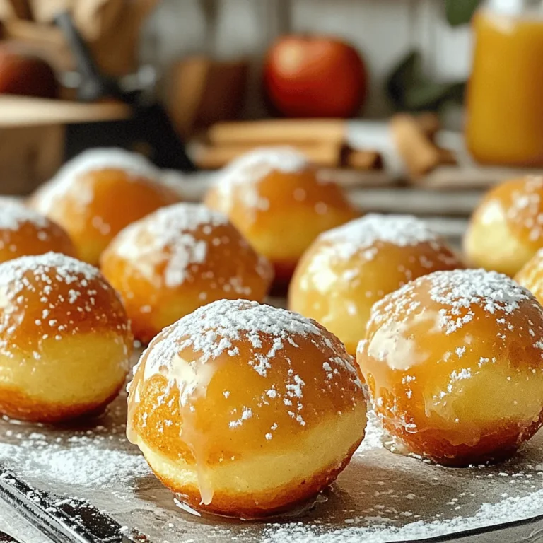 To make these tasty donut holes, you will need: - 2 cups all-purpose flour - 1 cup apple cider - 1 cup granulated sugar - 2 teaspoons baking powder - 1/2 teaspoon baking soda - 1 teaspoon ground cinnamon - 1/2 teaspoon ground nutmeg - 1/2 teaspoon salt - 1/4 cup unsalted butter, melted - 1 large egg - 1 teaspoon vanilla extract These ingredients come together to create a soft, flavorful donut hole that tastes like fall in every bite. For the sweet glaze, gather these items: - 1/2 cup powdered sugar - 2 tablespoons apple cider The glaze adds a touch of sweetness and enhances the apple flavor. You can make this recipe your own! Here are some easy swaps: - Use whole wheat flour for a healthier option. - Swap granulated sugar with brown sugar for a richer taste. - Try maple syrup instead of apple cider in the glaze for a unique twist. These substitutions keep the spirit of the recipe while adding your personal touch. First, gather your ingredients. You will need 2 cups of flour, 1 cup of apple cider, and 1 cup of granulated sugar. Also, grab 2 teaspoons of baking powder, 1/2 teaspoon of baking soda, 1 teaspoon of ground cinnamon, 1/2 teaspoon of ground nutmeg, and 1/2 teaspoon of salt. Don’t forget 1/4 cup of melted unsalted butter, 1 large egg, and 1 teaspoon of vanilla extract. Start by preheating your oven to 350°F (175°C). Grease a mini muffin tin or a donut hole pan. In a large bowl, whisk together the dry ingredients: flour, sugar, baking powder, baking soda, cinnamon, nutmeg, and salt. Mix until everything blends well. In another bowl, combine the wet ingredients. Mix the apple cider, melted butter, egg, and vanilla extract until they are smooth. Pour this wet mixture into the dry ingredients. Stir gently until just combined. Be careful not to overmix, as this can make the donut holes tough. Now, fill each compartment of your greased tin about 2/3 full with the batter. This helps them rise without spilling over. Bake in the preheated oven for about 10-12 minutes. You will know they are ready when the tops turn golden brown and a toothpick comes out clean when inserted in the center. Once done, remove the pan from the oven. Let the donut holes cool in the pan for about 5 minutes. After that, transfer them to a wire rack to cool completely. This step is key for texture. While the donut holes cool, prepare the glaze. In a small bowl, whisk together 1/2 cup of powdered sugar and 2 tablespoons of apple cider. Mix until the glaze is smooth. If it is too thick, add a little more cider. If it is too thin, add more powdered sugar. Once your donut holes are completely cool, dip each one into the glaze. Let the excess glaze drip off. Place them back on the wire rack and wait for the glaze to set. This will give your donut holes a beautiful and tasty finish. To get the best texture, do not overmix. When you combine wet and dry ingredients, mix just until you see no dry flour. This helps keep your donut holes light and fluffy. Make sure your oven is at 350°F (175°C) for even baking. Also, use a mini muffin tin or a donut hole pan for the best shape. Apple cider gives these donut holes a great taste, but you can add more flavor. Try adding a pinch of allspice or cloves for warmth. A bit of lemon zest can add a nice twist, too. If you like a sweeter glaze, add a touch more powdered sugar to your glaze mix. One common mistake is not greasing the pan enough. This can make it hard to remove the donut holes later. Also, avoid baking them too long. Keep an eye on them after 10 minutes. If they get too dark, they can taste dry. Lastly, let them cool completely before glazing; otherwise, the glaze will just melt off. {{image_2}} You can change the flavor of your donut holes with spices. Try adding ginger or allspice for a warm kick. You can also use cardamom for a unique taste. Just a pinch can make a big difference. Don’t be afraid to mix and match spices to find your favorite blend. If you have dietary restrictions, you can swap some ingredients. Use gluten-free flour instead of all-purpose flour. For a dairy-free option, use coconut oil instead of butter. You can also use a flax egg in place of a regular egg. These swaps can help you enjoy the treat without worry. Get creative with flavors! Try adding chocolate chips or nuts for extra texture. You can also mix in dried fruit, like cranberries or raisins. For a fun twist, add a splash of maple syrup to the batter. Each mix creates a new and exciting donut hole experience. To keep your glazed apple cider donut holes fresh, store them in an airtight container. This helps prevent them from becoming dry. If you plan to eat them in a few days, keep them at room temperature. For longer storage, keep them in the fridge. Just remember, the glaze may soften in the fridge. These donut holes can last for about 3 days at room temperature. If you keep them in the fridge, they can stay good for about a week. However, the best flavor and texture are within the first few days. After that, they may lose their charm and taste. You can freeze these delicious donut holes for up to three months. Let them cool completely before freezing. Place them in a single layer on a baking sheet to freeze. Once frozen, transfer them to a freezer bag. When you're ready to eat, thaw them in the fridge overnight. You can reheat them in the oven for a few minutes to restore the texture. Enjoy them fresh even after freezing! Yes, you can use store-bought apple cider. It saves time and still tastes great. Look for a brand with no added sugars for the best flavor. Fresh cider works well too if you can find it. To make the donut holes denser, add a bit more flour. You can also reduce the amount of apple cider slightly. Mixing the batter less will help too. Just fold until combined, not overmixing. The best glazed apple cider donut holes are often found at local bakeries. Farmers’ markets sometimes have them in the fall. Many towns have bakeries known for seasonal treats. Ask locals for their favorites! Serve glazed donut holes warm for the best taste. A nice touch is to dust them with extra powdered sugar. Pair them with coffee or hot cider. These treats are perfect for fall gatherings or cozy brunches. You learned about the key ingredients, steps, and tips for making glazed apple cider donut holes. Remember to adjust flavors and try new spices. Storage can keep your treats fresh longer. You can easily customize this recipe to fit your needs. Now, you are ready to make delicious donut holes. Enjoy sharing your tasty creation with friends and family. Happy baking!