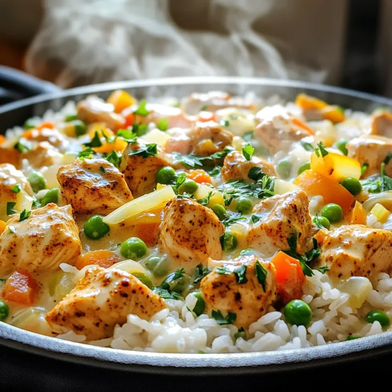 - 1 lb chicken breast, diced - 1 tablespoon Cajun seasoning - 2 tablespoons olive oil - 1 medium onion, diced - 3 cloves garlic, minced - 1 bell pepper, diced (red or green) - 1 cup long-grain rice - 2 cups low-sodium chicken broth - 1 cup heavy cream - 1 cup frozen peas - Salt and pepper to taste - Fresh parsley, chopped for garnish In this dish, the chicken breast is the star. It gives the meal its protein and heartiness. Cajun seasoning adds that famous spicy kick. Olive oil helps to cook the chicken and gives a rich flavor. Onion and garlic add depth to the taste. They make the base of the dish very aromatic. Bell peppers add a sweet crunch. The rice acts as a comforting base, soaking up all the flavors. Chicken broth keeps everything moist and adds extra taste. Heavy cream makes this dish creamy and rich. Frozen peas add a pop of color and sweetness. Seasoning with salt and pepper helps to balance the flavors. Don’t forget the fresh parsley! It makes the dish look pretty and fresh. Gather all these ingredients before you start cooking. It makes the process smooth and fun! Enjoy the blend of flavors in this One Pot Creamy Cajun Chicken Rice. Start by tossing the diced chicken with Cajun seasoning. Use a bowl to mix well. Make sure every piece has a nice coating of seasoning. This step adds flavor and spice to the chicken. Next, prepare your pot. Use a large pot or a Dutch oven for this recipe. Heat two tablespoons of olive oil over medium heat. The oil should shimmer but not smoke. This helps to brown the chicken perfectly. Now, it’s time to brown the chicken. Carefully add the seasoned chicken to the hot pot. Cook for about 5-7 minutes until the chicken gets a nice golden color. Once browned, remove the chicken from the pot and set it aside. In the same pot, add the diced onion and bell pepper. Sauté them for about 3-4 minutes. You want the onion to turn translucent. Then, add minced garlic for one more minute. This will make your kitchen smell amazing! Now, add the rice and broth. Stir in one cup of long-grain rice for about 1-2 minutes. This helps the rice absorb all those tasty flavors. Pour in two cups of low-sodium chicken broth and bring it to a boil. Reduce the heat to low, cover the pot, and let it simmer for 15 minutes. After simmering, it’s time to incorporate cream and peas. Stir in one cup of heavy cream and one cup of frozen peas. Return the chicken to the pot and mix everything together. Cover and cook for another 5-7 minutes. If the dish looks too thick, just add a little more broth or water. Finally, season with salt and pepper to taste. Serve it hot and garnish with fresh parsley for a pop of color. Enjoy your One Pot Creamy Cajun Chicken Rice! To ensure perfectly cooked rice, rinse it under cold water. This removes excess starch. Use long-grain rice for the best texture. When you add the rice to the pot, stir it for 1-2 minutes. This helps the rice absorb the flavors. Adjust the creaminess by adding more or less heavy cream. If you want a lighter dish, use less cream. You can also swap in chicken broth for a creamier texture. You can customize Cajun spice levels to your taste. Add more Cajun seasoning if you like it spicy. For a milder dish, reduce the amount. Feel free to add extra ingredients for flavor. Sautéed mushrooms, fresh spinach, or diced tomatoes work well. They add color and nutrition. For serving suggestions, use large bowls for a cozy feel. Ladle the creamy chicken rice into each bowl. Garnishing options include chopped fresh parsley or green onions. They add a pop of color and freshness. Serve with crusty bread on the side for a complete meal. {{image_2}} If you want to switch up the protein, try using turkey or shrimp. Both options add great flavor. You can also use firm tofu or seitan for a plant-based meal. These substitutes keep the dish tasty and satisfying. You can customize the spice blend. Try smoked paprika or cayenne for more heat. Adding herbs like thyme or oregano can also boost the flavor. For extra texture, toss in chopped carrots or zucchini. They cook well and brighten up the dish. Pair this creamy dish with a fresh salad or crusty bread. A side of garlic bread complements the meal perfectly. You can also serve it with a tangy dipping sauce. A simple ranch or garlic sauce adds a nice touch. Store your leftovers in the fridge right away. Use an airtight container to keep it fresh. This helps prevent bacteria growth and keeps flavors intact. Make sure to cool the dish before sealing it. Enjoy it within three days for the best taste. To freeze this dish, let it cool completely first. Place it in a freezer-safe container. You can also use freezer bags, removing as much air as possible. Label the bags with the date. When ready to eat, thaw it overnight in the fridge. Reheat on the stove or in the microwave. If the dish seems thick, add a splash of broth or water to loosen it up. In the fridge, your One Pot Creamy Cajun Chicken Rice lasts about three days. If frozen, it can stay good for up to three months. Check for signs of spoilage, like an off smell or mold. If you notice either, it's best to throw it away. Can I use brown rice instead of white? Yes, you can use brown rice. However, it needs more cooking time. Brown rice takes about 40-45 minutes to cook. You will also need to adjust the liquid. Use about 2 ½ cups of chicken broth. How can I make it spicier? To add heat, increase the Cajun seasoning. You can also add diced jalapeños or cayenne pepper. Start small and taste as you go. This way, you find the right spice level for you. Is this recipe gluten-free? Yes, this recipe is gluten-free. Just make sure you use gluten-free chicken broth. Most Cajun seasonings are gluten-free, but check the label to be safe. Substitutes for heavy cream If you want a lighter option, use half-and-half or coconut cream. For a dairy-free choice, almond or oat milk can work, but may not be as creamy. Adjust the cooking times as needed for these alternatives. How to reheat the dish? To reheat, place it in a pot over low heat. Stir occasionally and add a splash of broth. This keeps it creamy and prevents sticking. Can I make it ahead of time? Yes, you can make this dish ahead. Store it in the fridge for up to three days. Just reheat as mentioned. The flavors will deepen, making it even better! This blog covered a flavorful Cajun chicken dish. We discussed key ingredients, including chicken, Cajun seasoning, and creamy elements. The step-by-step instructions made the cooking process clear and simple. Useful tips helped optimize flavor and presentation. We also explored variations and storage options to suit your needs. In the end, you can enjoy a delicious meal that fits your style. Happy cooking!