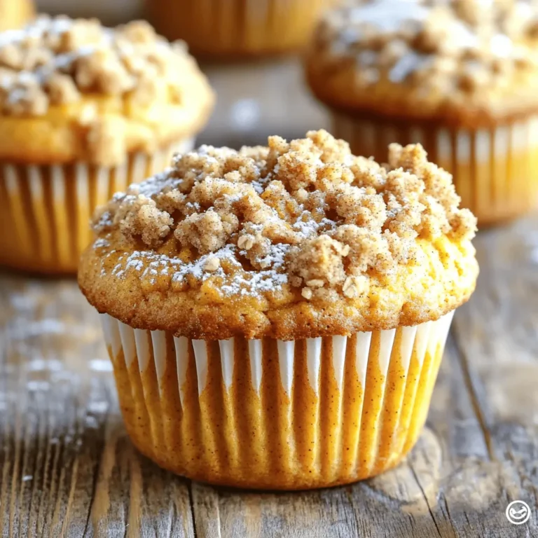 To make these tasty muffins, you need fresh ingredients that bring out the pumpkin flavor. Here’s what you’ll need: - 1 cup canned pumpkin puree - 3/4 cup granulated sugar - 1/2 cup brown sugar, packed - 1/2 cup vegetable oil - 2 large eggs - 1 teaspoon vanilla extract - 1 1/2 cups all-purpose flour - 1 teaspoon baking powder - 1 teaspoon baking soda - 1 teaspoon ground cinnamon - 1/2 teaspoon ground nutmeg - 1/4 teaspoon ground ginger - 1/2 teaspoon salt These ingredients blend perfectly to create moist and flavorful muffins. The streusel adds a delightful crunch to the soft muffins. For this topping, gather: - 1/2 cup all-purpose flour - 1/3 cup rolled oats - 1/4 cup brown sugar, packed - 1 teaspoon ground cinnamon - 1/4 cup unsalted butter, softened Mix these together to get a crumbly topping that contrasts nicely with the muffins. If you’re missing an ingredient or want to swap for a healthier choice, consider these options: - Use coconut oil instead of vegetable oil for a richer flavor. - Replace granulated sugar with honey or maple syrup for a natural sweetener. - Substitute whole wheat flour for all-purpose flour for added fiber. - Try using applesauce in place of some oil for a lower-fat version. These swaps can keep the muffins moist while adding new flavors. First, set your oven to 350°F (175°C). This heat helps the muffins bake evenly. Next, line a muffin tin with paper liners. If you don't have liners, lightly grease the cups. This step keeps muffins from sticking. In a large bowl, add 1 cup of canned pumpkin puree. Then, mix in 3/4 cup of granulated sugar and 1/2 cup of brown sugar. Pour in 1/2 cup of vegetable oil, then add 2 large eggs and 1 teaspoon of vanilla extract. Whisk these ingredients until smooth. This mix gives the muffins a moist texture. In another bowl, combine 1 1/2 cups of all-purpose flour, 1 teaspoon of baking powder, and 1 teaspoon of baking soda. Add 1 teaspoon of ground cinnamon, 1/2 teaspoon of ground nutmeg, 1/4 teaspoon of ground ginger, and 1/2 teaspoon of salt. Stir these dry ingredients well. This mix adds flavor and helps the muffins rise. For the streusel, use a small bowl. Add 1/2 cup of all-purpose flour, 1/3 cup of rolled oats, and 1/4 cup of brown sugar. Then, mix in 1 teaspoon of ground cinnamon. Use your fingers or a fork to incorporate 1/4 cup of softened unsalted butter. You want the mix to look like coarse crumbs. This topping adds a sweet, crunchy layer. Spoon the muffin batter into the prepared muffin tin. Fill each cup about 2/3 full. Now, sprinkle the streusel topping generously over the batter. Bake for 18-22 minutes. Check if they are done by inserting a toothpick into the center. If it comes out clean, the muffins are ready. Let them cool in the pan for 5 minutes before moving them to a wire rack. Enjoy the warm, flavorful muffins! To get soft and moist muffins, use canned pumpkin puree. It adds great flavor and moisture. Mix wet and dry ingredients separately. Add the dry mix to the wet mix gently. Overmixing makes muffins tough. Stop mixing when you see a few flour streaks. This keeps them fluffy. For a crunchy streusel, use cold butter. Mix it in with your fingers. This creates small clumps. Use oats for extra texture. Sprinkle the streusel topping evenly over the batter. This ensures every muffin gets a sweet crunch. One common mistake is using too much flour. Always measure flour correctly by spooning it into the cup. Don’t pack it down. Another mistake is not testing for doneness. Always use a toothpick to check. If it comes out clean, they’re ready! {{image_2}} You can make pumpkin muffins more fun with tasty add-ins. Here are some great options: - Chocolate Chips: Add 1 cup of semi-sweet chocolate chips. They bring a rich sweetness. - Nuts: Chopped walnuts or pecans give a nice crunch. Use about 1/2 cup for flavor. - Dried Fruit: Try 1/2 cup of raisins or cranberries. They add a chewy texture. - Seeds: A handful of sunflower or pumpkin seeds adds a nutty taste and extra nutrition. Mix these in gently when you combine the wet and dry ingredients. If you want to change the streusel topping, consider these ideas: - Nut Topping: Use crushed nuts mixed with sugar and spices for a crunchy twist. - Glaze: Drizzle a simple glaze made of powdered sugar and milk on top. It adds sweetness and style. - Coconut: Sprinkle shredded coconut on top before baking. It gives a tropical flair. - Spiced Sugar: Mix cinnamon and sugar and sprinkle it on the muffins for a sweet finish. These toppings can transform your muffins from good to great! You can play with seasonal flavors to keep things fresh. Here are some ideas: - Apple: Add chopped apples for a fall-inspired taste. About 1 cup works well. - Maple: Swap some sugar for maple syrup to add depth. Use 1/4 cup of syrup. - Gingerbread: Mix in ground ginger and molasses for a winter vibe. A teaspoon of ginger and 1/4 cup of molasses do the trick. - Cranberry Orange: Combine 1 cup of fresh cranberries with orange zest for a bright, tart flavor. These variations let you enjoy pumpkin muffins all year long! To keep your Pumpkin Streusel Muffins fresh, store them in an airtight container. This will keep them soft and moist. Place the container at room temperature for up to three days. If you want them to last longer, refrigeration helps, but it may change the texture a bit. Freezing these muffins is easy! First, let them cool completely. Then, wrap each muffin tightly in plastic wrap. Place the wrapped muffins in a freezer bag or container. They can stay frozen for up to three months. When you're ready to enjoy them, simply thaw at room temperature or heat in the microwave. To reheat your muffins, use a microwave or oven. For the microwave, heat for about 15-20 seconds. If using the oven, preheat to 350°F (175°C) and warm for about 5-10 minutes. This will help restore their fluffy texture and warmth. Enjoy them fresh like they just came out of the oven! Yes, you can use fresh pumpkin. First, cook and mash the pumpkin. This gives a fresh taste. Make sure to drain any extra water. Canned pumpkin is very smooth and easy to use. Fresh pumpkin may need more work, but it can be just as tasty. Check the muffins after 18 minutes. Insert a toothpick into the center of a muffin. If it comes out clean, the muffins are done. They should look golden brown on top. If they are not done, bake for a few more minutes. Keep checking until they are ready. Pumpkin muffins taste great on their own. You can add a dollop of whipped cream. A sprinkle of chopped pecans adds crunch too. Serve them warm for the best flavor. Pair them with a hot drink, like coffee or tea. Pumpkin muffins can last for about 3 days at room temperature. Keep them in an airtight container. If you want to store them longer, refrigerate them for up to a week. You can also freeze muffins for up to three months. Just thaw them when you're ready to enjoy. In this blog, we covered making delicious pumpkin streusel muffins. You learned the key ingredients and how to prepare the batter and topping. We shared tips for perfect muffins and common mistakes to avoid. Plus, we explored fun variations and storage options. In the end, these muffins are tasty and easy to make. Enjoy them fresh or try different flavors. I hope you feel ready to bake and share these treats. You’ll impress everyone with your skills!