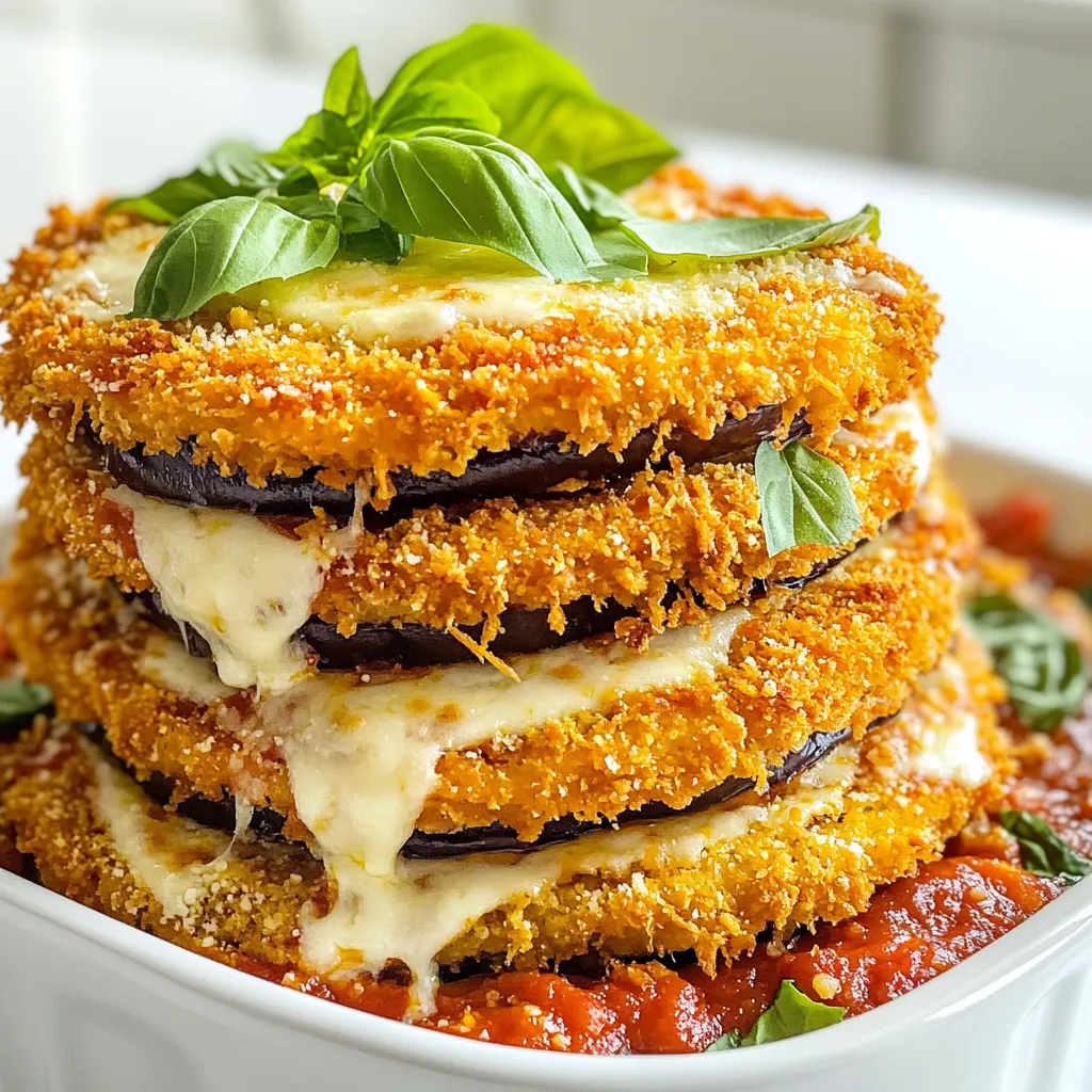 To make crispy air fryer eggplant parmesan, gather these key ingredients: - 2 medium eggplants, sliced into 1/4-inch rounds - 1 teaspoon salt - 1 cup all-purpose flour - 2 large eggs, beaten - 1 cup breadcrumbs (preferably panko for extra crunch) - 1 teaspoon dried oregano - 1 teaspoon garlic powder - 1/2 teaspoon black pepper - 2 cups marinara sauce - 2 cups shredded mozzarella cheese - 1/2 cup grated Parmesan cheese - Fresh basil leaves for garnish If you don't have some ingredients, here are good swaps: - Use chickpea flour instead of all-purpose flour for gluten-free options. - Egg replacements like flaxseed meal or applesauce work well for vegan diets. - For breadcrumbs, crushed cornflakes give a nice crunch. - Swap mozzarella for provolone or gouda for a different taste. You can change up the flavor with these extras: - Add red pepper flakes for a spicy kick. - Try fresh herbs like basil or thyme for more aroma. - Include cooked spinach or mushrooms in the layers for extra veggies. These ingredients set the stage for a crispy, flavorful dish that will impress anyone! Start by slicing the eggplants into 1/4-inch rounds. This size helps them cook evenly. Sprinkle 1 teaspoon of salt over the slices. Let them sit for about 30 minutes. The salt draws out moisture and bitterness. After 30 minutes, rinse the slices under cold water. Pat them dry with paper towels. This step is key for a crispy texture. Next, set up your breading station. You need three shallow bowls. In the first bowl, place 1 cup of all-purpose flour. In the second bowl, add 2 beaten eggs. In the third bowl, mix 1 cup of breadcrumbs, 1 teaspoon of dried oregano, 1 teaspoon of garlic powder, and 1/2 teaspoon of black pepper. This mix adds great flavor. Take each eggplant slice, dip it first in the flour, shaking off the excess. Then, coat it in the egg. Finally, press it into the breadcrumb mixture. Make sure each slice gets a good cover. Repeat this for all slices. Preheat your air fryer to 375°F (190°C). Place the breaded eggplant slices in the basket. Make sure they are in a single layer. Avoid overcrowding for the best results. Spray them lightly with cooking spray for extra crispiness. Cook for 12-15 minutes, flipping halfway through. They should turn golden brown and crispy. Now, it’s time to assemble. Spread a thin layer of marinara sauce in a baking dish. Layer half of the crispy eggplant slices on top. Add half of the remaining marinara sauce. Then, sprinkle half of the shredded mozzarella cheese and half of the grated Parmesan cheese. Repeat these layers with the rest of the ingredients. Finally, bake the dish in your oven at 375°F (190°C) for 20-25 minutes. You want the cheese to be bubbly and golden. After baking, let it cool for a few minutes. Then, garnish with fresh basil leaves before serving. Enjoy your crispy air fryer eggplant Parmesan! To get that perfect crisp on your eggplant, start by salting the slices. The salt pulls out moisture and bitterness. After 30 minutes, rinse the slices and pat them dry. This step is key. Use panko breadcrumbs for extra crunch. They make a big difference. When you bread the slices, press the breadcrumbs firmly. This helps them stick better. One common mistake is overcrowding the air fryer. If the eggplant slices touch, they won’t crisp up well. Always cook them in a single layer. Another mistake is not preheating the air fryer. This step ensures even cooking from the start. Finally, don’t skip the cooking spray. A light spray helps the coating get golden and crunchy. Here are some tools that make this recipe easier: - Air fryer - Three shallow bowls for breading - Baking dish for assembly - Cooking spray for added crispiness - Paper towels for drying eggplant Using the right tools can make your cooking experience smoother and more fun. Enjoy your crispy eggplant parmesan! {{image_2}} You can make a vegan version of this dish easily. Instead of eggs, use unsweetened plant milk. Flaxseed meal mixed with water also works as a great egg substitute. For the cheese, use vegan mozzarella or cashew cheese. This gives the dish a creamy texture while keeping it plant-based. To make this recipe gluten-free, swap regular flour and breadcrumbs for gluten-free versions. Use gluten-free all-purpose flour and gluten-free panko. This way, you can enjoy the same crispy texture without any gluten. Add more flavors to your eggplant parmesan by mixing spices and herbs. Try adding smoked paprika for a touch of warmth. You can also include fresh herbs like thyme or parsley for added taste. If you love heat, sprinkle in some red pepper flakes. These small changes can elevate the dish and make it unique to your taste. To keep your crispy air fryer eggplant Parmesan fresh, place it in an airtight container. Layer the eggplant with parchment paper to prevent sticking. Store it in the fridge for up to three days. Make sure it cools completely before sealing it to avoid moisture buildup. For the best taste, reheat your eggplant Parmesan in the oven. Preheat the oven to 350°F (175°C). Place the leftovers on a baking sheet and cover them with foil. Heat for about 15-20 minutes or until hot. This method helps to keep the eggplant crispy. If you want to freeze your eggplant Parmesan, let it cool first. Cut it into portions and wrap each piece tightly in plastic wrap. Then, place the wrapped pieces in a freezer-safe bag. You can freeze it for up to three months. To enjoy, thaw it in the fridge overnight before reheating. Yes, fresh eggplant works great. In fact, I recommend using fresh eggplant. It tastes better and has a firmer texture. Just make sure to slice it evenly. To reduce bitterness, sprinkle salt on the slices and let them sit. This draws out moisture and bitterness. After 30 minutes, rinse the slices with cold water. Pat them dry with paper towels. This step is key for a tasty dish. You can customize this dish in many ways. Try different cheeses, like provolone or goat cheese. Add spices like crushed red pepper for heat. You can also use a different sauce, like pesto or a white sauce. If you want a veggie boost, layer in some spinach or mushrooms. This blog post covered everything you need to make a great eggplant dish. We discussed essential ingredients and tasty alternatives. You learned the steps for prepping, breading, and cooking the eggplant. I shared tips for achieving that perfect crisp and how to avoid mistakes. We also explored fun variations, storage tips, and some common questions. Now, you have the tools to make this meal shine. Enjoy cooking and get creative!