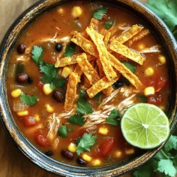 - 1 lb boneless, skinless chicken breasts - 1 can fire-roasted diced tomatoes (14 oz) - 1 can black beans, rinsed and drained (15 oz) - 1 can corn, drained (15 oz) - 1 medium onion, diced - 3 cloves garlic, minced - 1 jalapeño, seeded and chopped - 1 teaspoon ground cumin - 1 teaspoon chili powder - 4 cups chicken broth - 1 lime, juiced - Salt and pepper to taste In this recipe, chicken is your main star. I prefer boneless, skinless chicken breasts. They cook well and shred easily. Next, you’ll need some flavorful vegetables. I love adding fire-roasted diced tomatoes for that smoky touch. Black beans give protein, while corn adds sweetness. Don't forget the onion and garlic. They build a strong base of flavor. The jalapeño adds a bit of heat. Adjust the amount if you want less spice. For seasonings, ground cumin and chili powder are essential. They bring warmth and depth to the soup. Finally, chicken broth ties everything together. It keeps your soup rich and comforting. - Fresh cilantro - Tortilla strips - Diced avocado - Shredded cheese Toppings make your soup special. Fresh cilantro adds a burst of color and flavor. I love crunchy tortilla strips for texture. Diced avocado gives creaminess, making each bite delightful. Lastly, shredded cheese adds a savory finish. Try mixing and matching toppings. Each adds a unique twist to the soup. Enjoy experimenting with these fresh elements! First, place the chicken breasts at the bottom of the slow cooker. This helps to keep the chicken juicy. Make sure they fit well and do not overlap. This way, they cook evenly. You want the chicken to soak up all the tasty flavors. Next, add the fire-roasted diced tomatoes, black beans, corn, onion, garlic, and jalapeño. These ingredients add color and taste. I love using fire-roasted tomatoes for that smoky flavor. Then, sprinkle the cumin, chili powder, salt, and pepper over the mix. These spices bring a warm kick to the soup. Use your hands to mix everything gently. This helps blend the flavors together. Now, pour in the chicken broth. Make sure all the ingredients are covered. This keeps the chicken moist while cooking. Cover the slow cooker and set it on low for 6-7 hours or high for 3-4 hours. The chicken is done when it shreds easily. About 30 minutes before serving, take out the chicken. Use two forks to shred it. Then, return the shredded chicken to the slow cooker. Stir in the lime juice to brighten the taste. Adjust the seasoning if needed. Mix well before serving. To make your soup taste even better, start with spices. You can add more chili powder for heat. If you want a smoky taste, try adding a pinch of smoked paprika. Adjust spices to fit your taste. Vegetables also boost flavor and nutrition. You can add bell peppers or zucchini. Corn adds sweetness, while carrots give a nice crunch. More veggies mean more vitamins! Choosing the right slow cooker setting is key. Cook on low for 6-7 hours for juicy chicken. If short on time, use high for 3-4 hours. Avoid overcooking the chicken. It can become dry and tough. Check the chicken about 30 minutes before serving. If it’s cooked, shred it and return it to the soup. This way, it stays moist and flavorful. {{image_2}} You can switch up the protein in your soup. Try using turkey or beef instead of chicken. Turkey gives a leaner taste while beef adds a hearty flavor. Both options work well when cooked slowly. For a vegetarian or vegan twist, use beans or lentils. These options still pack in protein and make the soup filling. Adding different spices can transform your soup. Try smoked paprika for a rich, smoky taste. A pinch of cayenne pepper can add heat. You can also experiment with fresh herbs like thyme or oregano. They give a fresh and vibrant flavor. Toppings can also change your soup's profile. Instead of tortilla strips, try crushed tortilla chips for extra crunch. You can also add diced radishes for a refreshing bite. A dollop of sour cream can add creaminess too. Let your taste buds guide you! To store your soup, let it cool first. Then, place it in an airtight container. Make sure to leave some space at the top for expansion. This soup lasts about 3-4 days in the fridge. Keep it at a safe temperature to avoid spoilage. For long-term storage, freezing is a great option. Divide the soup into portions before freezing. Use freezer-safe bags or containers. Press out as much air as possible to prevent freezer burn. It can stay fresh for up to 3 months in the freezer. When you are ready to eat, take the soup out and thaw it in the fridge overnight. To reheat, warm it on the stove over low heat. Stir often to help it heat evenly. You can also use the microwave, but be careful not to overheat it. Enjoy your soup again! To make this soup, follow these simple steps: 1. Prepare the Chicken: Place 1 lb of boneless chicken breasts at the bottom of your slow cooker. 2. Add Vegetables: Dump in 1 can of fire-roasted diced tomatoes, 1 can of black beans (rinsed), 1 can of corn (drained), 1 diced onion, 3 minced garlic cloves, and 1 chopped jalapeño. 3. Season the Soup: Sprinkle in 1 teaspoon of ground cumin, 1 teaspoon of chili powder, and add salt and pepper to taste. 4. Pour in the Broth: Add 4 cups of chicken broth to cover everything. 5. Cook: Cover the slow cooker and cook on low for 6-7 hours or high for 3-4 hours. 6. Shred the Chicken: About 30 minutes before serving, take out the chicken, shred it, and put it back in the pot. 7. Finish the Soup: Stir in the juice of 1 lime and adjust any seasonings if needed. 8. Serve: Ladle your soup into bowls and top with tortilla strips, cilantro, diced avocado, and shredded cheese if you like. Yes, you can use frozen chicken! Just make sure the chicken is in the slow cooker for 8-10 hours on low. This lets it cook fully and stay safe to eat. The chicken will add extra moisture and taste to the soup. Just shred it as you would with fresh chicken before serving. Here are some great side dishes and accompaniments: - Cornbread: A sweet and soft bread pairs well with soup. - Salad: A fresh green salad adds crunch and balance. - Rice: Serve with some white or brown rice for a filling meal. - Tortilla Chips: Crispy chips are great for dipping. - Guacamole: Creamy avocado dip enhances the flavor. - Sour Cream: A dollop of sour cream adds richness. These options can elevate your soup experience! In this blog post, we explored making Slow Cooker Chicken Tortilla Soup. We went over key ingredients like chicken, veggies, and spices. You learned how to prepare, cook, and enhance your soup. We shared tips for selecting proteins and possible variations. Finally, remember to store leftovers properly and enjoy this dish later. Cooking should be fun and easy. I hope you feel inspired to make your own delicious soup today!