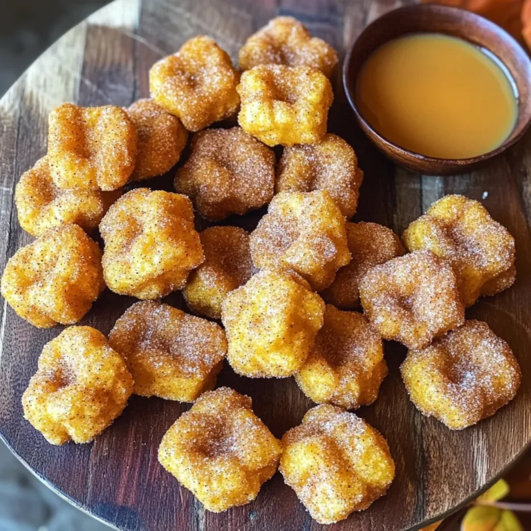 - 1 cup all-purpose flour - 1/4 cup granulated sugar - 1 tablespoon baking powder - 1/2 teaspoon salt - 1 teaspoon pumpkin spice mix - 1/2 cup water - 2 tablespoons unsalted butter, melted - 1/2 teaspoon vanilla extract - Oil for frying - 1/4 cup unsalted butter, melted (for coating) - 1/4 cup granulated sugar (for coating) - 1 teaspoon pumpkin spice mix (for coating) To make delicious pumpkin spice churro bites, gather all your ingredients first. You will need a mix of dry and wet items to create the dough. Start with 1 cup of all-purpose flour. This will be the base for your churros. Add 1/4 cup of granulated sugar for sweetness. Next, include 1 tablespoon of baking powder. This helps them puff up nicely. Don’t forget 1/2 teaspoon of salt to balance the flavor. Finally, add 1 teaspoon of pumpkin spice mix to give that warm fall flavor. For the wet ingredients, measure 1/2 cup of water. Add 2 tablespoons of unsalted butter, melted. This will add richness. Also, include 1/2 teaspoon of vanilla extract for extra flavor. You will need oil for frying. Make sure to select a neutral oil with a high smoke point. For coating, have 1/4 cup of unsalted butter, melted and 1/4 cup of granulated sugar ready. Lastly, repeat the 1 teaspoon of pumpkin spice mix for the coating mixture. With these ingredients in hand, you are all set to make these festive treats! - Whisking Dry Ingredients Start by gathering your dry ingredients. In a medium bowl, mix together 1 cup of all-purpose flour, 1/4 cup of granulated sugar, 1 tablespoon of baking powder, 1/2 teaspoon of salt, and 1 teaspoon of pumpkin spice mix. Whisk these until they blend well. This step is key for even flavor. - Boiling Wet Ingredients Next, grab a small pot. Add 1/2 cup of water, 2 tablespoons of melted unsalted butter, and 1/2 teaspoon of vanilla extract. Heat this mixture over medium heat until it gently boils. Keep an eye on it. You want it to simmer, not spill. - Mixing to Form Dough Once boiling, take the pot off the heat. Quickly add the dry flour mixture. Stir vigorously until a dough forms. It should come together and pull away from the sides. Let this dough cool for a few minutes. This helps you pipe it without burning your hands. - Heating the Oil In a large pot or deep frying pan, pour in enough oil to reach about 2 inches high. Heat the oil to 350°F (175°C). Use a thermometer for accuracy. Hot oil makes the churros crispy. - Piping the Dough Transfer your dough to a pastry bag with a star tip. If you don’t have a star tip, just cut the tip off the bag. Pipe small pieces of dough into the hot oil. Use scissors or a knife to cut the dough as you go. Be sure not to overcrowd the pot. - Frying Until Golden Brown Fry the churro bites for about 2-3 minutes. Turn them as needed to cook all sides evenly. Once they are golden brown, remove them with a slotted spoon. Drain them on paper towels. This helps get rid of excess oil. - Preparing the Cinnamon-Sugar Mixture In a shallow bowl, mix together 1/4 cup of melted butter, 1/4 cup of granulated sugar, and 1 teaspoon of pumpkin spice mix. Stir until well mixed. This will give your churro bites a sweet, spiced coat. - Tossing the Churro Bites While the churro bites are still warm, toss them in the cinnamon-sugar mixture. Make sure they are evenly coated. This step adds flavor and sweetness that you will love. - Serving Suggestions For a fun presentation, arrange the churro bites on a platter. You can dust them with extra pumpkin spice. Consider serving with warm caramel or chocolate sauce for dipping. It makes each bite even more delightful! Ensuring Proper Oil Temperature The right oil temperature is key for crispy churro bites. Heat your oil to 350°F (175°C). Use a thermometer for accuracy. If the oil is too cool, the churros will soak up oil. If too hot, they will burn. Tips for Piping Dough Use a pastry bag with a star tip for fun shapes. If you don’t have one, cut a small tip from a zip-top bag. Pipe small pieces into the oil; cut them with scissors. This keeps them bite-sized and even. Adding Extra Spices You can boost flavor by adding more spices. Try a pinch of nutmeg or cinnamon to the dough. A touch of vanilla adds warmth too. These small changes make a big difference. Experimenting with Dipping Sauces Try different sauces for dipping. Warm caramel or chocolate sauce pairs well. You can also use a spiced cream cheese dip for a fun twist. Don’t be afraid to get creative! Arranging on a Serving Platter For a beautiful display, arrange churro bites on a festive plate. Stack them in a cone shape or in a circle. This eye-catching look will impress your guests. Festive Garnishes Add a sprinkle of pumpkin spice on top for a seasonal touch. You can also use edible flowers or fresh herbs. These garnishes make your treats pop and look even more inviting. {{image_2}} You can switch up the pumpkin spice churro bites for fun. Try chocolate pumpkin spice churros. Just add chocolate chips to the dough. The rich chocolate pairs well with the pumpkin spice. You can also make maple cinnamon churro bites. For this, add a splash of maple extract to the dough. The sweet maple flavor gives a new twist. If you need gluten-free options, use gluten-free flour instead of all-purpose flour. This change keeps the taste while being friendly for gluten-free diets. For vegan pumpkin spice churros, swap the butter for coconut oil. Use a plant-based milk instead of water if you want. These small changes make the recipe fit for everyone. Serve your churro bites with a scoop of ice cream. Vanilla or caramel ice cream works best. The cold creaminess balances the warm churros. You can also create churro bonbons. Just dip the churro bites in chocolate and let them cool. This adds a fun and tasty layer to the dessert. - Best Practices for Storing Leftovers Let the churro bites cool completely. Place them in a single layer to avoid sticking. You can wrap them in plastic wrap or put them in a bag. This keeps them fresh. - Suitable Containers for Storage Use an airtight container or a resealable plastic bag. These options help keep moisture out and the churros fresh. If you have many, stack them carefully to save space. - Oven Method Preheat your oven to 350°F (175°C). Spread the churro bites on a baking sheet. Bake for about 5-7 minutes until warm and crispy. - Microwave Method Place a few churro bites on a microwave-safe plate. Heat for about 10-15 seconds. Be careful not to overheat, as they can become chewy. - Best Duration for Storing Store churro bites for about 2-3 days at room temperature. If you want to keep them longer, freeze them for up to a month. - Tips to Maintain Crispness To keep churros crispy, avoid covering them too tightly. A paper towel in the container can help absorb moisture. Enjoying them fresh is best, but these tips help them last longer. Churros are long, thin strips of fried dough. Churro bites are small, bite-sized pieces. Churro bites are easier to eat and perfect for sharing. Both have the same tasty flavor and texture. Yes, you can make the dough ahead. Store it in the fridge for up to one day. When ready, fry the churro bites fresh for the best taste. You can also prepare the cinnamon-sugar mix in advance. If you don’t have pumpkin spice, combine cinnamon, nutmeg, and ginger. Use equal parts for a similar flavor. You can also try just cinnamon for a simpler taste. Experiment to find what you like best. Use a thermometer to check the oil temperature. It should be around 350°F (175°C). If you don’t have a thermometer, drop a small piece of dough in the oil. If it bubbles and rises, the oil is ready. Yes! Preheat the oven to 400°F (200°C). Shape the dough into small bites and place them on a baking sheet. Bake for 12-15 minutes or until golden. They will not be as crispy but will still taste great. You now have a clear path to making delicious pumpkin spice churro bites. We covered the key ingredients and detailed steps that lead to a tasty treat. With helpful tips and various options for flavors, these churros can fit any occasion. Remember to store them properly for the best taste. Experiment with dips and presentation for fun. Enjoy creating these delightful bites today!