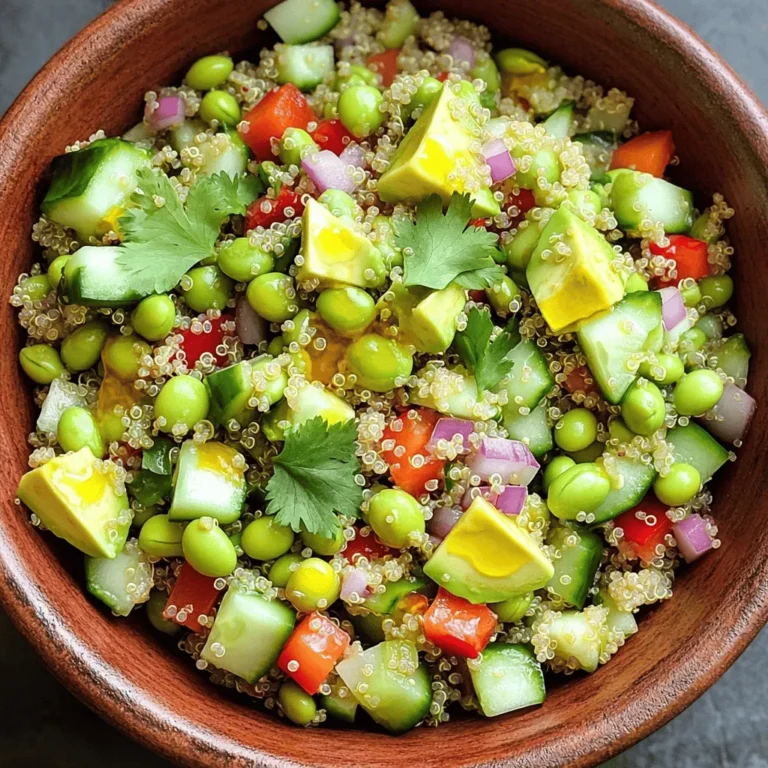 To make the Edamame Quinoa Power Salad, you will need: - 1 cup quinoa, rinsed - 2 cups water - 1 cup shelled edamame (fresh or frozen) - 1 red bell pepper, diced - 1 small cucumber, diced - 1 avocado, diced - 1/4 cup red onion, finely chopped - 1/4 cup fresh cilantro, chopped - 3 tablespoons olive oil - 2 tablespoons lime juice - 1 teaspoon honey (or agave syrup for a vegan option) - Salt and pepper to taste You can switch up some of the ingredients if you like. Here are a few options: - Quinoa: You can use farro, barley, or brown rice instead. - Edamame: Try green peas or chickpeas if you need a change. - Red bell pepper: Yellow or orange peppers work well too. - Avocado: Substitute with diced mango for a sweet twist. - Olive oil: Use avocado oil or a nut oil like walnut oil. This salad is packed with nutrition: - Quinoa: A complete protein and rich in fiber. It helps keep you full longer. - Edamame: Offers high protein and fiber. Great for muscle repair and digestion. - Red bell pepper: Full of vitamin C, it boosts your immune system. - Cucumber: Hydrating and low in calories, it adds crunch and freshness. - Avocado: Provides healthy fats that are good for your heart. - Cilantro: Contains antioxidants and adds a bright flavor. Each ingredient brings its own health benefits, making this salad a nourishing choice for any meal. To cook the quinoa, start by rinsing 1 cup of quinoa under cold water. This step helps remove any bitter taste. In a medium saucepan, add the rinsed quinoa and 2 cups of water. Bring this mix to a boil over high heat. Once boiling, reduce the heat to low, cover the pan, and let it simmer for about 15 minutes. The water will absorb, and the quinoa will become fluffy. After cooking, remove it from heat and let it cool in the pan. If you're using frozen edamame, place it in a pot of boiling water. Cook for about 3 to 5 minutes until it is heated through. Then, drain the edamame and set it aside to cool. If you have fresh edamame, you can simply shell it and set it aside. In a large mixing bowl, combine the cooked quinoa and edamame. Next, add 1 diced red bell pepper, 1 diced cucumber, 1 diced avocado, 1/4 cup finely chopped red onion, and 1/4 cup fresh chopped cilantro. Stir gently to mix the ingredients together. For the dressing, take a small bowl and whisk together 3 tablespoons of olive oil, 2 tablespoons of lime juice, 1 teaspoon of honey, and a pinch of salt and pepper. Whisk until everything is well blended. This dressing adds a fresh and zesty flavor to the salad. Drizzle the dressing over the quinoa and edamame mixture. Toss gently to coat all the ingredients well. It’s important to mix carefully so you don’t mash the avocado. Taste the salad and adjust the seasoning if needed, adding more lime juice, salt, or pepper. You can serve it right away or refrigerate it for 30 minutes. Chilling helps the flavors blend beautifully. Enjoy your Edamame Quinoa Power Salad! To cook quinoa well, start by rinsing it. Use cold water to wash off any bitter taste. Add one cup of rinsed quinoa and two cups of water to a pot. Bring the water to a boil. Once it boils, lower the heat and cover the pot. Let it simmer for about 15 minutes. The quinoa should absorb all the water and fluff up. After cooking, let it cool for a bit before mixing it into your salad. This will help keep the texture light and airy. If you have leftovers, store them in a clean, airtight container. This helps keep the salad fresh. You can put it in the fridge for up to three days. When ready to eat, just give it a good stir. You may want to add a splash of lime juice or olive oil to refresh the flavor. Always check for any signs of spoilage before eating. To give your salad a flavor boost, consider adding spices or herbs. A pinch of cumin or smoked paprika can add warmth. Fresh herbs like basil or mint can bring a bright taste. You can also try adding nuts or seeds for crunch. A sprinkle of sesame seeds or sunflower seeds adds a nice touch. Don't forget to taste as you go! Adjust the salt and lime juice to suit your palate. {{image_2}} You can add proteins to make your salad heartier. Grilled chicken adds a nice flavor and keeps it filling. Tofu is a great plant-based choice. Use firm tofu and grill or pan-sear it. Beans like chickpeas or black beans also work well. They add protein and a touch of creaminess. Feel free to swap in seasonal veggies. In spring, add peas or asparagus. In summer, try cherry tomatoes or zucchini. Fall can bring roasted sweet potatoes or butternut squash. In winter, use kale or Brussels sprouts. These swaps keep your salad fresh and exciting year-round. Explore various dressings to change the flavor. A sesame dressing gives a nutty kick. A spicy sriracha dressing adds heat and depth. For a creamy option, try a yogurt-based dressing. You can also mix herbs like basil or mint into your dressing for a fresh twist. Each dressing can transform the whole dish. To keep your Edamame Quinoa Power Salad fresh, store it in an airtight container. This helps lock in moisture and flavor. Place the salad in the fridge right after you make it. It can stay good for about three days. Before serving, give it a quick toss. If it seems dry, add a splash of lime juice to refresh it. If you want to save some for later, freezing is an option. However, I don’t recommend freezing the whole salad. The avocado and cucumber may not taste great after thawing. Instead, you can freeze the cooked quinoa and edamame separately. Store them in airtight bags. They can last up to three months in the freezer. When you’re ready, just thaw and mix with fresh veggies. Knowing how long each ingredient lasts helps reduce waste. Here’s a quick guide: - Quinoa: Uncooked quinoa lasts about two years in a cool, dry place. - Edamame: Fresh edamame lasts about a week in the fridge. Frozen edamame can stay good for six months. - Avocado: A ripe avocado lasts about two to three days in the fridge. - Cucumber: Store in the fridge for about one week. - Red Bell Pepper: It can last up to one week in the fridge. - Red Onion: Keep it in a cool, dark place for about a month. - Cilantro: Use fresh cilantro within one week for best flavor. This storage info helps you enjoy your salad at its best! Yes, you can make this salad ahead of time. Prepare it up to one day in advance. Just keep it in the fridge. The flavors get better as they sit. However, add the avocado just before serving to keep it fresh and green. Yes, this salad is vegan-friendly. Use agave syrup instead of honey. All the other ingredients are plant-based. It’s a great choice for anyone following a vegan diet. This salad is gluten-free as it is. Quinoa is naturally gluten-free. Just ensure that any other ingredients you use are also gluten-free. Check labels for any hidden gluten. If you want to swap quinoa, try brown rice or millet. Both are good options. They add a nice texture and flavor. You could also use cauliflower rice for a lower-carb choice. Just make sure to adjust cooking times as needed. This blog post covered how to make an Edamame Quinoa Power Salad. We listed the key ingredients and their benefits, along with cooking steps. I shared tips for perfect quinoa and ways to enhance flavors. We explored variations, like adding proteins and seasonal veggies. Lastly, I provided storage tips to keep your salad fresh. Remember, you can customize this salad to your taste. Enjoy experimenting with flavors and ingredients for a dish you'll love. Happy cooking!