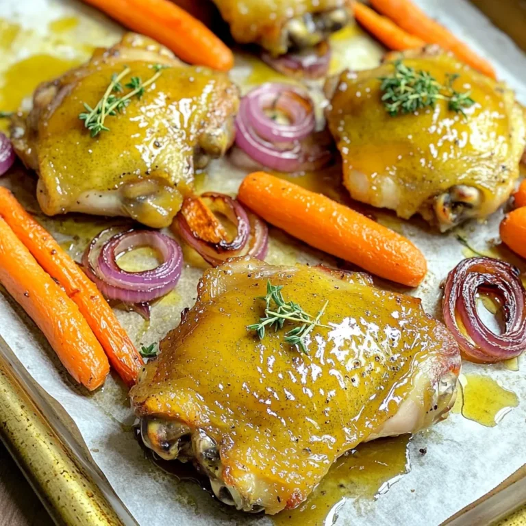 To create this Maple Dijon Chicken & Carrots delight, gather these simple ingredients: - 4 boneless, skinless chicken thighs - 2 tablespoons Dijon mustard - 3 tablespoons pure maple syrup - 1 tablespoon olive oil - 1 teaspoon garlic powder - 1 teaspoon onion powder - Salt and pepper to taste - 6 medium carrots, sliced into sticks - 1 red onion, cut into wedges - Fresh thyme sprigs for garnish These ingredients work together to give you a sweet and savory dish. The chicken thighs keep the meat juicy. The Dijon mustard adds a zesty kick. Maple syrup brings a touch of sweetness. Garlic and onion powder round out the flavors. I love using fresh thyme as a garnish. It adds a nice touch and a lovely aroma. The carrots and red onion not only taste great but also add color to your meal. Enjoy cooking with these vibrant ingredients! Start by preheating your oven to 400°F (200°C). This step helps cook the chicken and carrots evenly. A hot oven ensures a nice roast, giving your meal better flavor and texture. In a small bowl, mix together 2 tablespoons of Dijon mustard, 3 tablespoons of pure maple syrup, and 1 tablespoon of olive oil. Add 1 teaspoon of garlic powder, 1 teaspoon of onion powder, and a pinch of salt and pepper. This marinade makes the chicken tasty and juicy. Take 4 boneless, skinless chicken thighs and place them in a large bowl. Pour half of the marinade over the chicken. Make sure each piece is well coated. Let it marinate for about 15 minutes at room temperature. This short time helps the flavors soak in. While the chicken is soaking in flavor, prepare your sheet pan. Line it with parchment paper. This makes cleanup easy. Next, slice 6 medium carrots into sticks and cut 1 red onion into wedges. Add these veggies to the lined sheet pan. Drizzle the remaining marinade over the carrots and onions, then toss them to make sure they are all coated. This adds flavor to the vegetables, making them a perfect side. Now, arrange the marinated chicken thighs on the sheet pan among the veggies. This step sets you up for a delicious one-pan meal. Your oven is hot, the chicken is marinated, and the pan is ready. It's time to roast! To make the best marinade, use fresh ingredients. I love using pure maple syrup; it adds a sweet touch. Mix the Dijon mustard and maple syrup well. Add olive oil for richness. Garlic and onion powder boost the flavor. Don’t forget to season with salt and pepper. Marinate the chicken for at least 15 minutes. This step helps the flavors soak in. For a stronger taste, marinate longer in the fridge. Just remember to bring it back to room temp before cooking. Roasting is key for this dish. Preheat your oven to 400°F (200°C) for even cooking. Line your sheet pan with parchment paper. This makes for easy cleanup and helps prevent sticking. Spread the vegetables out in a single layer. This allows them to roast evenly. If you want crispy edges, broil for a few minutes at the end. Keep a close eye during broiling. It can go from perfect to burnt in seconds! This dish offers a colorful plate that looks great. Serve it straight from the pan for a rustic feel. Garnish with fresh thyme sprigs for a pop of green. Pair it with rice or crusty bread for a complete meal. You could also add a simple salad on the side. It balances the sweetness of the chicken and carrots. For a fun twist, drizzle a little extra maple syrup on top before serving. It adds a lovely shine and flavor! {{image_2}} You can mix up the veggies in this dish. Try using Brussels sprouts, sweet potatoes, or bell peppers. These vegetables add different flavors and textures. For a fun twist, use zucchini or asparagus when they are in season. Each veggie will soak up the tasty marinade. It keeps the dish fresh and exciting every time you make it. The marinade is key to this recipe. You can adjust the taste based on your mood. If you want it spicier, add some cayenne pepper or red pepper flakes. For a tangy twist, squeeze in some lemon juice. You can also swap maple syrup for honey for a different sweetness. Experiment with herbs like rosemary or oregano to change the flavor profile. Each variation can give you a new experience. If you want to switch up the protein, you have options. You can use chicken breasts instead of thighs. They will cook faster, so check them sooner. Turkey thighs are another great choice. They have a similar taste and texture. For a meat-free option, try tofu or chickpeas. Both will soak up the marinade well. Just make sure to adjust the cooking time as needed. Enjoy the freedom to create your own version! You can store leftovers in an airtight container. Place the chicken and carrots in the fridge. They stay fresh for about three days. Make sure to cool them first. This helps keep the flavors intact. To freeze, let the dish cool completely. Then, use freezer-safe bags. Remove all air before sealing. You can freeze it for up to three months. When you're ready, thaw it in the fridge overnight. This keeps the taste and texture nice. Reheat the chicken and carrots in the oven. Preheat it to 350°F (175°C). Place the dish in an oven-safe container. Cover it with foil to keep moisture in. Heat for about 15-20 minutes or until warmed through. You can also use a microwave. Just heat in short bursts to avoid overcooking. Enjoy your tasty meal again! You should marinate the chicken for about 15 minutes. This short time gives the chicken flavor. If you have more time, you can marinate it longer, even up to 2 hours. But don’t overdo it. Too long can change the texture. Yes, you can use bone-in chicken thighs. They will add more flavor to the dish. Just adjust the cooking time. Bone-in thighs will take a bit longer to cook. Make sure they reach 165°F (74°C) for safety. Maple Dijon Chicken & Carrots goes well with many sides. You can serve it with rice, quinoa, or a fresh salad. Mashed potatoes or roasted potatoes also work great. Choose what you enjoy! To check if the chicken is done, use a meat thermometer. The internal temperature should reach 165°F (74°C). You can also cut into the chicken. The juices should run clear, not pink. This shows it is safe to eat. This blog post went through the key ingredients, steps, and tips for Maple Dijon Chicken with carrots. You learned how to marinate, roast perfectly, and even store leftovers. Remember, you can mix in your favorite veggies or change the protein too. Cooking should be fun and creative! Enjoy this dish and share it with others. You'll impress them with your new skills and tasty meals.