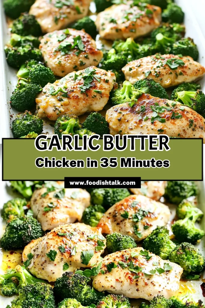 Whip up a delicious Sheet Pan Garlic Butter Chicken & Broccoli in just 35 minutes! This easy recipe combines tender chicken breasts and crisp broccoli, all perfectly seasoned with a flavorful garlic butter marinade. Ideal for busy weeknights, it’s a tasty and healthy meal the whole family will love. Ready to savor this simple one-pan wonder? Click through for the full recipe and bring some zest into your kitchen! #GarlicButterChicken #OnePanMeals #HealthyRecipes #EasyDinnerIdeas
