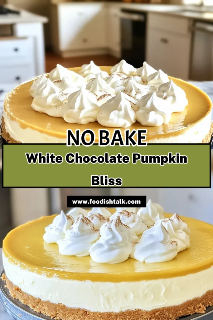 Indulge in the fall flavors with this No Bake White Chocolate Pumpkin Cheesecake! Quick to prepare and bursting with creamy pumpkin goodness, this dessert is perfect for gatherings or a cozy night in. With simple ingredients and easy steps, you can impress your guests and satisfy your sweet tooth. Don’t wait! Click to explore the full recipe and treat yourself to this seasonal delight! #PumpkinCheesecake #NoBakeDessert #FallRecipes #WhiteChocolateDessert