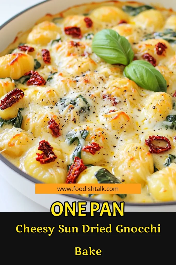 Indulge in this One-Pan Creamy Sun-Dried Tomato Gnocchi Bake that's bursting with flavor! This easy recipe combines tender gnocchi, sun-dried tomatoes, fresh spinach, and creamy cheeses for a comforting meal in just one skillet. Perfect for busy weeknights, it’s a delicious way to impress family and friends. Click through for the full recipe and enjoy a taste of comfort! #Gnocchi #OnePanRecipe #CreamyPasta #EasyDinner