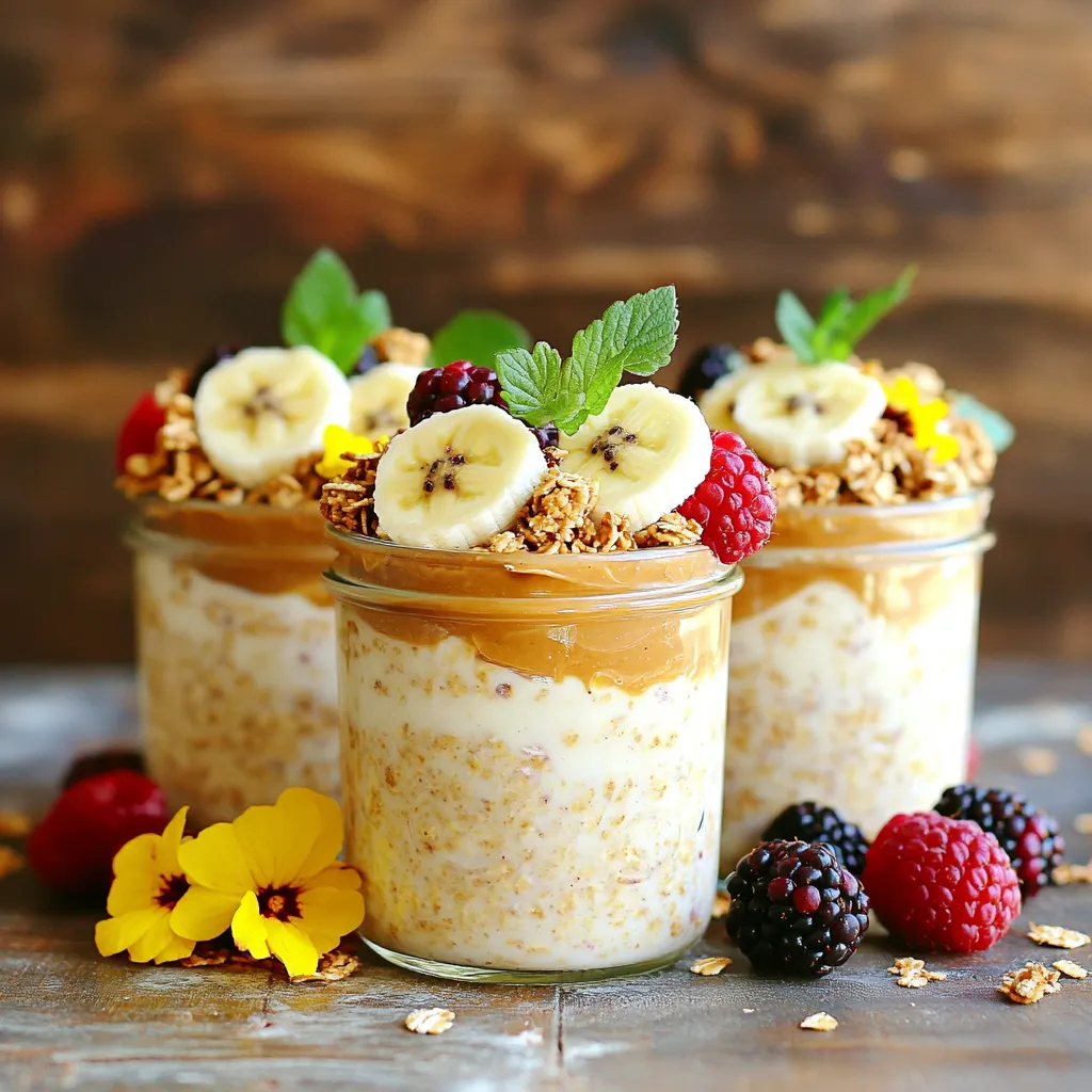 - 1 cup rolled oats - 2 cups almond milk (or any milk of choice) - 2 tablespoons almond butter - 1 tablespoon chia seeds - 1 tablespoon maple syrup (or honey) - 1 teaspoon vanilla extract - A pinch of salt - Fresh fruits for topping (such as banana, berries, or sliced apple) - Crushed nuts or granola for topping (optional) These ingredients create a tasty breakfast. The rolled oats are the base. Almond milk adds creaminess. Almond butter gives a nutty flavor and healthy fats. Chia seeds add fiber and a nice texture. Maple syrup or honey sweetens the dish. Vanilla extract brings warmth. A pinch of salt enhances all the flavors. Fresh fruits add color and nutrition. You can top it with crushed nuts or granola for crunch. I love how these simple ingredients come together. It feels like a treat, yet it's healthy. You can mix and match toppings to suit your taste. This recipe makes breakfast easy and fun! 1. First, take a mixing bowl. Add 1 cup rolled oats and 2 cups almond milk. Pour in 2 tablespoons almond butter, 1 tablespoon chia seeds, 1 tablespoon maple syrup, 1 teaspoon vanilla extract, and a pinch of salt. 2. Use a whisk to mix everything well. Make sure the almond butter blends smoothly into the liquid. 3. Next, divide this mixture evenly into two jars. Choose jars with lids to keep them sealed. 1. Now, seal the jars tightly. Place them in the refrigerator overnight. If you don’t have that long, let them soak for at least 4 hours. 2. Soaking helps the oats absorb the liquid. This makes them soft and creamy. You will love the texture in the morning. 1. In the morning, take the jars out of the fridge. Give the oats a good stir to mix them again. If they are too thick, add a splash of almond milk. 2. Top your oats with fresh fruits. You can use bananas, berries, or sliced apples. For some crunch, add crushed nuts or granola on top. 3. Enjoy your tasty Almond Butter Overnight Oats right from the jar. You can also transfer them to a bowl if you like! To make great almond butter overnight oats, mix well. Use a whisk to combine all ingredients. This helps the almond butter blend smoothly into the mix. If you find your oats too thick, add a splash of almond milk. This will help reach your desired consistency. Spices can take your oats to the next level. Adding a pinch of cinnamon gives warmth and depth. You can also adjust the sweetness. If you like it sweeter, add more maple syrup or honey. Taste as you go to find what you love. Batch preparation is a game-changer. Make a few jars at once for the week. This way, you have breakfast ready to go. If you need a quick option, use the microwave. Cook rolled oats with almond milk for about two minutes. This gives you a warm, comforting bowl in no time. {{image_2}} You can change the flavor of your almond butter overnight oats to make them unique. - Chocolate almond butter version: Add 2 tablespoons of cocoa powder to the oats. This gives a rich, chocolatey taste. You can also add mini chocolate chips for extra sweetness. - Nutty fruit blend option: Mix in chopped nuts like walnuts or pecans with your oats. You can also add dried fruits like raisins or cranberries for a chewy bite. This recipe is easy to modify for different diets. - Vegan and gluten-free options: Use almond milk and certified gluten-free oats to keep it vegan and gluten-free. This way, everyone can enjoy it without worry. - Low-carb variations: Replace oats with chia seeds or flaxseed meal. This keeps the dish low in carbs but still filling. Toppings make your overnight oats even better. - Different fruits and their benefits: Fresh fruits like bananas, berries, or apples add flavor and nutrients. For example, bananas are high in potassium, while berries are full of antioxidants. - Incorporating superfoods like hemp seeds: Sprinkle hemp seeds on top for extra protein and omega-3 fatty acids. They add a nice crunch and boost the health benefits of your meal. When storing your Almond Butter Overnight Oats, I recommend using glass jars. Glass keeps your oats fresh and free from unwanted smells. Plastic containers can absorb odors. Make sure to choose jars with tight-fitting lids. This helps seal in freshness and keeps your oats safe from spills. To ensure they stay fresh, always seal the jars tightly. If you do not have glass jars, use plastic containers that can close securely. This step is key to keeping your oats tasty and safe. Your Almond Butter Overnight Oats can last up to five days in the fridge. This gives you plenty of time to enjoy them. However, always check for signs of spoilage. If the oats look watery or have an off smell, it's best to throw them away. Freshness is important for taste and safety. If you prefer warm oats, you can easily reheat them. Just transfer the oats to a microwave-safe bowl. Heat them in short bursts of 30 seconds. Stir in between to ensure even heating. To avoid texture loss, add a splash of almond milk before reheating. This keeps the oats creamy and smooth. Enjoy your warm oats just like you would fresh! Yes, you can use many kinds of milk. Almond milk makes this dish creamy and nutty. You can also try oat milk, coconut milk, or soy milk. Each type has its own taste. For instance, coconut milk adds a tropical flavor. Using regular cow's milk works well too. Just remember, each milk choice changes the final taste a bit. You should soak the oats for at least 4 hours. This helps them soften. Overnight soaking is best for a creamy texture. Longer soaking means better absorption of flavors too. Soaking also makes the oats easier to digest. If you are short on time, a minimum of 30 minutes works. Yes, this recipe is great for meal prep. You can make multiple servings at once. Just double or triple the ingredients. Divide the mixture into jars. Seal them tightly and store in the fridge. They will last for about 3 days. This way, you have a quick breakfast ready for busy mornings. Absolutely! You can adjust the sweetness to your taste. Use maple syrup for a rich flavor. Honey is another good option. If you want less sugar, try mashed banana or unsweetened applesauce. You can also skip sweeteners altogether. Taste the oats before serving and add more if needed. In this post, we explored a simple overnight oats recipe. You learned the key ingredients, the easy steps to prepare them, and how to store them well. We also shared tips for making them taste great and highlighted fun variations. Overnight oats are simple, tasty, and great for your health. You can mix flavors and toppings to suit your taste. Enjoy experimenting and finding your perfect bowl!